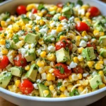 - 8 ounces whole grain pasta (penne or fusilli) - 1 cup fresh corn kernels (or frozen, thawed) - 1 red bell pepper, diced - ½ red onion, finely chopped - 1 avocado, diced - ½ cup cherry tomatoes, halved - ¼ cup fresh cilantro, chopped - 2 tablespoons lime juice - 1 tablespoon olive oil - 1 teaspoon chili powder - Salt and pepper to taste - Crumbled feta cheese for garnish (optional) This Healthy Street Corn Pasta Salad is as vibrant as it is tasty. The ingredients provide a mix of colors and flavors. Each bite gives you a fresh crunch and a burst of flavor. You get whole grain pasta as a base, which adds fiber. Fresh corn brings sweetness, while red bell pepper adds a nice crunch. The red onion gives it a slight bite, and avocado adds creaminess. Cherry tomatoes bring juiciness, and cilantro offers an herbal touch. Lime juice and olive oil create a bright dressing. Chili powder adds just enough heat to make it exciting. This dish is not just pretty; it's packed with nutrients. Whole grain pasta is great for energy. Corn and peppers provide vitamins. Avocado adds healthy fats, and the tomatoes and cilantro are full of antioxidants. Each serving has about 250 calories, making it a light yet filling meal. You get a great mix of vitamins A and C from the veggies. This salad is perfect for a picnic or a quick lunch. You can find the Full Recipe to make this dish at home. To cook the pasta al dente, bring a pot of salted water to a boil. Add the whole grain pasta and cook it according to the package instructions. Stir the pasta occasionally. You want it firm but not hard. This should take about 8-10 minutes. Once cooked, drain the pasta in a colander. Rinse it with cold water right away. This stops the cooking process and helps keep the pasta from getting sticky. In a large mixing bowl, combine the cooked pasta with fresh corn, diced red bell pepper, chopped red onion, diced avocado, and halved cherry tomatoes. Each ingredient adds flavor and color. Next, create the dressing in a separate small bowl. Whisk together lime juice, olive oil, chili powder, salt, and pepper. This dressing brings all the flavors together. Now it’s time to toss the salad. Pour the dressing over the salad mixture and gently mix everything. This ensures each bite has great flavor. Fold in chopped cilantro for an extra fresh touch. If you like, sprinkle crumbled feta cheese on top before serving. For a beautiful presentation, serve the salad in a large bowl or on individual plates. Garnish with extra cilantro and a lime wedge. This adds a lovely pop of color and flavor. Enjoy your Healthy Street Corn Pasta Salad! For the full recipe, check out the details above. How to choose ripe avocados When picking avocados, look for ones that feel slightly soft. Gently squeeze them. If they yield to gentle pressure, they are ripe and ready to eat. Avoid hard avocados, as they need more time to ripen. If you buy hard ones, leave them on the counter for a few days. Once ripe, store them in the fridge to slow down the ripening process. Benefits of using fresh corn Fresh corn adds a sweet crunch to the salad. It tastes better than canned corn and has more nutrients. It also gives a nice pop of color. Corn is a good source of vitamins and fiber. If fresh corn is not in season, frozen corn works well too. Just make sure to thaw and drain it before using. Adding proteins (chicken, beans) You can make this salad more filling by adding proteins. Grilled chicken is a great option. Shredded rotisserie chicken works well too. If you want a meat-free option, try black beans or chickpeas. They add protein and fiber without extra fat. Adjusting spice level If you like heat, add more chili powder or diced jalapeños. For a milder taste, use less chili powder. You can also add a touch of smoked paprika for a smoky flavor. Taste as you go and adjust to your liking. Best practices for meal prep This salad is perfect for meal prep. You can cook the pasta and chop the veggies ahead of time. Store them in separate containers in the fridge. Mix them together just before serving to keep everything fresh and crunchy. How to keep ingredients fresh To keep ingredients fresh, store the dressing separately. Add it to the salad right before you eat. This way, the salad won’t get soggy. If you use avocado, add it last. This prevents browning and keeps the salad looking vibrant. For the full recipe, check below. {{image_2}} You can easily make this salad fit your needs. For a vegetarian option, substitute the feta cheese with a tangy vegan cheese. Look for one made from nuts or tofu. This change keeps the creamy texture without the dairy. For vegan dressing, use cashew yogurt or tahini instead of traditional dairy-based dressings. Both options add a nice creaminess. Just blend them with lime juice, garlic, and a touch of salt for a tasty twist. Embrace the seasons with fresh veggies! In spring, toss in peas or asparagus for a sweet crunch. Summer is perfect for adding zucchini or bell peppers. In fall, roasted butternut squash adds warmth and depth. Choose your favorite seasonal vegetables to keep it fresh. You can also switch up the pasta type. Try chickpea or lentil pasta for protein. Or use gluten-free pasta if needed. Each option brings a new flavor to your dish. To elevate your salad, spice it up! Try adding cumin or smoked paprika for a deeper taste. Fresh herbs like basil or mint can bring brightness. Mix and match herbs to fit your mood. You can also explore global flavors. Add a splash of soy sauce for an Asian twist or toss in some taco seasoning for a Mexican flair. These small changes can transform your salad into something exciting. To keep your Healthy Street Corn Pasta Salad fresh, store leftovers in the fridge. Place the salad in an airtight container. This helps keep moisture in. Use glass or BPA-free plastic containers. They seal well and make it easy to see what's inside. In the fridge, your pasta salad lasts about three days. After that, the veggies may get soggy. You can freeze the salad, but it’s not ideal. Freezing may change the texture of the pasta and veggies. If you choose to freeze it, eat it within a month. To reheat your pasta salad, use the microwave. Heat in short bursts of 30 seconds. Stir between each burst. This helps warm evenly. Avoid reheating for too long to keep the texture nice. If you want to eat it cold, just toss it with a little olive oil. This keeps it from getting soggy. Enjoy your vibrant dish! For the full recipe, check out the Healthy Street Corn Pasta Salad. Can I use canned corn? Yes, you can use canned corn. Just drain and rinse it before adding. Fresh corn has a great crunch, but canned corn works well too. Is this recipe gluten-free? No, this recipe is not gluten-free. Whole grain pasta contains gluten. You can use gluten-free pasta for a safe option. How many servings does the recipe yield? This recipe yields four servings. It is perfect for a small gathering or meal prep. Can I prepare this salad the night before? Yes, you can make this salad the night before. Just keep the dressing separate until serving. This keeps the salad fresh and crunchy. What can I pair with this pasta salad? This pasta salad pairs well with grilled chicken or fish. It also works great as a side dish for tacos or burgers. Can I substitute whole grain pasta with regular pasta? Yes, you can substitute regular pasta for whole grain. Just keep an eye on the cooking time, as it may differ. What other dressings can I use? You can use ranch, balsamic vinaigrette, or a simple olive oil and vinegar mix. Choose a dressing that suits your taste. This blog post detailed a tasty and healthy street corn pasta salad. We explored each ingredient and its benefits, along with step-by-step cooking instructions. Tips for perfecting the salad were included, as well as customization options for varying diets. I shared storage information to help keep leftovers fresh. Enjoy creating this dish. It fits many tastes and occasions. Share it with family and friends for the best experience. You can make it your own!