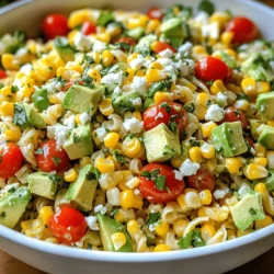 - 8 ounces whole grain pasta (penne or fusilli) - 1 cup fresh corn kernels (or frozen, thawed) - 1 red bell pepper, diced - 1/2 red onion, finely chopped - 1 avocado, diced - 1/2 cup cherry tomatoes, halved - 1/4 cup fresh cilantro, chopped - 2 tablespoons lime juice - 1 tablespoon olive oil - 1 teaspoon chili powder - Salt and pepper to taste - Crumbled feta cheese for garnish (optional) This Healthy Street Corn Pasta Salad is as vibrant as it is tasty. The ingredients provide a mix of colors and flavors. Each bite gives you a fresh crunch and a burst of flavor. You get whole grain pasta as a base, which adds fiber. Fresh corn brings sweetness, while red bell pepper adds a nice crunch. The red onion gives it a slight bite, and avocado adds creaminess. Cherry tomatoes bring juiciness, and cilantro offers an herbal touch. Lime juice and olive oil create a bright dressing. Chili powder adds just enough heat to make it exciting. This dish is not just pretty; it's packed with nutrients. Whole grain pasta is great for energy. Corn and peppers provide vitamins. Avocado adds healthy fats, and the tomatoes and cilantro are full of antioxidants. Each serving has about 250 calories, making it a light yet filling meal. You get a great mix of vitamins A and C from the veggies. This salad is perfect for a picnic or a quick lunch. You can find the Full Recipe to make this dish at home. To cook the pasta al dente, bring a pot of salted water to a boil. Add the whole grain pasta and cook it according to the package instructions. Stir the pasta occasionally. You want it firm but not hard. This should take about 8-10 minutes. Once cooked, drain the pasta in a colander. Rinse it with cold water right away. This stops the cooking process and helps keep the pasta from getting sticky. In a large mixing bowl, combine the cooked pasta with fresh corn, diced red bell pepper, chopped red onion, diced avocado, and halved cherry tomatoes. Each ingredient adds flavor and color. Next, create the dressing in a separate small bowl. Whisk together lime juice, olive oil, chili powder, salt, and pepper. This dressing brings all the flavors together. Now it’s time to toss the salad. Pour the dressing over the salad mixture and gently mix everything. This ensures each bite has great flavor. Fold in chopped cilantro for an extra fresh touch. If you like, sprinkle crumbled feta cheese on top before serving. For a beautiful presentation, serve the salad in a large bowl or on individual plates. Garnish with extra cilantro and a lime wedge. This adds a lovely pop of color and flavor. Enjoy your Healthy Street Corn Pasta Salad! For the full recipe, check out the details above. How to choose ripe avocados When picking avocados, look for ones that feel slightly soft. Gently squeeze them. If they yield to gentle pressure, they are ripe and ready to eat. Avoid hard avocados, as they need more time to ripen. If you buy hard ones, leave them on the counter for a few days. Once ripe, store them in the fridge to slow down the ripening process. Benefits of using fresh corn Fresh corn adds a sweet crunch to the salad. It tastes better than canned corn and has more nutrients. It also gives a nice pop of color. Corn is a good source of vitamins and fiber. If fresh corn is not in season, frozen corn works well too. Just make sure to thaw and drain it before using. Adding proteins (chicken, beans) You can make this salad more filling by adding proteins. Grilled chicken is a great option. Shredded rotisserie chicken works well too. If you want a meat-free option, try black beans or chickpeas. They add protein and fiber without extra fat. Adjusting spice level If you like heat, add more chili powder or diced jalapeños. For a milder taste, use less chili powder. You can also add a touch of smoked paprika for a smoky flavor. Taste as you go and adjust to your liking. Best practices for meal prep This salad is perfect for meal prep. You can cook the pasta and chop the veggies ahead of time. Store them in separate containers in the fridge. Mix them together just before serving to keep everything fresh and crunchy. How to keep ingredients fresh To keep ingredients fresh, store the dressing separately. Add it to the salad right before you eat. This way, the salad won’t get soggy. If you use avocado, add it last. This prevents browning and keeps the salad looking vibrant. For the full recipe, check below. {{image_2}} You can easily make this salad fit your needs. For a vegetarian option, substitute the feta cheese with a tangy vegan cheese. Look for one made from nuts or tofu. This change keeps the creamy texture without the dairy. For vegan dressing, use cashew yogurt or tahini instead of traditional dairy-based dressings. Both options add a nice creaminess. Just blend them with lime juice, garlic, and a touch of salt for a tasty twist. Embrace the seasons with fresh veggies! In spring, toss in peas or asparagus for a sweet crunch. Summer is perfect for adding zucchini or bell peppers. In fall, roasted butternut squash adds warmth and depth. Choose your favorite seasonal vegetables to keep it fresh. You can also switch up the pasta type. Try chickpea or lentil pasta for protein. Or use gluten-free pasta if needed. Each option brings a new flavor to your dish. To elevate your salad, spice it up! Try adding cumin or smoked paprika for a deeper taste. Fresh herbs like basil or mint can bring brightness. Mix and match herbs to fit your mood. You can also explore global flavors. Add a splash of soy sauce for an Asian twist or toss in some taco seasoning for a Mexican flair. These small changes can transform your salad into something exciting. To keep your Healthy Street Corn Pasta Salad fresh, store leftovers in the fridge. Place the salad in an airtight container. This helps keep moisture in. Use glass or BPA-free plastic containers. They seal well and make it easy to see what's inside. In the fridge, your pasta salad lasts about three days. After that, the veggies may get soggy. You can freeze the salad, but it’s not ideal. Freezing may change the texture of the pasta and veggies. If you choose to freeze it, eat it within a month. To reheat your pasta salad, use the microwave. Heat in short bursts of 30 seconds. Stir between each burst. This helps warm evenly. Avoid reheating for too long to keep the texture nice. If you want to eat it cold, just toss it with a little olive oil. This keeps it from getting soggy. Enjoy your vibrant dish! For the full recipe, check out the Healthy Street Corn Pasta Salad. Can I use canned corn? Yes, you can use canned corn. Just drain and rinse it before adding. Fresh corn has a great crunch, but canned corn works well too. Is this recipe gluten-free? No, this recipe is not gluten-free. Whole grain pasta contains gluten. You can use gluten-free pasta for a safe option. How many servings does the recipe yield? This recipe yields four servings. It is perfect for a small gathering or meal prep. Can I prepare this salad the night before? Yes, you can make this salad the night before. Just keep the dressing separate until serving. This keeps the salad fresh and crunchy. What can I pair with this pasta salad? This pasta salad pairs well with grilled chicken or fish. It also works great as a side dish for tacos or burgers. Can I substitute whole grain pasta with regular pasta? Yes, you can substitute regular pasta for whole grain. Just keep an eye on the cooking time, as it may differ. What other dressings can I use? You can use ranch, balsamic vinaigrette, or a simple olive oil and vinegar mix. Choose a dressing that suits your taste. This blog post detailed a tasty and healthy street corn pasta salad. We explored each ingredient and its benefits, along with step-by-step cooking instructions. Tips for perfecting the salad were included, as well as customization options for varying diets. I shared storage information to help keep leftovers fresh. Enjoy creating this dish. It fits many tastes and occasions. Share it with family and friends for the best experience. You can make it your own!
