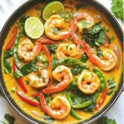Coconut curry shrimp is a simple dish made with shrimp and coconut milk. It has a rich flavor and a creamy texture. You can make it in just 25 minutes! - 1 lb large shrimp, peeled and deveined - 1 can (13.5 oz) coconut milk - 2 tablespoons red curry paste - 1 tablespoon ginger, grated - 3 cloves garlic, minced - 1 tablespoon fish sauce (or soy sauce for a vegetarian option) - 1 tablespoon brown sugar - 1 bell pepper (red or yellow), sliced - 1 cup snap peas - 2 cups baby spinach - 2 tablespoons vegetable oil - Juice of 1 lime - Fresh cilantro, for garnish - Cooked jasmine rice, for serving These ingredients create a wonderful balance of flavors. The shrimp absorbs the delicious coconut milk and curry paste. The ginger and garlic add depth, while the lime juice brightens the dish. You can add more vegetables to your curry. Try carrots, broccoli, or mushrooms. If you like heat, add sliced jalapeños or red pepper flakes. You can also switch the shrimp for chicken or tofu. This recipe is very flexible! Experiment to find what you enjoy most. Start by heating the vegetable oil in a large skillet over medium heat. Add the grated ginger and minced garlic. Sauté them for about one minute. You want them to smell great but not burn. This step builds a strong base for your coconut curry shrimp. Next, stir in the red curry paste. Cook it for another minute to deepen the flavors. Then, pour in the coconut milk. Bring it to a gentle simmer while stirring to mix it well. Add the fish sauce and brown sugar, stirring until the sugar dissolves completely. This sauce will be rich and creamy, perfect for the shrimp. Once your sauce is ready, add the sliced bell pepper and snap peas. Cook these for about three to four minutes until they start to soften. Increase the heat slightly, then add the shrimp. Cook them until they turn pink, which should take about three to five minutes. Finally, stir in the baby spinach and lime juice. Cook just until the spinach wilts. Taste your dish and adjust the seasoning if needed. Serve the coconut curry shrimp over jasmine rice. Garnish with fresh cilantro for a burst of flavor. For the complete instructions, check out the Full Recipe. Enjoy this easy and tasty meal! When picking shrimp, look for a few key signs. Fresh shrimp should smell like the sea, not fishy. The shells should be shiny and clean. If the shrimp are whole, check for clear eyes. Avoid any that feel slimy or have dark spots. Buying shrimp with the shell on can keep them fresh longer. To get the right texture in your curry, use full-fat coconut milk. This gives a rich, creamy base. Stir the coconut milk well before adding it to the pan. If your curry is too thick, add a bit of water or broth. If it's too thin, let it simmer longer to thicken. Remember to taste as you go. Adjust the flavors until it feels just right. One common mistake is overcooking shrimp. They cook quickly and should turn pink. If you cook them too long, they can become tough. Another mistake is not balancing flavors. Make sure you taste and adjust saltiness or sweetness. Lastly, don't skip the lime juice. It brightens the dish and adds a needed zing. For more tips, check the Full Recipe for Coconut Curry Shrimp. {{image_2}} You can easily turn this dish into a vegetarian delight. Swap the shrimp for tofu or chickpeas. Tofu soaks up the curry flavors well. Choose firm tofu and cut it into cubes. For chickpeas, use canned ones that are rinsed. You can keep all the other ingredients from the original recipe. The coconut milk and curry paste will make it rich and tasty. Want to change the heat level? You can easily adjust the spice. For less heat, use less red curry paste. Start with one tablespoon instead of two. If you love spice, add more curry paste or a pinch of cayenne pepper. You can also add fresh chili peppers for a kick. Remember to taste as you go to find your perfect balance. Feel free to mix in other vegetables to add more color and flavor. Broccoli, carrots, or zucchini work well in this dish. Just chop them into bite-sized pieces. Add them to the skillet when you add the bell peppers. This way, they will cook evenly. You can also toss in some mushrooms for an earthy taste. The more veggies you add, the more nutrients you'll get. To keep your coconut curry shrimp fresh, store it in an airtight container. Make sure to cool it down first. Place it in the fridge if you plan to eat it within three days. If you have more left, freezing is a good option. Reheating is easy. Place the shrimp in a skillet over low heat. Stir gently to avoid breaking the shrimp. You can also use the microwave. Heat in short bursts for about 1-2 minutes. Check often to avoid overcooking. To freeze, let the dish cool completely. Then, transfer it to a freezer-safe bag or container. Remove as much air as possible to prevent freezer burn. It can last up to three months. When you're ready to eat, thaw it in the fridge overnight. Yes, you can use frozen shrimp! Just make sure to thaw them first. Place them in cold water for about 15-20 minutes. This helps them cook evenly. Using frozen shrimp can save you time. They are often just as good as fresh shrimp. If you need a substitute for coconut milk, try using almond milk or soy milk. You can also mix milk with a bit of coconut extract. This gives a nice coconut flavor. However, the texture may change slightly. Keep in mind that almond milk will be thinner than coconut milk. To make Coconut Curry Shrimp less spicy, simply reduce the amount of red curry paste. You can start with one tablespoon instead of two. Adding more coconut milk will also cool down the heat. If you want, add a bit of sugar for balance. This will soften the spice while keeping the flavor. Coconut curry shrimp is flavorful and easy to make. We covered essential ingredients, step-by-step cooking, and helpful tips. You can even customize it with different veggies or spice levels. Remember to choose fresh shrimp and avoid common mistakes for the best results. Storing leftovers is simple, and reheating keeps the taste vibrant. This dish offers endless options to enjoy. Dive in and make it your own!