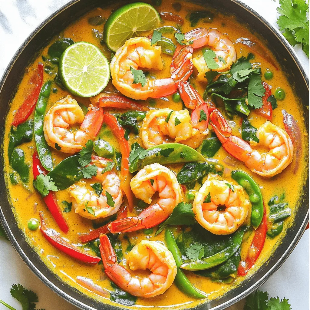 Coconut curry shrimp is a simple dish made with shrimp and coconut milk. It has a rich flavor and a creamy texture. You can make it in just 25 minutes! - 1 lb large shrimp, peeled and deveined - 1 can (13.5 oz) coconut milk - 2 tablespoons red curry paste - 1 tablespoon ginger, grated - 3 cloves garlic, minced - 1 tablespoon fish sauce (or soy sauce for a vegetarian option) - 1 tablespoon brown sugar - 1 bell pepper (red or yellow), sliced - 1 cup snap peas - 2 cups baby spinach - 2 tablespoons vegetable oil - Juice of 1 lime - Fresh cilantro, for garnish - Cooked jasmine rice, for serving These ingredients create a wonderful balance of flavors. The shrimp absorbs the delicious coconut milk and curry paste. The ginger and garlic add depth, while the lime juice brightens the dish. You can add more vegetables to your curry. Try carrots, broccoli, or mushrooms. If you like heat, add sliced jalapeños or red pepper flakes. You can also switch the shrimp for chicken or tofu. This recipe is very flexible! Experiment to find what you enjoy most. Start by heating the vegetable oil in a large skillet over medium heat. Add the grated ginger and minced garlic. Sauté them for about one minute. You want them to smell great but not burn. This step builds a strong base for your coconut curry shrimp. Next, stir in the red curry paste. Cook it for another minute to deepen the flavors. Then, pour in the coconut milk. Bring it to a gentle simmer while stirring to mix it well. Add the fish sauce and brown sugar, stirring until the sugar dissolves completely. This sauce will be rich and creamy, perfect for the shrimp. Once your sauce is ready, add the sliced bell pepper and snap peas. Cook these for about three to four minutes until they start to soften. Increase the heat slightly, then add the shrimp. Cook them until they turn pink, which should take about three to five minutes. Finally, stir in the baby spinach and lime juice. Cook just until the spinach wilts. Taste your dish and adjust the seasoning if needed. Serve the coconut curry shrimp over jasmine rice. Garnish with fresh cilantro for a burst of flavor. For the complete instructions, check out the Full Recipe. Enjoy this easy and tasty meal! When picking shrimp, look for a few key signs. Fresh shrimp should smell like the sea, not fishy. The shells should be shiny and clean. If the shrimp are whole, check for clear eyes. Avoid any that feel slimy or have dark spots. Buying shrimp with the shell on can keep them fresh longer. To get the right texture in your curry, use full-fat coconut milk. This gives a rich, creamy base. Stir the coconut milk well before adding it to the pan. If your curry is too thick, add a bit of water or broth. If it's too thin, let it simmer longer to thicken. Remember to taste as you go. Adjust the flavors until it feels just right. One common mistake is overcooking shrimp. They cook quickly and should turn pink. If you cook them too long, they can become tough. Another mistake is not balancing flavors. Make sure you taste and adjust saltiness or sweetness. Lastly, don't skip the lime juice. It brightens the dish and adds a needed zing. For more tips, check the Full Recipe for Coconut Curry Shrimp. {{image_2}} You can easily turn this dish into a vegetarian delight. Swap the shrimp for tofu or chickpeas. Tofu soaks up the curry flavors well. Choose firm tofu and cut it into cubes. For chickpeas, use canned ones that are rinsed. You can keep all the other ingredients from the original recipe. The coconut milk and curry paste will make it rich and tasty. Want to change the heat level? You can easily adjust the spice. For less heat, use less red curry paste. Start with one tablespoon instead of two. If you love spice, add more curry paste or a pinch of cayenne pepper. You can also add fresh chili peppers for a kick. Remember to taste as you go to find your perfect balance. Feel free to mix in other vegetables to add more color and flavor. Broccoli, carrots, or zucchini work well in this dish. Just chop them into bite-sized pieces. Add them to the skillet when you add the bell peppers. This way, they will cook evenly. You can also toss in some mushrooms for an earthy taste. The more veggies you add, the more nutrients you'll get. To keep your coconut curry shrimp fresh, store it in an airtight container. Make sure to cool it down first. Place it in the fridge if you plan to eat it within three days. If you have more left, freezing is a good option. Reheating is easy. Place the shrimp in a skillet over low heat. Stir gently to avoid breaking the shrimp. You can also use the microwave. Heat in short bursts for about 1-2 minutes. Check often to avoid overcooking. To freeze, let the dish cool completely. Then, transfer it to a freezer-safe bag or container. Remove as much air as possible to prevent freezer burn. It can last up to three months. When you're ready to eat, thaw it in the fridge overnight. Yes, you can use frozen shrimp! Just make sure to thaw them first. Place them in cold water for about 15-20 minutes. This helps them cook evenly. Using frozen shrimp can save you time. They are often just as good as fresh shrimp. If you need a substitute for coconut milk, try using almond milk or soy milk. You can also mix milk with a bit of coconut extract. This gives a nice coconut flavor. However, the texture may change slightly. Keep in mind that almond milk will be thinner than coconut milk. To make Coconut Curry Shrimp less spicy, simply reduce the amount of red curry paste. You can start with one tablespoon instead of two. Adding more coconut milk will also cool down the heat. If you want, add a bit of sugar for balance. This will soften the spice while keeping the flavor. Coconut curry shrimp is flavorful and easy to make. We covered essential ingredients, step-by-step cooking, and helpful tips. You can even customize it with different veggies or spice levels. Remember to choose fresh shrimp and avoid common mistakes for the best results. Storing leftovers is simple, and reheating keeps the taste vibrant. This dish offers endless options to enjoy. Dive in and make it your own!