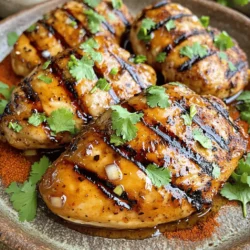 - 4 boneless, skinless chicken breasts - 2 tablespoons chipotle peppers in adobo sauce, minced - 3 tablespoons honey - 2 tablespoons fresh lime juice - 1 tablespoon garlic powder - 1 teaspoon ground cumin - 1 teaspoon smoked paprika - Salt and pepper to taste - 2 tablespoons olive oil - Fresh cilantro, chopped (for garnish) Each ingredient plays a key role in the flavor. Use fresh chicken for the best taste. Chipotle peppers bring the spice and smokiness. Honey adds sweetness, balancing the heat. Lime juice gives a fresh zing. Garlic powder, cumin, and smoked paprika layer the flavor. Adjust salt and pepper to fit your taste. Fresh ingredients make a big difference. Choose chicken breasts that are pink and firm. Check that your chipotle peppers are not expired. Use pure honey for natural sweetness. Fresh lime juice is best. Avoid bottled juice if you can. Get cilantro that is bright green and fragrant. Quality matters in every bite! To start, gather your ingredients. In a bowl, mix these items well: - 2 tablespoons chipotle peppers in adobo sauce, minced - 3 tablespoons honey - 2 tablespoons fresh lime juice - 1 tablespoon garlic powder - 1 teaspoon ground cumin - 1 teaspoon smoked paprika - Salt and pepper to taste This blend gives your chicken a sweet and smoky flavor. Make sure to mix until everything is smooth. A good marinade is key for tasty chicken. Now, it’s time to marinate the chicken. Place the 4 boneless, skinless chicken breasts in a large resealable plastic bag or a shallow dish. Pour your marinade over the chicken, making sure it's well coated. Seal the bag or cover the dish tightly. Let it marinate in the refrigerator for at least 30 minutes. If you have more time, let it sit for up to 2 hours. This will make the chicken extra flavorful. Preheat your grill or grill pan over medium-high heat. Brush it with 2 tablespoons of olive oil. This helps to keep the chicken from sticking. When the grill is ready, take the chicken out of the marinade. Let any excess marinade drip off, and be sure to discard the leftover marinade. Grill the chicken for 6-7 minutes on each side. You want it to reach an internal temperature of 165°F (75°C). This ensures the chicken is safe to eat. Plus, you’ll get those nice grill marks! Once done, remove the chicken from the grill. Let it rest for 5 minutes. This helps keep the juices inside. Then, slice the chicken and garnish it with fresh cilantro. Serve it up and enjoy this delicious Chipotle Honey Chicken! For the full recipe, check the section above. To get the best flavor, always marinate the chicken. Use a resealable bag or a dish. Let the chicken soak for at least 30 minutes. If you have time, marinate for two hours. This helps the spices blend in well. When grilling, preheat your grill. A hot grill gives better sear marks. Brush the grill with olive oil. This keeps the chicken from sticking. Grill the chicken for about 6-7 minutes on each side. Check the internal temperature. It should reach 165°F (75°C). This ensures the chicken is safe to eat. For a richer taste, try adding more chipotle peppers. If you like it sweet, add a bit more honey. Fresh lime juice brightens the dish. You can also mix in other spices like onion powder. Fresh herbs like cilantro add a nice touch. Add these right before serving for the best flavor. Consider serving with lime wedges. They add a fresh, zesty kick. Pair the chicken with grilled veggies for a colorful plate. You can also serve it with rice or tortillas. If the chicken is dry, it may be overcooked. Use a meat thermometer to check the temp. If you want juicier chicken, marinate longer. If the chicken tastes too spicy, add sour cream or yogurt. This cools down the heat. For uneven cooking, make sure the chicken breasts are even in size. You can pound them down to make them flat. This helps them cook evenly. If you run out of honey, brown sugar works too. It gives a nice sweetness without changing the flavor. For the full recipe, refer back to the instructions provided earlier. Enjoy your cooking! {{image_2}} If you crave more heat, try spicy chipotle honey chicken. Simply add extra chipotle peppers to the marinade. You can also mix in a splash of hot sauce. This twist brings a fiery kick to each bite. Adjust the level to fit your taste. The sweetness of honey balances the heat well. For a fun twist, turn your chipotle honey chicken into tacos. After grilling the chicken, slice it into strips. Warm your favorite tortillas. Fill them with chicken, fresh veggies, and avocado. Top with salsa or a squeeze of lime. These tacos pack a flavorful punch and are great for sharing. You can cook chipotle honey chicken in different ways. If you don’t have a grill, use your oven. Preheat it to 400°F (200°C). Place the marinated chicken on a baking sheet. Bake for 20-25 minutes or until cooked through. An air fryer is another great option. Set it to 375°F (190°C). Cook the chicken for about 15-20 minutes. Both methods yield juicy chicken with a nice crust. No matter how you cook it, the flavor remains fantastic. For the full recipe, check the details above and get ready to enjoy! After you enjoy your Chipotle Honey Chicken, store leftovers promptly. Let the chicken cool to room temperature first. Place it in an airtight container. This keeps the chicken fresh for up to three days in the fridge. If you have a lot, feel free to slice it. Sliced pieces chill faster and taste better later. When you're ready to eat the leftovers, reheating is easy. Preheat your oven to 350°F (175°C). Place the chicken on a baking sheet. Cover it with foil to keep it moist. Heat for about 15-20 minutes until warmed through. You can also use a microwave. Just heat in short bursts, checking often. This keeps the chicken juicy. If you want to save your Chipotle Honey Chicken for a long time, freezing works well. Wrap the chicken tightly in plastic wrap. Then, place it in a freezer bag. Remove as much air as possible. This helps prevent freezer burn. It will stay good for up to three months. To thaw, move it to the fridge overnight before reheating. Enjoy your delicious meal anytime! You can pair Chipotle Honey Chicken with many sides. I love serving it with rice. The rice soaks up the tasty juices. You can also add grilled veggies. Bell peppers and zucchini work great. A fresh salad adds crunch and balance. Try corn on the cob for a sweet touch. Tortillas are fun too; make wraps or tacos. Yes, you can use other proteins! This marinade works well with shrimp or pork. Both options grill nicely and soak up flavors. Just adjust cooking times. Shrimp cooks fast, about 2-3 minutes per side. Pork may take longer, around 8-10 minutes. You can also try tofu for a vegetarian option. Just press it first to remove excess water. To change the spice level, add or reduce chipotles. You can use just one tablespoon for less heat. For more spice, add in extra peppers. If you want a milder flavor, use smoked paprika. It gives a nice flavor without too much heat. Another option is to add honey to balance the spice. This will sweeten the dish and make it enjoyable. You learned about each step in making Chipotle Honey Chicken. We discussed ingredients, measurements, and tips for the best taste. Remember to keep your chicken fresh and quality high. Also, explore variations like tacos or spicy options for fun twists. Store leftovers properly and know how to reheat them. You can customize this meal to fit your taste. Enjoy cooking and sharing this dish with friends and family. It will surely impress everyone at the table.
