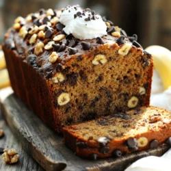 To make the best chocolate chip banana bread, you need simple, fresh ingredients. Here’s what you will need: - 3 ripe bananas, mashed - 1/2 cup unsalted butter, melted - 3/4 cup brown sugar - 1 large egg, beaten - 1 teaspoon vanilla extract - 1 teaspoon baking soda - Pinch of salt - 1 1/2 cups all-purpose flour - 1/2 cup dark chocolate chips - 1/4 cup chopped walnuts (optional) These ingredients are easy to find. The ripe bananas bring natural sweetness and moisture. The melted butter gives the bread a rich texture, while brown sugar adds depth. The dark chocolate chips melt beautifully, giving bursts of flavor in every bite. You can add walnuts for crunch, or leave them out if you prefer a smoother loaf. You can find the full recipe in the Choco-Banana Bliss Bread section. 1. Preheat your oven to 350°F (175°C). Grease and flour a 9x5-inch loaf pan. 2. In a large bowl, mash the ripe bananas. Add the melted butter and mix well. 3. Now, stir in the brown sugar, beaten egg, and vanilla extract. Whisk until smooth. 1. In a small bowl, combine the baking soda and a pinch of salt. 2. Gradually add this mixture to the wet ingredients. 3. Slowly fold in the all-purpose flour. Be gentle; don’t overmix! 1. Gently fold in the dark chocolate chips and walnuts if you want some crunch. 2. Pour the batter into the loaf pan and spread it evenly. 3. Bake in the oven for 55-60 minutes. Check for doneness with a toothpick. 4. Let it cool in the pan for about 10 minutes. Then, transfer it to a wire rack. This process makes a warm, tasty loaf that fills your kitchen with the best aroma. Enjoy your baking! For the complete recipe, check out the [Full Recipe]. To make the best banana bread, use ripe bananas. Look for ones that are brown and soft. This ensures a sweet and moist loaf. Remember not to overmix the batter. Stir just until the flour blends in. This keeps your bread light and fluffy. Slice the banana bread after it cools a bit. Serve it warm for the best taste. You can enjoy it plain or with a dollop of whipped cream. It also pairs nicely with coffee for a cozy treat. A big mistake is misjudging your oven's temperature. Always use an oven thermometer to check. This helps you bake the bread evenly. Also, be careful with measuring ingredients. Use a scale or measuring cups for accuracy. This will make a noticeable difference in your bread's texture. {{image_2}} You can easily change up your chocolate chip banana bread. If you want a nutty crunch, try adding walnuts or pecans. They add great flavor and texture. You can also use seeds like chia or sunflower for a healthy twist. Swapping chocolate types is another fun way to mix things up. Dark chocolate chips give a rich taste. Milk chocolate chips are sweeter and creamier. You can even use white chocolate chips for a different flavor. Adding spices can enhance your banana bread. Cinnamon adds warmth and depth. Nutmeg gives a cozy feel. Just a pinch of either can change the whole dish. Incorporating other fruits can also add freshness. Try diced apples or shredded zucchini. Both add moisture and flavor to your bread. You can even mash in some ripe pears for a sweet twist. If you want a healthier option, consider substituting whole wheat flour for all-purpose flour. This adds fiber and nutrients. Your banana bread will still taste great. You can also reduce the sugar content. Use less brown sugar or try honey or maple syrup instead. Both options will keep your bread sweet but lighter on sugar. To keep your chocolate chip banana bread fresh, store it properly. Let the bread cool before wrapping it. Use plastic wrap or aluminum foil to cover it tightly. This helps keep moisture in and prevents drying out. You can also use an airtight container. A glass or plastic container works well. Just make sure it’s sealed snugly. If you want to save some banana bread for later, freezing is a great option. First, let the bread cool completely. Then, slice the bread into pieces. Wrap each slice in plastic wrap. Place the wrapped slices in a freezer bag. Label the bag with the date. To thaw, take out a slice and leave it at room temperature for about an hour. You can also microwave it for a quick treat. Just heat it for 15-20 seconds. Enjoy it warm for a delicious taste! Banana bread stays fresh for a few days at room temperature. It lasts about 2-3 days in a cool place. If you keep it in the fridge, it can last up to a week. However, the cold may change its texture. For the best taste, I suggest eating it within a few days. If you freeze it, it can last up to three months. Just remember to label your storage containers! If you want to skip the egg, try using 1/4 cup of unsweetened applesauce. You can also use 1/2 ripe banana as a substitute. Both options keep the bread moist and tasty. Check for doneness by inserting a toothpick into the center. If it comes out clean, your banana bread is ready. You can also gently press the top. It should spring back if it's done. Yes! Frozen bananas work great in this recipe. Just thaw them before mashing. They will be softer and easier to mix in. This can also enhance the flavor of your bread. To ripen bananas fast, place them in a paper bag. The bag traps ethylene gas, which speeds up the ripening process. You can also put them in a warm spot, like on top of the fridge. If you need them really quick, bake them at 300°F (150°C) for about 15-20 minutes. You learned how to make banana bread with simple ingredients. I shared step-by-step instructions for perfect results. Remember to use ripe bananas and avoid overmixing. You can add nuts or change flavors, too. Proper storage keeps your bread fresh and tasty. Don’t forget, you may freeze it for later. With these tips, you'll bake delicious banana bread every time. Enjoy baking and share your yummy success with others!