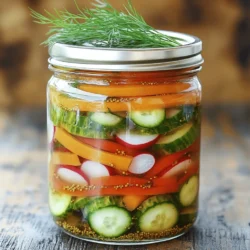 To make tangy pickled vegetables, you'll need: - 2 cups carrots, julienned - 2 cups cucumbers, sliced - 1 cup radishes, thinly sliced - 1 cup red bell pepper, sliced - 1 cup white vinegar - 1 cup water - 3 tablespoons sugar - 1 tablespoon salt - 1 teaspoon mustard seeds - 1 teaspoon coriander seeds - 1 teaspoon black peppercorns - 2 cloves garlic, minced You can mix it up with these options: - Fresh dill sprigs for garnish - Other veggies like green beans or cauliflower - Sliced jalapeños for heat - A splash of lemon juice for extra tang Having the right tools makes pickling easy: - Medium saucepan for heating the pickling liquid - Sharp knife and cutting board for prepping veggies - Clean glass jar or jars for storing - Measuring cups and spoons for accuracy - A spoon for layering and packing the vegetables With these ingredients and tools, you're all set to create your tangy pickled vegetables. Follow the Full Recipe for the complete process! Start by gathering your ingredients. In a medium saucepan, mix the vinegar, water, sugar, salt, mustard seeds, coriander seeds, and black peppercorns. Heat the mixture over medium heat. Stir until the sugar and salt dissolve. Once it boils, remove the pot from heat. Let it cool for about 10 minutes. This cooling step helps the flavors blend nicely. While the pickling liquid cools, prepare your vegetables. I love using fresh carrots, cucumbers, radishes, and red bell peppers. First, julienne the carrots. Slice the cucumbers, radishes, and red bell pepper into thin pieces. Aim for uniform sizes to ensure even pickling. This step makes the vegetables look appealing and ensures they soak up the pickling liquid well. Now, it’s time to layer the vegetables in a clean glass jar. If you like, you can use multiple jars for individual servings. Start with a layer of carrots, followed by cucumbers, radishes, and peppers. Add minced garlic between the layers for extra taste. Once you fill the jar, pour the cooled pickling liquid over the vegetables. Make sure they are fully submerged. Press down gently to remove any air bubbles. Seal the jar with a lid. Let it cool to room temperature before placing it in the fridge. For the best flavor, refrigerate for at least 24 hours. Your tangy pickled vegetables are now ready to enjoy! Check out the Full Recipe for more details. To get that tangy taste, use fresh ingredients. Fresh vegetables make a big difference. The balance of vinegar and sugar is key. For a stronger tang, add more vinegar. If you want it sweeter, increase the sugar a bit. Experiment to find your perfect mix! Always start with clean jars to avoid spoilage. Make sure your vegetables are cut evenly. This helps them pickle evenly. Layer the veggies tightly in the jar. This keeps them submerged in the liquid. The pickling liquid should cover all the veggies fully. This ensures they soak up all the flavors. Don't skip the cooling step for the pickling liquid. Pouring hot liquid on the veggies can make them limp. Use a sharp knife when cutting vegetables. This helps to keep their shape. Lastly, remember to wait at least 24 hours before tasting. This time allows the flavors to blend well. For the full recipe, check out Tangy Pickled Vegetables. {{image_2}} You can use many types of vegetables for pickling. Try green beans, cauliflower, or even zucchini. Each veggie brings its own taste and crunch. For a colorful mix, combine yellow squash and purple cabbage. You can also use leftover veggies in your fridge. Just remember to cut them into similar sizes for even pickling. Adding spices can make your pickled veggies even better. Try adding red pepper flakes for heat. If you love sweet flavors, add a few slices of ginger. You can also use fresh herbs like thyme or rosemary. Experimenting with spices lets you find your favorite flavor. Just be careful not to overdo it; too many spices can clash. Serving pickled vegetables can be fun and creative. Use them as a topping for tacos or sandwiches. They make a great side for grilled meats. You can also add them to salads for a zing. For a unique appetizer, serve them with cheese and crackers. The bright colors and tangy flavor will impress your guests. For the full recipe, check the other sections! Store your tangy pickled vegetables in clean glass jars. Make sure the jars have tight lids. Keep them in the refrigerator right after you make them. This helps keep them fresh and crisp. Always ensure the vegetables are submerged in the pickling liquid. If they float, press them down gently. Your pickled vegetables will stay good for up to two weeks in the fridge. After this time, the taste may change. They might become softer. For the best flavor, eat them within the first week. Check your pickled vegetables often. Look for any changes in color or texture. If you see mold or an off smell, that means they are spoiled. Do not eat them if you notice these signs. Always trust your senses; they guide you well in the kitchen! Yes, you can use other vinegars. Apple cider vinegar adds a fruity flavor. Rice vinegar gives a milder taste. White wine vinegar provides a nice balance. Experimenting with different vinegars can change the flavor of your pickled vegetables. Just keep in mind that the acidity level should be similar for safe pickling. Pickled vegetables can be healthy. They are low in calories and high in nutrients. You get vitamins from the veggies, and they can aid digestion. The fermentation process can also increase probiotics. However, watch out for the salt and sugar used in the recipe. Too much can lead to health issues. To change the sweetness, add or reduce sugar. Start with one tablespoon at a time. For more tang, increase the vinegar amount. A splash of citrus juice can also boost tanginess. Taste the pickling liquid before pouring it over the vegetables. That way, you can tweak it to your liking. In this article, we covered the key ingredients and step-by-step methods for pickling vegetables. You learned about essential tools, tips for perfect flavors, and ways to add variety. Remember to store your pickles correctly to keep them fresh. Pickling is fun and easy. Experiment with different veggies and spices to make it your own. Enjoy the crunch and flavor of your homemade pickles.