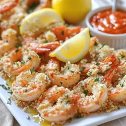 To make Oven Baked Crispy Garlic Shrimp, you'll need some key ingredients. Here’s what you need: - 1 pound large shrimp, peeled and deveined - 1 cup breadcrumbs (panko for extra crispiness) - 4 cloves garlic, minced - 1/4 cup grated Parmesan cheese - 2 tablespoons fresh parsley, finely chopped - 1 teaspoon paprika - 1/2 teaspoon salt - 1/4 teaspoon black pepper - 1/4 cup olive oil - Zest of 1 lemon These ingredients work together to give the shrimp a tasty, crunchy coating. The garlic and lemon zest add bright flavors that complement the shrimp. You can add extra flavor to your shrimp. Here are some great options: - A pinch of red pepper flakes for heat - A tablespoon of lemon juice for extra tang - A sprinkle of old bay seasoning for a coastal touch These additions can personalize the dish to suit your taste. Feel free to mix and match! If you have allergies or dietary needs, there are easy swaps. Here are a few: - Use gluten-free breadcrumbs if you need a gluten-free option. - Swap shrimp for chicken or tofu for different proteins. - Replace Parmesan cheese with nutritional yeast for a dairy-free option. Always check the labels to avoid allergens. These substitutions keep the dish delicious while catering to your needs. For the full recipe, you can refer to the earlier section. Start by gathering all your ingredients. This makes cooking smooth and fun. Preheat your oven to 400°F (200°C). Line a baking sheet with parchment paper. This step helps with easy cleanup. Make sure your shrimp are peeled and deveined. Rinse them under cool water and pat them dry with paper towels. The dryer the shrimp, the crispier they will be. In a large bowl, mix the breadcrumbs, minced garlic, Parmesan cheese, parsley, paprika, salt, and black pepper. Stir until everything is well combined. In another bowl, toss the shrimp with olive oil and lemon zest. This adds great flavor and helps the coating stick. Next, add the shrimp to the breadcrumb mix. Make sure each shrimp gets a good coat. Press the breadcrumbs onto the shrimp firmly to help them stay on during baking. Place the coated shrimp on the prepared baking sheet. Make sure they are in a single layer. This helps them bake evenly. Bake in the oven for 12-15 minutes. You will know they are done when the shrimp turn pink and the breadcrumbs look golden brown and crispy. Once baked, take them out and let them cool for a minute. Enjoy them hot for the best flavor! For the full recipe, check the details above. To make your shrimp extra crispy, use panko breadcrumbs. Panko has a light, airy texture that creates a great crunch. Be sure to coat the shrimp well with the breadcrumbs. Press them down to help them stick. Space the shrimp on the baking sheet. This allows hot air to circulate, which keeps them crispy. If you have leftovers, store them in an airtight container. This keeps them fresh for up to two days. Place a paper towel at the bottom of the container to absorb moisture. When you're ready to eat, you can reheat them in the oven for the best results. This will help keep the crispiness intact. One mistake is overcrowding the baking sheet. If the shrimp touch, they will steam instead of bake. Another error is not preheating the oven. Starting with a hot oven ensures the shrimp cook evenly and become crispy. Lastly, don’t skip the olive oil. It adds flavor and helps the breadcrumbs brown nicely. {{image_2}} You can change the taste of your crispy garlic shrimp by adding spices. Try cayenne pepper for heat. For a sweet touch, add a little brown sugar. You can also mix in some Italian herbs like oregano and basil. If you want a hint of zest, add lime juice or zest. Each spice brings a new flavor to your dish. This way, you can enjoy different meals from just one recipe. If you follow a low-carb diet, you can still enjoy this dish. Instead of breadcrumbs, use crushed pork rinds. They give you crunch without the carbs. You can also skip the Parmesan cheese or use a low-carb cheese. Serve the shrimp over zucchini noodles or cauliflower rice for a full meal. These swaps keep the dish tasty and fit your diet. To make this recipe gluten-free, use gluten-free breadcrumbs. Many brands offer good options on the market. You can also use almond flour as a replacement. It adds a nice texture and flavor. Always check the labels to avoid gluten in sauces or other added ingredients. This way, you can savor the dish without worry. For the full recipe, don’t forget to check the details above. Enjoy your cooking! To store your leftover Oven Baked Crispy Garlic Shrimp, let them cool down first. Place them in an airtight container. This helps keep them fresh. Store the container in the fridge for up to three days. Make sure to place a paper towel in the container. This absorbs any moisture and keeps the shrimp crispy. When you're ready to eat again, reheat the shrimp in the oven. Preheat your oven to 350°F (175°C). Spread the shrimp in a single layer on a baking sheet. Bake them for about 10 minutes. This method keeps them crispy. Avoid using the microwave as it makes them soggy. You can freeze Oven Baked Crispy Garlic Shrimp if you want to save some for later. Place the shrimp in a single layer on a baking sheet. Freeze them for about an hour until firm. Then, transfer the shrimp to a freezer bag. Squeeze out the air and seal it tightly. They can last up to three months in the freezer. When you're ready to cook, thaw them in the fridge overnight before reheating. This ensures they stay tasty. You can tell when shrimp are done by their color. They should turn pink and opaque. The shrimp will also curl into a "C" shape. If you see these signs, they are ready. The cooking time is usually 12 to 15 minutes. If you have doubts, use a meat thermometer. The shrimp should reach 120°F (49°C) for safety. Yes, you can use frozen shrimp! Just thaw them first. Place the shrimp in a bowl of cold water. Let them sit for about 15 minutes. After thawing, pat them dry with paper towels. This helps the coating stick better. Frozen shrimp work great for Oven Baked Crispy Garlic Shrimp. You can serve this dish with many sides. Here are some ideas: - Rice: White or brown rice works well. - Salad: A fresh green salad adds crunch. - Pasta: Tossed in olive oil or marinara sauce. - Bread: Garlic bread is a tasty option. - Veggies: Roasted or steamed veggies balance the meal. Making homemade breadcrumbs is easy! Here’s how: 1. Use bread: Start with stale bread or toast. 2. Cut: Tear the bread into small pieces. 3. Blend: Place the pieces in a food processor. 4. Pulse: Blend until they reach a fine texture. 5. Store: Use immediately or keep in a sealed bag. This simple method adds freshness to your dish. For extra flavor, you can season the breadcrumbs with herbs or spices. You can find the Full Recipe for Oven Baked Crispy Garlic Shrimp in other sections of this article. In this blog post, we explored the essential ingredients needed for oven baked crispy garlic shrimp, along with tips for flavor and substitutions. I provided clear step-by-step instructions for preparing, coating, and baking the shrimp. We discussed key tips for achieving perfect crispiness and shared some variations to make it your own. Remember, good cooking is about trying new things and enjoying the process. With the right approach, you can create a tasty dish that everyone will love. Happy cooking!
