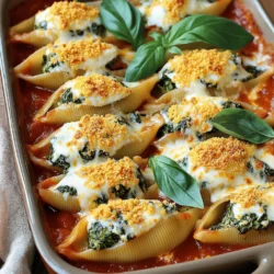 To make cheesy spinach stuffed shells, you need these key ingredients: - 20 jumbo pasta shells - 2 cups fresh spinach, chopped - 1 cup ricotta cheese - 1 cup mozzarella cheese, shredded - ½ cup grated Parmesan cheese - 1 egg, beaten - 1 teaspoon garlic powder - 1 teaspoon onion powder - Salt and pepper, to taste - 2 cups marinara sauce - Fresh basil leaves for garnish These ingredients work together to create a rich and creamy filling. The spinach adds color and nutrients. The cheeses provide that gooey, cheesy goodness we all love. You can boost the flavor of your stuffed shells with these optional ingredients: - Crushed red pepper flakes for heat - Fresh herbs like parsley or oregano - A squeeze of lemon juice for brightness - Sun-dried tomatoes for a tangy twist These optional ingredients can add layers of flavor. Feel free to mix and match to suit your taste. To prepare your cheesy spinach stuffed shells, gather these tools: - Large pot for boiling pasta - Mixing bowl for the filling - Spoon or piping bag for stuffing shells - 9x13 inch baking dish for assembly - Aluminum foil for covering the dish Having the right tools makes cooking easier. It helps you stay organized and efficient in the kitchen. You can find the full recipe [here](#). Start by cooking the jumbo pasta shells. Boil a large pot of salted water. Add the shells and cook until they are al dente, which takes about 8-10 minutes. Drain the pasta and let it cool for a bit. Make sure the shells do not stick together. You want them soft, but firm enough to hold the filling later. In a mixing bowl, combine the chopped spinach, ricotta cheese, half of the mozzarella cheese, and grated Parmesan. Add the beaten egg, garlic powder, onion powder, and salt and pepper. Mix everything well until it forms a creamy filling. The spinach adds a fresh taste, while the cheeses give a rich flavor. Now it's time to stuff those shells. Use a spoon or a piping bag to fill each shell with the spinach and cheese mixture. Be generous, but don’t overfill. Place the filled shells seam-side up in a baking dish. Spread 1 cup of marinara sauce on the bottom of the dish first. This keeps the shells from sticking and adds flavor. Cover the stuffed shells with aluminum foil and bake them in a preheated oven at 375°F (190°C) for 25 minutes. This helps them heat up evenly. After 25 minutes, remove the foil and sprinkle the rest of the mozzarella on top. Bake for an additional 10-15 minutes until the cheese is bubbly and golden. Let the shells cool for a few minutes before serving. Garnish with fresh basil leaves for a nice touch. For the complete recipe, check the Full Recipe section. To cook pasta shells perfectly, start by using a large pot. Fill it with water and add salt. The salt helps flavor the pasta. Bring the water to a rolling boil. Then, add the jumbo shells gently. Stir them to prevent sticking. Cook the shells for 8 to 10 minutes until they are al dente. This means they should be firm but not hard. After cooking, drain the shells and let them cool. This step helps with stuffing later. A great cheese blend makes your dish stand out. For Cheesy Spinach Stuffed Shells, mix ricotta, mozzarella, and Parmesan. Ricotta adds creaminess. Mozzarella gives that stretchy texture, while Parmesan adds a sharp taste. Use fresh cheeses for the best flavor. I recommend using shredded mozzarella and freshly grated Parmesan. Combine these cheeses with spinach and seasonings for a tasty filling. This mix ensures every bite is cheesy and delightful. When serving Cheesy Spinach Stuffed Shells, think about balance. A fresh salad pairs well with the rich flavors. A simple green salad with lemon vinaigrette is refreshing. If you want to add crunch, serve with garlic bread. The bread soaks up the marinara sauce beautifully. You can also top the shells with fresh basil for color and flavor. A glass of red wine complements the dish nicely. For a fun twist, try a light Italian white wine. For the full recipe, check out the details above. {{image_2}} You can change up the filling for your Cheesy Spinach Stuffed Shells. Try adding cooked ground meat, like beef or turkey, for a heartier meal. You could also use sautéed mushrooms for extra flavor. If you want a touch of spice, mix in some diced jalapeños. For a Mediterranean twist, add sun-dried tomatoes or feta cheese. These options let you customize your dish for any mood or taste. For a lighter take on this dish, swap out ricotta for cottage cheese. This change reduces calories but keeps the creamy texture. You can also use whole wheat pasta shells for added fiber. Instead of marinara sauce, try a homemade tomato sauce with fresh herbs. This option lowers sugar and adds more flavor. Using less cheese or a reduced-fat version can also help make this meal a bit healthier. You can easily make Cheesy Spinach Stuffed Shells vegan. Replace the ricotta with a blend of soaked cashews and nutritional yeast. This mix gives a creamy texture and cheesy flavor. Use vegan cheese for the mozzarella and Parmesan. For the egg, try a flaxseed meal or chia seed mixture to bind the filling. With these swaps, you can enjoy a delicious, plant-based version of this classic dish. For the full recipe, check the recipe section above. To store leftover stuffed shells, let them cool first. Place them in an airtight container. Make sure to layer them with parchment paper. This keeps them from sticking together. Keep the container in the fridge. They will stay fresh for up to three days. When you are ready to eat the leftovers, take them out of the fridge. Preheat your oven to 350°F (175°C). Place the stuffed shells in a baking dish. Pour some marinara sauce on top to keep them moist. Cover the dish with foil. Bake for about 20 minutes, or until heated through. For long-term storage, you can freeze the stuffed shells. After cooling, place them in a freezer-safe container. Use layers of parchment paper to separate them. Seal the container tightly. They will last for up to three months in the freezer. To cook, thaw them overnight in the fridge before reheating. Enjoy your cheesy spinach stuffed shells anytime! For the full recipe, check out the details above. Cheesy Spinach Stuffed Shells can last about 3 to 5 days in the fridge. Store them in an airtight container. This keeps the shells fresh and tasty. If they smell off or look dry, it's best to toss them. Yes, you can use different cheeses. Try using feta, gouda, or cheddar for a twist. Each cheese brings a new taste. Mixing cheeses can add depth and fun to your dish. Just keep the total amount the same for best results. Absolutely! You can prepare the shells and stuffing a day in advance. Just cover them tightly and store in the fridge. You can also bake them ahead of time. Reheat them in the oven for a warm meal. Many sides pair well with these stuffed shells. A fresh salad adds crunch and brightness. Garlic bread is great for soaking up sauce. Roasted vegetables offer a healthy, colorful plate. For a more filling meal, serve with a side of pasta or rice. For the full recipe, check out the details above! Cheesy spinach stuffed shells are simple and fun to make. We explored key ingredients, tools, and steps to create this dish. I shared tips to perfect your cooking and ideas for tasty variations. After mastering this recipe, you can store leftovers easily or serve them fresh. Remember, cooking should be enjoyable. Experiment with flavors and make it yours. Your kitchen can be a place of creativity and joy with these shells. Dive in and savor every bite!
