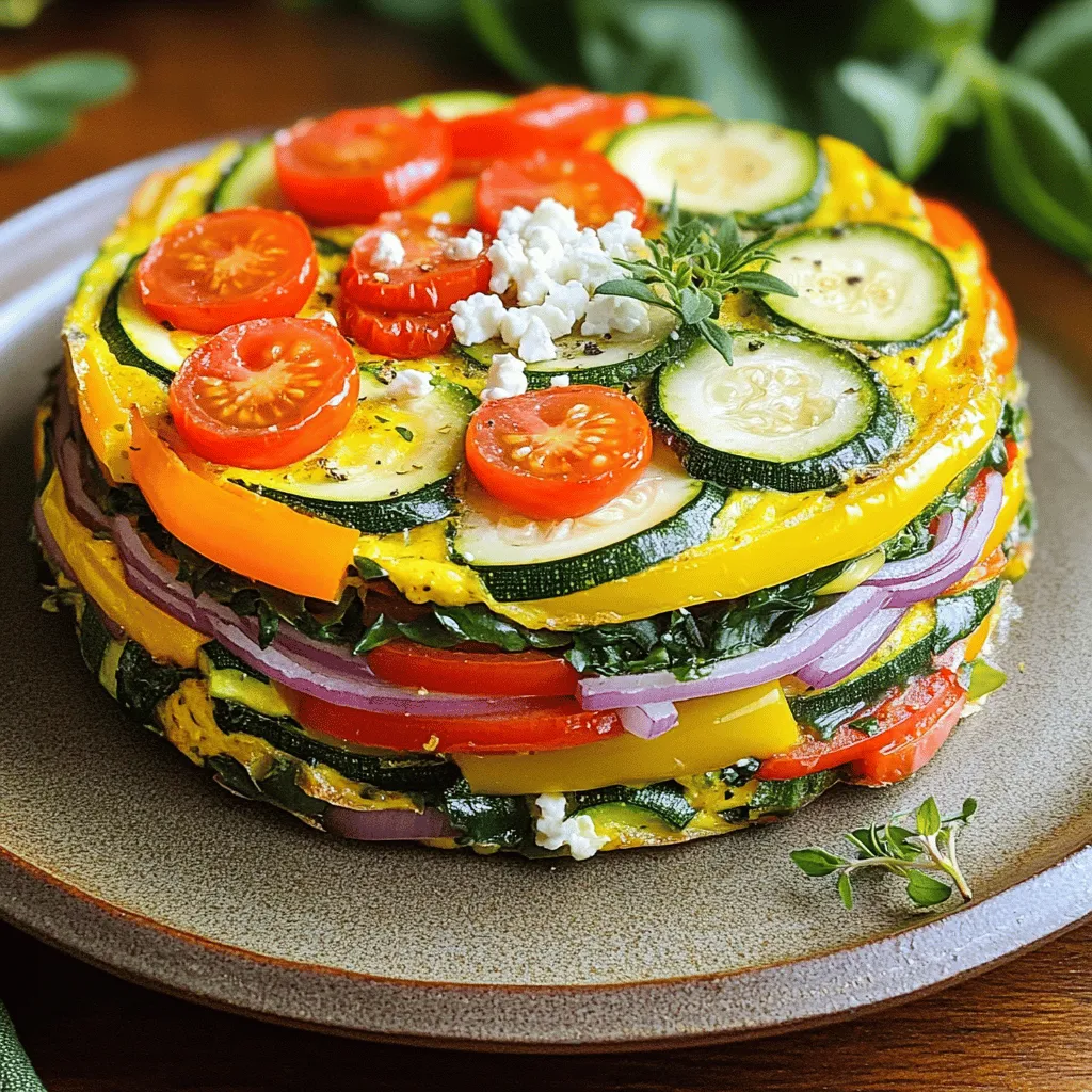 To make a delicious vegetable frittata, you'll need the following: - 6 large eggs - ½ cup milk - 1 cup spinach, chopped - ½ cup bell peppers (red, yellow, and green), diced - 1 small zucchini, diced - 1 small red onion, finely chopped - ½ cup cherry tomatoes, halved - ½ cup feta cheese, crumbled - 1 tablespoon olive oil - Salt and pepper to taste - Fresh herbs (such as basil or parsley) for garnish You can easily swap ingredients to fit your taste. If you're dairy-free, use almond or oat milk instead of regular milk. For cheese, try goat cheese or dairy-free options. Use seasonal vegetables like asparagus in spring or squash in fall for more flavor. Using fresh ingredients makes a big difference in taste and texture. Fresh vegetables have a crisp bite and vivid color. They also bring out the best flavors. Frozen veggies can work in a pinch but may lose some texture. If you use frozen, thaw and drain them well before adding to the mix. This step helps keep your frittata from being watery. First, gather your ingredients. You need 6 large eggs, ½ cup milk, and a mix of veggies. This includes 1 cup of chopped spinach, ½ cup of diced bell peppers, 1 small diced zucchini, and 1 small finely chopped red onion. You will also need ½ cup of halved cherry tomatoes and ½ cup of crumbled feta cheese. Don’t forget 1 tablespoon of olive oil, salt, and pepper to taste, plus some fresh herbs for garnish. 1. Preheat your oven to 350°F (175°C). This step is key for even cooking. 2. In a large mixing bowl, whisk the eggs and milk together. Blend until smooth. Add a pinch of salt and pepper for taste. Set this mix aside. 3. Heat the olive oil in a large, oven-safe skillet over medium heat. Add the chopped red onion and sauté for about 3-4 minutes. You want them to look translucent. 4. Next, toss in the diced bell peppers and zucchini. Cook for about 5 minutes until they soften. 5. Stir in the chopped spinach and halved cherry tomatoes. Cook for another 2-3 minutes until the spinach wilts. Once your veggies are ready, it’s time to assemble. 1. Remove the skillet from heat and sprinkle the crumbled feta cheese over the vegetables. 2. Now, pour the egg mixture over the veggies and cheese. Make sure it spreads evenly in the skillet. 3. Place the skillet in your preheated oven. Bake for 20-25 minutes. 4. Check for doneness by inserting a knife in the center. If it comes out clean, your frittata is ready. When it’s done, let it cool for a few minutes. Then, slice it into wedges. - Plating Ideas: Serve the frittata on a colorful plate. Add a sprig of fresh herbs on top to make it look nice. - Accompaniments: Enjoy it with a side salad or some toast to complete the meal. - Breakfast vs. Brunch Options: This dish works well for both. It’s hearty enough for breakfast and fancy enough for brunch. For the full recipe, check out the details above. To make a fluffy frittata, use fresh eggs and whisk them well. This creates air bubbles that help it rise. Adding milk makes it creamier. Bake the frittata at 350°F (175°C) for best results. Check it after 20 minutes. If it jiggles in the center, give it more time. A toothpick inserted should come out clean. Spices and herbs bring your frittata to life. Try adding salt, pepper, or paprika for a kick. Fresh herbs like basil or parsley add brightness. If you want a deeper flavor, use umami boosters. Consider adding sun-dried tomatoes, olives, or nutritional yeast. These will enhance the taste without overpowering it. Using an oven-safe skillet is key for a great frittata. Cast iron and non-stick pans work best. They heat evenly and help the frittata cook properly. Plus, you can start on the stove and finish in the oven. This two-step cooking method gives you a lovely texture. It keeps the bottom crispy while the top stays soft. For more details, refer to the Full Recipe. {{image_2}} You can add protein to your frittata for more flavor and nutrition. Ham and bacon are classic choices. They add a savory taste that pairs well with eggs. If you prefer a plant-based option, try tofu. Crumbled tofu can soak up flavors well. Just sauté it with your veggies for a hearty bite. The beauty of a frittata lies in its versatility. You can use any vegetables you have on hand. Seasonal veggies work great. Think about asparagus in spring or squash in fall. Roasted vegetables add a rich, deep flavor. Sautéed veggies bring a fresh crunch. Mix and match to suit your taste or use what’s in your fridge. You can change the whole vibe of your frittata with different flavor profiles. For a Mediterranean twist, add olives and sun-dried tomatoes. An Italian frittata shines with basil and mozzarella. For a spicy Mexican flair, include jalapeños and cheddar cheese. These options let you explore new tastes while keeping it simple. Be sure to check out the Full Recipe for a delicious base to start with! To keep your vegetable frittata fresh, let it cool first. Then, cut it into slices. Place the slices in an airtight container. Store them in the fridge for up to three days. This keeps the frittata moist and flavorful. You can freeze your frittata for later use. Here’s how: 1. Cool completely: Allow the frittata to cool down. 2. Slice and wrap: Cut it into portions. Wrap each slice in plastic wrap. 3. Use a freezer bag: Place the wrapped slices in a freezer bag. Remove as much air as possible. 4. Label and date: Write the date on the bag for reference. To reheat, take a slice from the freezer. Let it thaw in the fridge overnight. Then, you can warm it in the oven at 350°F (175°C) for about 10-15 minutes. This keeps the texture nice. In the fridge, your vegetable frittata lasts about three days. If you freeze it, it can stay good for up to three months. After that, it may lose its taste and texture. Always check for any signs of spoilage before eating. Yes, you can make a frittata ahead of time. It's perfect for meal prep. Once baked, let it cool. Then slice it and store in an airtight container. Keep it in the fridge for up to four days. You can reheat slices in the microwave or oven. For the oven, set it to 350°F (175°C) and heat for about 10 minutes. This keeps the texture nice. A frittata is thicker than an omelet. It uses more eggs and has fillings mixed in. You cook it slowly, letting it set in the oven. An omelet is often folded over and cooked on the stovetop. It cooks quickly and is usually filled with ingredients at the end. Frittatas are great for serving multiple people. Omelets are often made for one serving. If your frittata is runny, it may not have cooked long enough. Check if it's set in the middle. If it moves like jelly, it needs more time. You can also bake it longer at a lower heat. Another trick is to cover it with a lid for a few minutes. This helps steam it and set the eggs. Lastly, be sure to use fresh eggs for the best results. For a delicious frittata, check out the Full Recipe. In this post, we covered essential frittata tips, ingredients, and cooking steps. You learned about ingredient substitutions and the benefits of fresh versus frozen options. We also explored styling your frittata for any meal and provided helpful storage advice. Remember to try different flavors and variations to keep things exciting. A well-made frittata can please anyone at the table. Now, get cooking and enjoy every bite of your delicious creation!