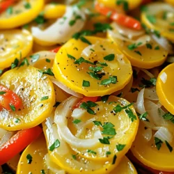 - 4 medium yellow squash, sliced into thin rounds - 1 medium red bell pepper, diced - 1 medium onion, thinly sliced - 2 cloves garlic, minced - 1 tablespoon olive oil - 1 tablespoon butter - 1 teaspoon dried oregano - 1 teaspoon chili flakes (adjust for spice preference) - Salt and pepper to taste - Fresh parsley for garnish Yellow squash is not just pretty; it also tastes great! When you pick your squash, look for ones that feel firm and have bright skin. This dish uses simple, fresh ingredients. The red bell pepper adds a nice color and sweet flavor. Onions and garlic give it a tasty base. For cooking, I always use a mix of olive oil and butter. The olive oil keeps it healthy, while the butter adds that lovely richness. You can adjust the chili flakes based on how spicy you like your food. I often use fresh parsley. It brightens the dish and makes it look nice. You can find the full recipe and instructions to make this dish shine in the [Full Recipe]. Enjoy the cooking! - Heat the olive oil and butter in a skillet. - Add onions and garlic; sauté until translucent. First, I use a large skillet for this dish. I pour in the olive oil and butter, letting them heat up over medium heat. This mix gives a rich flavor. Once the oil shimmers, I toss in sliced onions and minced garlic. As they cook, the smell fills the kitchen, creating a warm atmosphere. I watch for the onions to turn translucent, which usually takes about three to four minutes. - Incorporate red bell pepper; cook until softened. - Mix in yellow squash and seasonings; combine well. Next, I add diced red bell pepper. It adds both color and sweetness to the dish. I let it cook for another two to three minutes until it softens. Then, I stir in the star of our recipe: sliced yellow squash. The squash should be fresh and firm. I also sprinkle in dried oregano, chili flakes, salt, and pepper. Mixing it all well is key. I want every piece of squash coated with flavor. - Sauté until squash is tender. - Adjust seasoning; garnish with parsley. Now comes the fun part. I sauté everything together for about five to seven minutes. I keep stirring occasionally, making sure the squash stays tender but not mushy. Once it’s done, I taste to see if it needs more salt or pepper. Lastly, I take it off the heat and sprinkle fresh parsley on top. It adds a pop of color and a fresh note. This dish is now ready to serve warm. You’ll love how simple it is to make this sautéed yellow squash medley. For a full recipe, check out the details provided. When picking yellow squash, you want the best. Look for squash that feels firm and has a bright color. A good squash should not have any blemishes or soft spots. This means it's fresh and ready for cooking. To sauté yellow squash well, use medium heat. This helps cook it evenly without burning. Stir the squash occasionally to keep it from sticking to the pan. This simple step makes a big difference in how your dish turns out. Want to take flavor to the next level? Try adding fresh herbs or spices. Basil, thyme, or even a bit of cumin can make a tasty difference. Also, a splash of lemon juice brightens the dish. It brings out the squash's natural sweetness. For more ideas, check the Full Recipe for creative twists. {{image_2}} You can easily swap yellow squash for zucchini or even mix both. This gives a nice twist to the dish. Different colored bell peppers also add great visual appeal. Try using green or yellow peppers to make the dish more vibrant. Want a heartier meal? Add cooked chicken or shrimp to the sauté. This will not only boost flavor but also make it more filling. If you prefer a vegetarian option, try adding tofu or beans. Both will give you protein while keeping the dish light. For a burst of flavor, try adding cheese like feta or parmesan. They melt beautifully and enhance the taste. You can also include nuts or seeds for a nice crunch. Pine nuts or sunflower seeds work well and add texture to your sautéed yellow squash. For the full recipe, check out the details above! Store your sautéed yellow squash in an airtight container. It will stay fresh for up to 3 days. When you reheat, do it gently. This helps keep the texture just right. You can freeze your sautéed squash in portions. It will last up to 2 months in the freezer. When ready to eat, thaw it overnight in the fridge. This slow thaw helps maintain flavor. For the best results, use a microwave or stovetop to reheat. Add a splash of water while reheating. This step prevents the squash from drying out. Enjoy your tasty dish again! For the full recipe, check the earlier section. Rinse thoroughly under cold water. Pat dry before slicing. This step is key to remove any dirt or residues. I prefer to slice the squash into thin rounds for even cooking. It makes for a lovely presentation too! Yes, you can sauté yellow squash ahead of time. Cook it and store in the fridge for reheating later. This saves you time on busy days. Just warm it up in a pan for the best texture. Sautéed yellow squash pairs well with rice, pasta, or grilled meats. It adds a nice color and flavor to any meal. You can also serve it with a drizzle of balsamic glaze for extra zing. Yellow squash is low in calories and a good source of vitamins A and C. It also offers high levels of antioxidants and fiber. These nutrients support digestive health and boost your immune system. Enjoying yellow squash helps keep your meals both tasty and nutritious! This blog post covers how to make a tasty sautéed yellow squash dish. We discussed the main ingredients, essential cooking supplies, and seasonings. The step-by-step instructions guide you through preparation and cooking. I shared tips on choosing squash and perfecting your sauté. You can also make variations by swapping ingredients or adding proteins. For storage, I provided tips for keeping leftovers fresh. In short, this dish is easy to make and versatile. Give it a try, and enjoy the flavors!