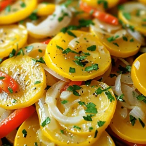 - 4 medium yellow squash, sliced into thin rounds - 1 medium red bell pepper, diced - 1 medium onion, thinly sliced - 2 cloves garlic, minced - 1 tablespoon olive oil - 1 tablespoon butter - 1 teaspoon dried oregano - 1 teaspoon chili flakes (adjust for spice preference) - Salt and pepper to taste - Fresh parsley for garnish Yellow squash is not just pretty; it also tastes great! When you pick your squash, look for ones that feel firm and have bright skin. This dish uses simple, fresh ingredients. The red bell pepper adds a nice color and sweet flavor. Onions and garlic give it a tasty base. For cooking, I always use a mix of olive oil and butter. The olive oil keeps it healthy, while the butter adds that lovely richness. You can adjust the chili flakes based on how spicy you like your food. I often use fresh parsley. It brightens the dish and makes it look nice. You can find the full recipe and instructions to make this dish shine in the [Full Recipe]. Enjoy the cooking! - Heat the olive oil and butter in a skillet. - Add onions and garlic; sauté until translucent. First, I use a large skillet for this dish. I pour in the olive oil and butter, letting them heat up over medium heat. This mix gives a rich flavor. Once the oil shimmers, I toss in sliced onions and minced garlic. As they cook, the smell fills the kitchen, creating a warm atmosphere. I watch for the onions to turn translucent, which usually takes about three to four minutes. - Incorporate red bell pepper; cook until softened. - Mix in yellow squash and seasonings; combine well. Next, I add diced red bell pepper. It adds both color and sweetness to the dish. I let it cook for another two to three minutes until it softens. Then, I stir in the star of our recipe: sliced yellow squash. The squash should be fresh and firm. I also sprinkle in dried oregano, chili flakes, salt, and pepper. Mixing it all well is key. I want every piece of squash coated with flavor. - Sauté until squash is tender. - Adjust seasoning; garnish with parsley. Now comes the fun part. I sauté everything together for about five to seven minutes. I keep stirring occasionally, making sure the squash stays tender but not mushy. Once it’s done, I taste to see if it needs more salt or pepper. Lastly, I take it off the heat and sprinkle fresh parsley on top. It adds a pop of color and a fresh note. This dish is now ready to serve warm. You’ll love how simple it is to make this sautéed yellow squash medley. For a full recipe, check out the details provided. When picking yellow squash, you want the best. Look for squash that feels firm and has a bright color. A good squash should not have any blemishes or soft spots. This means it's fresh and ready for cooking. To sauté yellow squash well, use medium heat. This helps cook it evenly without burning. Stir the squash occasionally to keep it from sticking to the pan. This simple step makes a big difference in how your dish turns out. Want to take flavor to the next level? Try adding fresh herbs or spices. Basil, thyme, or even a bit of cumin can make a tasty difference. Also, a splash of lemon juice brightens the dish. It brings out the squash's natural sweetness. For more ideas, check the Full Recipe for creative twists. {{image_2}} You can easily swap yellow squash for zucchini or even mix both. This gives a nice twist to the dish. Different colored bell peppers also add great visual appeal. Try using green or yellow peppers to make the dish more vibrant. Want a heartier meal? Add cooked chicken or shrimp to the sauté. This will not only boost flavor but also make it more filling. If you prefer a vegetarian option, try adding tofu or beans. Both will give you protein while keeping the dish light. For a burst of flavor, try adding cheese like feta or parmesan. They melt beautifully and enhance the taste. You can also include nuts or seeds for a nice crunch. Pine nuts or sunflower seeds work well and add texture to your sautéed yellow squash. For the full recipe, check out the details above! Store your sautéed yellow squash in an airtight container. It will stay fresh for up to 3 days. When you reheat, do it gently. This helps keep the texture just right. You can freeze your sautéed squash in portions. It will last up to 2 months in the freezer. When ready to eat, thaw it overnight in the fridge. This slow thaw helps maintain flavor. For the best results, use a microwave or stovetop to reheat. Add a splash of water while reheating. This step prevents the squash from drying out. Enjoy your tasty dish again! For the full recipe, check the earlier section. Rinse thoroughly under cold water. Pat dry before slicing. This step is key to remove any dirt or residues. I prefer to slice the squash into thin rounds for even cooking. It makes for a lovely presentation too! Yes, you can sauté yellow squash ahead of time. Cook it and store in the fridge for reheating later. This saves you time on busy days. Just warm it up in a pan for the best texture. Sautéed yellow squash pairs well with rice, pasta, or grilled meats. It adds a nice color and flavor to any meal. You can also serve it with a drizzle of balsamic glaze for extra zing. Yellow squash is low in calories and a good source of vitamins A and C. It also offers high levels of antioxidants and fiber. These nutrients support digestive health and boost your immune system. Enjoying yellow squash helps keep your meals both tasty and nutritious! This blog post covers how to make a tasty sautéed yellow squash dish. We discussed the main ingredients, essential cooking supplies, and seasonings. The step-by-step instructions guide you through preparation and cooking. I shared tips on choosing squash and perfecting your sauté. You can also make variations by swapping ingredients or adding proteins. For storage, I provided tips for keeping leftovers fresh. In short, this dish is easy to make and versatile. Give it a try, and enjoy the flavors!