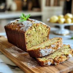 To make moist zucchini bread, you will need these ingredients: - 2 cups grated zucchini (about 2 medium zucchinis) - 1 ½ cups all-purpose flour - 1 teaspoon baking powder - ½ teaspoon baking soda - 1 teaspoon ground cinnamon - ½ teaspoon nutmeg - ¼ teaspoon salt - 1 cup granulated sugar - ½ cup brown sugar, packed - 3 large eggs - ¾ cup vegetable oil - 1 teaspoon vanilla extract - ½ cup chopped walnuts or pecans (optional) - ½ cup chocolate chips (optional) Zucchini is the star of this recipe. It keeps the bread moist and adds nutrients. Zucchini is low in calories and rich in vitamins. It also provides fiber, which aids digestion. The sugars add sweetness and help with browning. Eggs give structure and moisture, while oil keeps it tender. Cinnamon and nutmeg add warmth and flavor. Nuts or chocolate chips bring crunch and extra taste. Use fresh zucchini for best results. Look for firm, unblemished skins. For flour, choose a good-quality all-purpose brand. Fresh spices are key for flavor, so check their dates. Use organic eggs for better taste and texture. For oil, a light vegetable oil works well. If you add nuts or chocolate, pick the best quality for great results. Always use what you enjoy! First, gather all your ingredients. You need 2 cups of grated zucchini, 1 ½ cups of flour, and a few spices. Make sure your oven is ready. Preheat it to 350°F (175°C). Next, grease and flour a 9x5 inch loaf pan. You can also use parchment paper to make it easier to lift the bread out later. In a large bowl, mix the flour, baking powder, baking soda, cinnamon, nutmeg, and salt. Whisk these dry ingredients until they are well mixed. In another bowl, combine the granulated sugar, brown sugar, eggs, vegetable oil, and vanilla extract. Whisk this mixture until it is smooth. Then, add the grated zucchini to the wet ingredients. Stir gently until the zucchini is fully mixed in. Now, add the dry ingredients to the wet mix. Fold everything together slowly. Be careful not to overmix; a few lumps are fine. If you want to add nuts or chocolate chips, fold them in now. Pour the batter into your prepared loaf pan. Smooth the top with a spatula so it bakes evenly. Place the pan in the preheated oven. Bake for 50 to 60 minutes. The bread should rise and turn golden brown. Make sure to check it at 50 minutes. To check if your zucchini bread is done, insert a toothpick into the center. If it comes out clean, your bread is ready. If it has batter on it, bake for a few more minutes. Once it’s done, take the bread out of the oven. Let it cool in the pan for about 10 minutes. Then, transfer it to a wire rack to cool completely. Enjoy the lovely smell while it cools! For the full recipe, refer to the section above. To keep your zucchini bread moist, use fresh zucchini. Grate it just before mixing. The moisture from the zucchini is key. Use the right amount of oil; it helps with moisture, too. I like to use vegetable oil for a light taste. You can also add applesauce for extra moisture and sweetness. This will keep your bread soft and tasty. One common mistake is overmixing the batter. Mix just until combined. A few lumps are fine. Another mistake is not measuring the flour correctly. Too much flour makes it dry. Use a kitchen scale or spoon and level method for accuracy. Don’t skip the spices either; they add depth to the flavor. Lastly, avoid opening the oven door too soon. This can cause your bread to sink. Always preheat your oven to the right temperature. This helps your bread rise evenly. Use a toothpick to check doneness. Insert it into the center; if it comes out clean, your bread is ready. Let it cool in the pan for about ten minutes before transferring it to a wire rack. This helps set the shape. For a fun twist, try adding nuts or chocolate chips for flavor. You can find the full recipe to guide you through these steps. {{image_2}} You can make your zucchini bread even better by adding nuts or chocolate chips. I love using walnuts or pecans for their crunchy texture. They also give a nice nutty flavor. If you prefer something sweet, chocolate chips are a great choice. Just fold in half a cup right before baking. This small step adds a lot of fun to each slice! You can swap some ingredients to change the flavor of your zucchini bread. For a spicier kick, try adding ginger or cloves. You could even add a touch of orange zest for a bright, citrusy flavor. If you want to use whole wheat flour, it will add a nutty taste and more fiber. Remember to adjust the liquid slightly, as these flours absorb more moisture. If you need a gluten-free version, you can use a gluten-free flour blend. Look for one that includes xanthan gum to help with texture. You can also add ground almond or coconut flour for added flavor. Just remember, gluten-free breads may bake faster. So, check for doneness a little earlier than the original recipe. For the full recipe, you can refer back to the original list of ingredients and steps! To keep your zucchini bread fresh, wrap it tightly in plastic wrap. This helps seal in moisture. You can also place it in an airtight container. Store it at room temperature for up to three days. If you want it to last longer, refrigerate it. Chilling can keep it good for up to a week. Freezing zucchini bread is simple. First, let the bread cool completely. Then, wrap it in plastic wrap. I suggest double-wrapping it for extra protection. You can also use aluminum foil as a second layer. Place it in a freezer bag, removing as much air as possible. Your zucchini bread will stay fresh in the freezer for up to three months. When you’re ready to enjoy your frozen zucchini bread, take it out of the freezer. Let it thaw overnight in the fridge. For a quick warm-up, slice a piece and microwave it for 15-20 seconds. You can also toast it for added crispiness. If you like it warm, place it in a preheated oven at 350°F (175°C) for about 10 minutes. Enjoy the fresh flavor and moist texture! Zucchini bread can become dry for a few reasons. First, overmixing the batter can lead to a tough texture. Second, using too much flour can soak up moisture. Lastly, baking for too long can also dry it out. To prevent dryness, be gentle when mixing and measure flour correctly. Remember, the grated zucchini adds moisture, so use enough! Yes, you can make zucchini bread vegan! Replace the eggs with flax eggs or applesauce. Use 1 tablespoon of flaxseed meal mixed with 2.5 tablespoons of water for each egg. You can also use plant-based oil instead of regular oil. These swaps keep the bread moist and delicious. Homemade zucchini bread lasts about 1 week at room temperature. Store it in an airtight container to keep it fresh. For longer storage, you can freeze it. Wrap the bread tightly in plastic wrap and then in foil. It can last up to 3 months in the freezer. Just thaw it overnight in the fridge before enjoying! This blog post covered everything you need to know about making zucchini bread. We discussed essential ingredients and their benefits, shared simple steps for baking, and offered tips to keep it moist. You learned about fun variations and how to store leftovers. Remember, the right ingredients and techniques lead to delicious results. With these insights, you can create a tasty zucchini bread that impresses everyone. Enjoy your baking journey and make it your own!