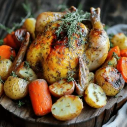 To make a great savory herb roasted chicken, you need some key ingredients. Here’s what you’ll need: - 1 whole chicken (about 4-5 lbs) - 2 tablespoons olive oil - 1 tablespoon Dijon mustard - 1 lemon, zested and juiced - 4 cloves garlic, minced - 2 teaspoons fresh rosemary, chopped - 2 teaspoons fresh thyme, chopped - 2 teaspoons fresh sage, chopped - Salt and pepper to taste - 1 onion, quartered - 2 carrots, chopped - 2 potatoes, cubed These ingredients work together to create a flavorful meal. The chicken is the star, while the herbs and veggies add depth. Herbs make a big difference in this dish. I love using fresh herbs for their bright taste. Here’s what I recommend: - Rosemary: It gives a pine-like flavor. - Thyme: Adds an earthy note. - Sage: Offers a warm, savory taste. These herbs blend well and elevate the chicken. You can also mix them or use your favorites. Feel free to add extra ingredients for more flavor. Here are some suggestions: - Lemon slices: They add brightness and moisture. - Garlic cloves: Whole cloves can roast and sweeten. - Bell peppers: They add color and sweetness to the dish. Using these options can make your dish even more special. Experiment with different ingredients to find what you love! To see how to cook this dish step-by-step, check out the Full Recipe. Start with a whole chicken that weighs about 4-5 lbs. First, remove any giblets inside the cavity. Pat the chicken dry with paper towels. This helps the skin crisp up later. Place the chicken in a roasting pan, ready for flavor. In a small bowl, mix together: - 2 tablespoons olive oil - 1 tablespoon Dijon mustard - 1 lemon, zested and juiced - 4 cloves garlic, minced - 2 teaspoons fresh rosemary, chopped - 2 teaspoons fresh thyme, chopped - 2 teaspoons fresh sage, chopped - Salt and pepper to taste This marinade makes the chicken taste great. Carefully lift the skin on the breast and thighs. Rub about half of the marinade underneath the skin. Use the rest to coat the outside of the chicken. Stuff the cavity with: - 1 onion, quartered - 2 carrots, chopped - 2 potatoes, cubed This will add flavor as the chicken cooks. Preheat your oven to 425°F (220°C). Roast the chicken for about 1 hour and 15 minutes. Check the internal temperature; it should reach 165°F (75°C). Halfway through cooking, baste the chicken with the pan juices. This keeps it moist and adds more flavor. After roasting, let the chicken rest for 10-15 minutes before carving. Serve it with the roasted vegetables. Enjoy your delicious meal! For the full recipe, check out the instructions I provided above. To get that crispy skin on your chicken, start by drying the skin well. Use paper towels to pat it dry. This helps remove moisture, which can make it soggy. Next, rub olive oil all over the skin. This adds flavor and helps it crisp up nicely in the oven. Make sure to season the skin with salt. Salt draws out moisture during cooking, leading to a golden, crispy result. Basting your chicken is key to keeping it moist. Halfway through cooking, open the oven and use a spoon to scoop up the juices from the pan. Drizzle these juices over the chicken. This adds flavor and keeps the meat juicy. You can baste every 20 minutes or so for the best results. Just be careful not to let too much heat escape from the oven. A meat thermometer is a must-have for perfect chicken. Insert the thermometer into the thickest part of the thigh, avoiding the bone. You want the temperature to reach 165°F (75°C) for safe eating. This tells you when the chicken is done and juicy. If it’s not there yet, put it back in the oven and check again in a few minutes. This simple tool helps ensure your chicken is cooked just right. For the full recipe and detailed steps, check the [Full Recipe]. {{image_2}} You can change the flavor of your savory herb roasted chicken by using different herbs. Try using tarragon for a hint of anise. Parsley can lighten the taste and add freshness. For a spicy kick, use oregano or basil. Each herb offers a unique twist. You can even mix herbs for a more complex flavor. Just remember, fresh herbs usually give the best taste. When it comes to side dishes, many options work well with roasted chicken. Classic choices include roasted vegetables like carrots, potatoes, and onions. You can also serve a fresh salad with a light vinaigrette. For something hearty, consider creamy mashed potatoes or fluffy rice. Adding a sauce can enhance the dish. Think about a tangy lemon sauce or a garlic butter drizzle. You can cook savory herb roasted chicken in different ways. The oven gives crispy skin and golden color. It usually takes about 1 hour and 15 minutes at 425°F. If you prefer a slow cooker, it’s easy and great for busy days. Cooking in a slow cooker takes about 4 to 6 hours on low. The chicken will be tender and juicy but won’t have the same crispy skin. Choose the method that fits your time and taste best. After enjoying your savory herb roasted chicken, store leftovers in an airtight container. Place the chicken in the fridge within two hours of cooking. This helps keep it fresh and safe to eat. It can last for about three to four days in the fridge. If you have leftover vegetables, store them in a separate container. When you’re ready to enjoy your leftovers, I recommend reheating in the oven. Preheat your oven to 350°F (175°C). Place the chicken in a baking dish and cover it with foil. Heat for about 20-25 minutes or until warmed through. This keeps the skin crispy and the meat juicy. You can also use a microwave, but it may not keep the skin crisp. Heat in short intervals, checking often. If you want to save your chicken for later, freezing is a great option. Let the chicken cool completely before wrapping. Wrap each piece tightly in plastic wrap or foil. Place the wrapped pieces in a freezer-safe bag or container. It can last for up to three months in the freezer. When you’re ready to eat, thaw it in the fridge overnight before reheating. This way, your savory herb roasted chicken will taste just as great! For the full recipe, check out the detailed instructions above. The best temperature for roasting chicken is 425°F (220°C). This heat helps the skin get crispy and brown. It cooks the meat evenly and keeps it juicy. Roasting at this temperature also reduces cooking time. Aim for about 1 hour and 15 minutes. Yes, you can use dried herbs instead of fresh. Dried herbs have a stronger flavor. Use about one-third the amount of dried herbs. For example, if a recipe calls for 2 teaspoons of fresh rosemary, use only about 1 teaspoon of dried. Make sure to crush the dried herbs before adding them. This helps release their flavor. To check if the chicken is fully cooked, use a meat thermometer. Insert it into the thickest part of the thigh without touching the bone. The temperature should reach 165°F (75°C). If you don’t have a thermometer, cut into the thickest part. The juices should run clear, not pink. After cooking, let the chicken rest for a few minutes before carving. This allows the juices to settle. For more tips and ideas, check out the Full Recipe. In this post, we explored how to make savory herb roasted chicken. We covered essential ingredients, fresh herbs, and optional flavors. You learned step-by-step instructions, tips for crispy skin, and how to store leftovers. Cooking can be fun and rewarding. Enjoy trying different herbs and side dishes. Remember, practice makes perfect. You’ll impress your family and friends with your delicious chicken.