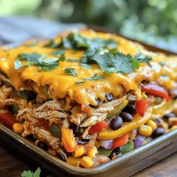 To make a tasty Chicken Fajita Casserole, gather the following: - 2 cups cooked chicken, shredded - 1 cup bell peppers (red, yellow, green), sliced - 1 small red onion, sliced - 1 can (15 oz) black beans, rinsed and drained - 1 cup corn (fresh, frozen, or canned) - 2 cups cooked rice (white or brown) - 1 cup salsa (mild or spicy, your choice) - 2 cups shredded cheese (cheddar or Mexican blend) - 2 teaspoons fajita seasoning - 1 tablespoon olive oil - Salt and pepper to taste - Fresh cilantro for garnish (optional) You can swap out some ingredients to suit your taste. Here are a few ideas: - Use leftover turkey instead of chicken. - Try different beans like pinto or kidney beans. - Swap out the rice for quinoa for a healthier grain. - Instead of salsa, use diced tomatoes mixed with spices. - Use dairy-free cheese for a vegan option. Fresh produce makes your casserole shine. Here are some tips: - Look for bell peppers that feel firm and have shiny skin. - Choose onions that are dry and have no soft spots. - When selecting corn, pick ears with bright green husks. - For cilantro, look for bright green leaves and a fresh scent. - Avoid any produce with bruises or dark spots, as they may spoil quickly. These tips ensure your Chicken Fajita Casserole is full of flavor and nutrition. For the full recipe, check the details above. To make Chicken Fajita Casserole, start by preheating your oven to 375°F (190°C). Heat a large skillet over medium heat. Add one tablespoon of olive oil to the skillet. Once it's hot, add the sliced bell peppers and onion. Sauté them for about 5 to 7 minutes until they soften. Next, stir in 2 cups of shredded chicken, one can of black beans, and one cup of corn. Now, add 2 teaspoons of fajita seasoning and one cup of salsa. Mix well and cook for 3 to 4 more minutes until everything is heated through. Don’t forget to add salt and pepper to taste. In a large bowl, combine 2 cups of cooked rice with half of the shredded cheese. Mix it to blend well. Grease a 9x13 inch casserole dish. Layer half of the rice on the bottom. Then, add the chicken and veggie mixture on top. Next, spread the remaining rice mixture over that. Finally, sprinkle the rest of the shredded cheese on the very top. Cover the dish with aluminum foil. Bake for 25 minutes. After that, remove the foil and bake for another 10 minutes until the cheese is melted and bubbly. Let it sit for about 5 minutes before you serve. Sautéing is a key technique here. It brings out the flavors in the peppers and onion. This step adds a nice depth to your casserole. Mixing the cheese with the rice helps to keep it creamy. Layering the casserole ensures even cooking. Covering it with foil at first helps cook the dish evenly without drying it out. Uncovering it for the last 10 minutes allows the cheese to get bubbly and golden. Timing is crucial for this dish. Preheating your oven ensures even cooking. The total time for this recipe is about 55 minutes. This includes 15 minutes for prep and 40 minutes of baking. Always check the internal temperature; it should reach at least 165°F (74°C). This ensures your casserole is safe and delicious. Also, letting it sit for 5 minutes after baking allows the flavors to settle. This dish is perfect for busy nights or gatherings. For the best results, follow the timings closely. You can find the Full Recipe at the start. To boost the flavors in your Chicken Fajita Casserole, consider these tips: - Use fresh herbs: Cilantro adds a fresh taste. - Add lime juice: A squeeze brightens the dish. - Experiment with spices: Try cumin or smoked paprika for depth. - Mix in jalapeños: For a spicy kick, add sliced jalapeños. These small tweaks can make your casserole burst with flavor. Avoid these easy mistakes to ensure your casserole shines: - Overcooking the vegetables: Sauté them just until soft. - Skipping the seasoning: Always season your chicken and veggies well. - Not layering properly: Layer rice, chicken, and cheese for even cooking. - Using cold ingredients: Bring everything to room temp for better blending. These tips will help you create a perfect, tasty dish. Serve your Chicken Fajita Casserole with these ideas: - Tortilla chips: They add crunch and texture. - A side salad: Fresh greens balance the meal. - Sour cream or guacamole: These toppings add creaminess. - Extra salsa: Serve on the side for those who love it. These pairings will make your meal even more delightful. For the full recipe, check out the [Full Recipe]. {{image_2}} You can swap the chicken for mushrooms or zucchini. This keeps the dish filling. Use the same spices for great flavor. Add extra beans or corn for more texture. A mix of cheeses makes it creamy and rich. This option is perfect for meat-free nights. For a low-carb meal, skip the rice. Instead, use cauliflower rice or shredded cabbage. This keeps the taste while cutting carbs. You can still enjoy all the spices and veggies. Top with cheese for that gooey finish. It’s a smart choice for anyone watching carbs. Want more heat? Add jalapeños or chili powder to the mix. You can also use spicy salsa. This gives your casserole a warm kick. If you love heat, experiment with different peppers. The spice level can be just right for your taste. Enjoy it with a side of cooling sour cream. After enjoying your Chicken Fajita Casserole, store leftovers in an airtight container. This keeps the dish fresh. Let it cool to room temperature before sealing. Enjoy the flavors for up to three days in the fridge. If you want to keep it longer, consider freezing. To reheat, take the casserole out of the fridge. Place it in a preheated oven at 350°F (175°C). Cover it with foil to keep it moist. Heat for about 20-25 minutes. If it's frozen, let it thaw overnight in the fridge first. Then, reheat as mentioned above. You can also use a microwave. Place a portion in a microwave-safe dish and heat for 2-3 minutes. Stir halfway for even heating. You can freeze Chicken Fajita Casserole for up to three months. It’s best to freeze it before baking. Assemble the dish, cover it tightly with foil, and place it in the freezer. When ready to eat, thaw it in the fridge overnight. Bake it as per the full recipe instructions. This way, you enjoy fresh and tasty flavors any day! Yes, you can make Chicken Fajita Casserole ahead of time. Prepare the casserole up to the point of baking. Cover it and place it in the fridge for up to 24 hours. When you're ready, just bake it straight from the fridge. You may need to add a few extra minutes of baking time. This makes it great for busy days or gatherings. You can serve many sides with Chicken Fajita Casserole. Some tasty options include: - Tortilla chips - Fresh guacamole - A simple side salad - Sliced avocados - Sour cream or Greek yogurt These sides add flavor and texture, making your meal even better. You can tell when the casserole is done by looking for a few signs. The cheese should be melted and bubbly. The edges may also be slightly browned. If you insert a fork in the center, it should be hot throughout. If unsure, use a food thermometer; the inside should reach 165°F (74°C). Enjoy your delicious Chicken Fajita Casserole! For the complete recipe, check out the Full Recipe. In this blog post, we covered the ingredients for Chicken Fajita Casserole, including substitutes and tips for choosing fresh produce. I shared step-by-step cooking instructions, important techniques, and timing tips. We also looked at ways to enhance flavors, avoid common mistakes, and some serving ideas. Variations such as vegetarian and spicy options provide more choices. Lastly, proper storage and reheating tips ensure you enjoy your leftovers. Knowing these details helps you create a delicious meal every time. Enjoy cooking!