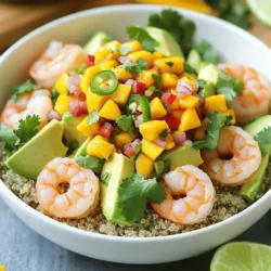 To make these tasty bowls, gather these key ingredients: - 1 lb shrimp, peeled and deveined - 2 ripe avocados, diced - 1 cup cooked quinoa (or rice) - 1 ripe mango, diced - 1 small red onion, finely chopped - 1 red bell pepper, diced - 1 jalapeño, minced (optional for spice) - 2 tablespoons fresh lime juice - 1 tablespoon olive oil - Salt and pepper, to taste - Fresh cilantro, chopped (for garnish) These items create a perfect mix of flavors and textures. Feel free to customize your bowls with these optional ingredients: - Black beans for extra protein - Corn for sweetness and crunch - Sliced radishes for added freshness - Avocado oil for a different flavor - Extra herbs like mint or basil Adding these can make your dish unique and exciting. To keep your ingredients fresh: - Choose avocados that yield slightly when pressed. - Look for shrimps that smell fresh and have a firm texture. - Use ripe mangoes that give off a sweet scent. - Store the onions and peppers in a cool, dry place. - Keep cilantro in a glass of water in the fridge for longevity. These tips will help ensure your meal tastes its best! If you're ready to dive deeper, check out the Full Recipe for detailed steps on how to prepare this vibrant dish. Start by placing the shrimp in a large bowl. Add olive oil, lime juice, salt, and pepper. Mix well so every shrimp is coated. Let it marinate for about 15 minutes. This step adds flavor and helps keep the shrimp moist. If you haven’t cooked the quinoa or rice yet, do so now. Follow the package directions for best results. Once cooked, set it aside. This will serve as a hearty base for your bowl. In a separate bowl, combine the diced mango, chopped red onion, diced red bell pepper, and minced jalapeño if you like spice. Squeeze in a splash of lime juice. Sprinkle with salt and pepper to taste. Mix it all together well. This salsa adds a fresh and sweet kick to your dish. Heat a non-stick skillet over medium-high heat. Once hot, add the marinated shrimp in a single layer. Cook for about 2-3 minutes on each side. The shrimp should turn pink and opaque. Be careful not to overcook them. This keeps them juicy and tender. Now it's time to build your bowls! Start with a generous scoop of quinoa or rice. Then, add diced avocado on top. Next, place the cooked shrimp right over the avocado. Finally, spoon a hearty amount of mango salsa on top. For the finishing touch, sprinkle fresh cilantro over everything. This adds a nice burst of flavor and color. Remember, you can find the full recipe to guide you through these steps! Enjoy your delicious Shrimp and Avocado Bowls with Mango Salsa! When cooking shrimp, start with fresh or thawed shrimp. Do not use frozen shrimp straight from the freezer. Rinse shrimp under cold water and dry them well. This helps the shrimp cook evenly. Heat your pan before adding shrimp. A hot pan gives a nice sear and keeps them juicy. Cook shrimp for 2-3 minutes on each side. They are done when they turn pink and opaque. Use lime juice and olive oil for a bright taste. Add salt and pepper to enhance the shrimp's flavor. You can also try smoked paprika or garlic powder. For a kick, add a little cayenne or chili powder. These spices really boost the shrimp's taste. Don’t forget about the mango salsa! It adds sweetness and freshness to the dish. The mix of flavors makes each bite exciting. Layer the ingredients in your bowls for a great look. Start with a scoop of quinoa or rice at the base. Add diced avocado and then the shrimp. Top it all off with a generous spoonful of mango salsa. For extra color, sprinkle fresh cilantro over the top. You can also add lime wedges on the side. This not only looks nice but adds a zesty touch. A well-presented dish makes eating more fun! For a full recipe, check out the Tropical Shrimp & Avocado Bowls with Mango Salsa. {{image_2}} You can swap shrimp for other proteins. Chicken or tofu are great choices. Both cook well and absorb flavors nicely. Fish like salmon or tilapia also work well. These options add variety and keep meals interesting. Each protein brings its unique taste to the bowl. While quinoa is my go-to, you can switch it up. Brown rice or white rice adds a nice touch. Cauliflower rice is a low-carb choice, too. Each base has its own flavor and texture. You could even use a mix of grains for added nutrition. To boost flavor, consider adding more veggies. Corn, black beans, or even diced tomatoes can enhance your dish. Fresh herbs like basil or mint add a bright note. A dash of hot sauce can spice things up, too. These tweaks make each bowl your own. For a full recipe, check out the Tropical Shrimp & Avocado Bowls with Mango Salsa. To keep your shrimp and avocado bowls fresh, store them in an airtight container. Place each component in separate containers if possible. This helps maintain the taste and texture. The shrimp and mango salsa can stay in the fridge for up to three days. The avocado may brown, so add lime juice to slow this down. When you want to enjoy your leftovers, gently reheat the shrimp. Use a skillet over low heat. This method helps the shrimp stay juicy. Heat the quinoa or rice in the microwave for about one minute. Add some water if it seems dry. Avoid reheating the avocado; add it fresh before serving. Most of the ingredients last a good while. Shrimp should be used within one to two days if fresh. Cooked quinoa or rice lasts about five days in the fridge. Avocados can stay ripe for several days but watch for browning. Mango salsa is best eaten within three days. Always check for freshness before use. To make shrimp and avocado bowls with mango salsa, start by marinating your shrimp. Mix olive oil, lime juice, salt, and pepper in a bowl. Let the shrimp soak in this mix for 15 minutes. While they marinate, cook your quinoa or rice according to package directions. For the mango salsa, chop your mango, red onion, red bell pepper, and jalapeño. Toss them together with lime juice, salt, and pepper. Cook the shrimp in a skillet until they turn pink, then assemble your bowls. Place quinoa or rice at the bottom, followed by avocado, shrimp, and mango salsa. Yes, you can use frozen shrimp for this recipe. Just make sure to thaw them first. Place the shrimp in the fridge overnight or run them under cold water for quick thawing. Once thawed, pat them dry before marinating. This ensures better flavor and texture when cooked. To ensure your shrimp is cooked properly, look for a few key signs. Shrimp should turn pink and opaque when cooked. You can also cut one open to check if it is white and firm inside. Cooking shrimp usually takes only 2-3 minutes per side. Remove them from heat as soon as they change color to avoid overcooking. To make this recipe more spicy, add more jalapeño to the mango salsa. You can also include a pinch of cayenne pepper or red pepper flakes when cooking the shrimp. If you enjoy heat, consider adding a splash of hot sauce to the finished bowl. Adjust the spice level to your liking for the perfect kick! You’ve learned how to make tasty shrimp and avocado bowls. We covered key ingredients, step-by-step cooking, and helpful tips. Remember, you can change it up with different grains or proteins, making each bowl unique. Store leftovers safely for later enjoyment. Whether you stick to the classic recipe or try new twists, have fun in the kitchen. Enjoy your delicious creations and share with friends!