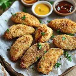 - 1 pound chicken tenderloins - 1 cup buttermilk - 1 cup all-purpose flour - 1 teaspoon garlic powder - 1 teaspoon onion powder - 1 teaspoon paprika - 1 teaspoon salt - ½ teaspoon black pepper - ½ teaspoon cayenne pepper (optional) - 1 cup panko breadcrumbs - Cooking spray To make crispy air fryer chicken tenders, you need fresh and good-quality ingredients. Chicken tenderloins are great because they cook fast and stay juicy. Buttermilk is key for tenderizing the chicken. It adds flavor and moisture. If you do not have buttermilk, you can mix milk with a little vinegar or lemon juice. This works well. The all-purpose flour helps create a nice coat on the chicken. It binds the seasonings and panko breadcrumbs together. For the seasoning, garlic powder, onion powder, and paprika give a tasty kick. You can adjust the amounts to suit your taste. Panko breadcrumbs are a must. They make the chicken extra crispy. If you want some heat, add cayenne pepper. This is optional but adds a nice touch. Cooking spray helps the tenders crisp up in the air fryer. It is simple and makes cleanup easier. For the full recipe, check the instructions included above. - Marinate the chicken in buttermilk: Start by soaking 1 pound of chicken tenderloins in 1 cup of buttermilk. This step is key. It makes the chicken juicy and tender. Let it sit for at least 30 minutes. If you have time, marinate for up to 2 hours to boost the flavor. - Set up the breading station: You need two shallow dishes. In the first dish, mix 1 cup of all-purpose flour with 1 teaspoon each of garlic powder, onion powder, paprika, salt, and black pepper. For a spicy kick, add ½ teaspoon of cayenne pepper. In the second dish, place 1 cup of panko breadcrumbs. This will give your chicken a nice crunch. - Dredge in flour mixture: Take each chicken tender out of the buttermilk. Let the excess buttermilk drip off. Then, coat it in the flour mixture. Make sure it is fully covered. - Dip in buttermilk, coat with panko breadcrumbs: After dredging, dip the chicken tender back into the buttermilk. Next, coat it with the panko breadcrumbs. Press gently to help the crumbs stick well. This double coating gives the chicken a crispy outer layer. - Preheat the air fryer: Set your air fryer to 400°F (200°C) and preheat for about 5 minutes. Preheating helps the chicken cook evenly. - Cook chicken tenders until golden brown: Place the coated chicken tenders in a single layer in the air fryer basket. Lightly spray the tops with cooking spray for extra crispiness. Cook for 10-12 minutes, flipping halfway through. The chicken should turn golden brown and reach an internal temperature of 165°F. For the full recipe, check the complete instructions above. Enjoy your crispy air fryer chicken tenders! To make your chicken tenders crispy, use panko breadcrumbs. They provide a great crunch. After coating your tenders, lightly spray them with cooking oil. This helps them brown and crisp up nicely in the air fryer. Marinate your chicken in buttermilk for at least 30 minutes. This tenderizes the meat and adds flavor. For a deeper taste, add some spices to the buttermilk. Garlic powder, paprika, or even hot sauce can work wonders. To ensure even cooking, arrange your chicken tenders in a single layer. Overcrowding can lead to uneven cooking. Use a meat thermometer to check the internal temperature. It should reach 165°F for safe eating. {{image_2}} You can switch up the taste of your chicken tenders easily. For a spicy kick, add cayenne pepper to your flour mix. Just half a teaspoon gives a nice heat without being too much. If you want a fresh taste, try Italian seasoning. This mix adds herbs like oregano and thyme. It makes the tenders flavorful and bright. If you need a gluten-free option, use almond flour instead of regular flour. You can also use gluten-free breadcrumbs for the crunch you want. Another fun idea is to coat your tenders with crushed cornflakes. This gives them a unique texture and a fun crunch. The cornflakes will add a different flavor and make them stand out. Dipping sauces are a must with chicken tenders. Honey mustard, BBQ, or ranch pairs well. You can also serve these tenders with sides like crispy fries or a fresh salad. The mix of flavors and textures will make your meal exciting. For a full guide on making these delicious tenders, check out the Full Recipe. To keep your chicken tenders fresh, you can refrigerate them. Place the cooled tenders in an airtight container. They will stay good for about 3 to 4 days. If you want to save them for later, freezing is a great option. Make sure to wrap each tender in plastic wrap, then place them in a freezer bag. This helps prevent freezer burn. The best way to reheat your chicken tenders is in the air fryer. Preheat the air fryer to 375°F (190°C). Place the tenders in the basket in a single layer. Heat for about 5 to 6 minutes until they are crispy again. This method avoids sogginess and keeps them tasty. You can also use an oven, but the air fryer does the job best. When stored in the fridge, your chicken tenders will last about 3 to 4 days. If you freeze them, they can stay good for up to 3 months. Just remember to label your containers with the date. This way, you will know how long they have been stored. Enjoy your crispy air fryer chicken tenders anytime! For a full recipe, check out the earlier section. You can use several easy substitutes for buttermilk. One option is to mix regular milk with vinegar or lemon juice. Just add one tablespoon of vinegar or lemon juice to one cup of milk. Let it sit for about five minutes. Another option is to use yogurt. Mix plain yogurt with water until it reaches a buttermilk-like consistency. These substitutes will still give a nice flavor to your chicken tenders. Yes, you can use chicken breasts. Just cut them into strips about the same size as tenderloins. This helps them cook evenly. Keep in mind that chicken breasts may take a bit longer to cook through. Always check their internal temperature. They should reach 165°F (74°C) to be safe to eat. Many dipping sauces work great with chicken tenders. Here are some popular choices: - Honey mustard - Barbecue sauce - Ranch dressing - Buffalo sauce - Sweet and sour sauce Feel free to mix and match to find your favorite combo! To check if chicken tenders are done, use a meat thermometer. Insert it into the thickest part of the tender. The temperature should read at least 165°F (74°C). If you do not have a thermometer, make sure the chicken is no longer pink inside and the juices run clear. This way, you can be sure your tenders are safe to eat. This blog post covered how to make tasty air fryer chicken tenders. You learned about the key ingredients and steps to prepare, coat, and cook them. Using tips for crispy texture and variations increases your options. Proper storage will keep leftovers fresh for later. Cooking these tenders is simple and fun. Whether you stick to the classic recipe or try new flavors, you can't go wrong. Enjoy your delicious meal!