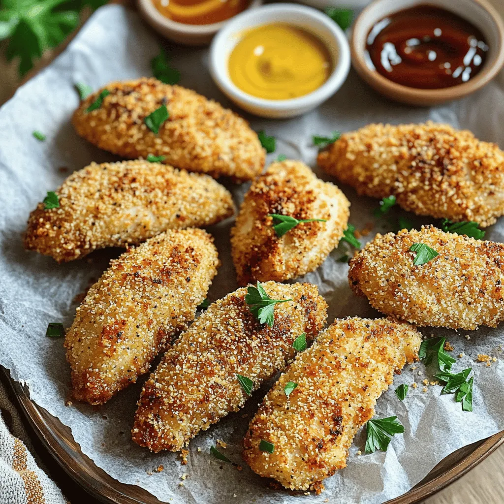 - 1 pound chicken tenderloins - 1 cup buttermilk - 1 cup all-purpose flour - 1 teaspoon garlic powder - 1 teaspoon onion powder - 1 teaspoon paprika - 1 teaspoon salt - ½ teaspoon black pepper - ½ teaspoon cayenne pepper (optional) - 1 cup panko breadcrumbs - Cooking spray To make crispy air fryer chicken tenders, you need fresh and good-quality ingredients. Chicken tenderloins are great because they cook fast and stay juicy. Buttermilk is key for tenderizing the chicken. It adds flavor and moisture. If you do not have buttermilk, you can mix milk with a little vinegar or lemon juice. This works well. The all-purpose flour helps create a nice coat on the chicken. It binds the seasonings and panko breadcrumbs together. For the seasoning, garlic powder, onion powder, and paprika give a tasty kick. You can adjust the amounts to suit your taste. Panko breadcrumbs are a must. They make the chicken extra crispy. If you want some heat, add cayenne pepper. This is optional but adds a nice touch. Cooking spray helps the tenders crisp up in the air fryer. It is simple and makes cleanup easier. For the full recipe, check the instructions included above. - Marinate the chicken in buttermilk: Start by soaking 1 pound of chicken tenderloins in 1 cup of buttermilk. This step is key. It makes the chicken juicy and tender. Let it sit for at least 30 minutes. If you have time, marinate for up to 2 hours to boost the flavor. - Set up the breading station: You need two shallow dishes. In the first dish, mix 1 cup of all-purpose flour with 1 teaspoon each of garlic powder, onion powder, paprika, salt, and black pepper. For a spicy kick, add ½ teaspoon of cayenne pepper. In the second dish, place 1 cup of panko breadcrumbs. This will give your chicken a nice crunch. - Dredge in flour mixture: Take each chicken tender out of the buttermilk. Let the excess buttermilk drip off. Then, coat it in the flour mixture. Make sure it is fully covered. - Dip in buttermilk, coat with panko breadcrumbs: After dredging, dip the chicken tender back into the buttermilk. Next, coat it with the panko breadcrumbs. Press gently to help the crumbs stick well. This double coating gives the chicken a crispy outer layer. - Preheat the air fryer: Set your air fryer to 400°F (200°C) and preheat for about 5 minutes. Preheating helps the chicken cook evenly. - Cook chicken tenders until golden brown: Place the coated chicken tenders in a single layer in the air fryer basket. Lightly spray the tops with cooking spray for extra crispiness. Cook for 10-12 minutes, flipping halfway through. The chicken should turn golden brown and reach an internal temperature of 165°F. For the full recipe, check the complete instructions above. Enjoy your crispy air fryer chicken tenders! To make your chicken tenders crispy, use panko breadcrumbs. They provide a great crunch. After coating your tenders, lightly spray them with cooking oil. This helps them brown and crisp up nicely in the air fryer. Marinate your chicken in buttermilk for at least 30 minutes. This tenderizes the meat and adds flavor. For a deeper taste, add some spices to the buttermilk. Garlic powder, paprika, or even hot sauce can work wonders. To ensure even cooking, arrange your chicken tenders in a single layer. Overcrowding can lead to uneven cooking. Use a meat thermometer to check the internal temperature. It should reach 165°F for safe eating. {{image_2}} You can switch up the taste of your chicken tenders easily. For a spicy kick, add cayenne pepper to your flour mix. Just half a teaspoon gives a nice heat without being too much. If you want a fresh taste, try Italian seasoning. This mix adds herbs like oregano and thyme. It makes the tenders flavorful and bright. If you need a gluten-free option, use almond flour instead of regular flour. You can also use gluten-free breadcrumbs for the crunch you want. Another fun idea is to coat your tenders with crushed cornflakes. This gives them a unique texture and a fun crunch. The cornflakes will add a different flavor and make them stand out. Dipping sauces are a must with chicken tenders. Honey mustard, BBQ, or ranch pairs well. You can also serve these tenders with sides like crispy fries or a fresh salad. The mix of flavors and textures will make your meal exciting. For a full guide on making these delicious tenders, check out the Full Recipe. To keep your chicken tenders fresh, you can refrigerate them. Place the cooled tenders in an airtight container. They will stay good for about 3 to 4 days. If you want to save them for later, freezing is a great option. Make sure to wrap each tender in plastic wrap, then place them in a freezer bag. This helps prevent freezer burn. The best way to reheat your chicken tenders is in the air fryer. Preheat the air fryer to 375°F (190°C). Place the tenders in the basket in a single layer. Heat for about 5 to 6 minutes until they are crispy again. This method avoids sogginess and keeps them tasty. You can also use an oven, but the air fryer does the job best. When stored in the fridge, your chicken tenders will last about 3 to 4 days. If you freeze them, they can stay good for up to 3 months. Just remember to label your containers with the date. This way, you will know how long they have been stored. Enjoy your crispy air fryer chicken tenders anytime! For a full recipe, check out the earlier section. You can use several easy substitutes for buttermilk. One option is to mix regular milk with vinegar or lemon juice. Just add one tablespoon of vinegar or lemon juice to one cup of milk. Let it sit for about five minutes. Another option is to use yogurt. Mix plain yogurt with water until it reaches a buttermilk-like consistency. These substitutes will still give a nice flavor to your chicken tenders. Yes, you can use chicken breasts. Just cut them into strips about the same size as tenderloins. This helps them cook evenly. Keep in mind that chicken breasts may take a bit longer to cook through. Always check their internal temperature. They should reach 165°F (74°C) to be safe to eat. Many dipping sauces work great with chicken tenders. Here are some popular choices: - Honey mustard - Barbecue sauce - Ranch dressing - Buffalo sauce - Sweet and sour sauce Feel free to mix and match to find your favorite combo! To check if chicken tenders are done, use a meat thermometer. Insert it into the thickest part of the tender. The temperature should read at least 165°F (74°C). If you do not have a thermometer, make sure the chicken is no longer pink inside and the juices run clear. This way, you can be sure your tenders are safe to eat. This blog post covered how to make tasty air fryer chicken tenders. You learned about the key ingredients and steps to prepare, coat, and cook them. Using tips for crispy texture and variations increases your options. Proper storage will keep leftovers fresh for later. Cooking these tenders is simple and fun. Whether you stick to the classic recipe or try new flavors, you can't go wrong. Enjoy your delicious meal!