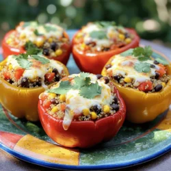 To make savory stuffed peppers, you will need: - 4 large bell peppers (any color) - 1 cup quinoa, cooked - 1 can (15 oz) black beans, drained and rinsed - 1 cup corn kernels (fresh or frozen) - 1 cup diced tomatoes (canned or fresh) - 1 small onion, finely chopped - 2 cloves garlic, minced - 1 teaspoon cumin - 1 teaspoon smoked paprika - 1 teaspoon chili powder - Salt and pepper to taste - 1 cup shredded cheese (cheddar or Monterey Jack) - Fresh cilantro for garnish - 1 tablespoon olive oil Using fresh ingredients makes a big difference in flavor. Fresh bell peppers taste sweet and crunchy. They add color to your dish, making it look great. Fresh garlic and onion bring out the best flavors. The spices, like cumin and smoked paprika, add warmth. When you pick fresh items, you also get more nutrients. This means your meal is not only tasty but healthy too. Always choose the freshest produce you can find. It transforms a simple dish into something special. When selecting bell peppers, look for firm ones. They should feel heavy for their size. Check for smooth skin without blemishes. Bright colors indicate ripeness and sweetness. Green, red, yellow, and orange peppers all have different tastes. Red peppers are the sweetest, while green ones have a slight bitterness. Choose colors based on your flavor preference and recipe needs. If possible, smell them. Fresh peppers have a nice, sweet scent. For the best results in your savory stuffed peppers, use high-quality ingredients. This will ensure a delicious meal every time. For the full recipe, check out the details I shared earlier. Start by preheating your oven to 375°F (190°C). This helps cook the peppers evenly. Next, take your bell peppers and slice the tops off. Remove all seeds and membranes. If the peppers wobble, trim a bit off the bottoms to help them stand upright. This step is key for a stable dish. In a large skillet, heat one tablespoon of olive oil over medium heat. Add the chopped onion and minced garlic. Sauté until they become soft and clear, which takes about 3 to 4 minutes. Next, stir in the cooked quinoa, black beans, corn, and diced tomatoes. Add cumin, smoked paprika, chili powder, salt, and pepper. Cook everything together for about 5 minutes until it all heats through. This mix is where the magic happens. Once done, take the skillet off the heat. Mix in half of the shredded cheese with the filling. This adds creaminess. Carefully spoon the filling into each bell pepper. Pack it down slightly so it fits well. Place the stuffed peppers upright in a baking dish. Finally, sprinkle the remaining cheese on top of each pepper. Cover the baking dish with aluminum foil. Place it in the preheated oven and bake for 25 minutes. After that, remove the foil and bake for another 10 to 15 minutes. You want the peppers to be tender and the cheese bubbly and golden. Once finished, take the peppers out of the oven and let them cool for a few minutes. Garnish with fresh cilantro before serving. For the full experience, try the Full Recipe for more details. To stuff your peppers well, start by prepping them. Cut the tops off and remove the seeds. Make the filling dense, but not too packed. You want it to fit snugly without spilling. Use a spoon to push the filling deep into each pepper. This gives them a nice shape and ensures each bite is full of flavor. Choosing cheese is key. I love using cheddar or Monterey Jack for their melting qualities. Both add great flavor and texture. For a twist, try pepper jack for some heat. To melt the cheese perfectly, cover the peppers with foil for the first part of baking. This helps the cheese bubble without burning. Spice levels can change a dish. Start with mild spices like cumin and smoked paprika. If you want heat, add chili powder or even jalapeños. Taste the filling before stuffing. You can easily adjust with more spices if needed. This way, everyone enjoys their meal just how they like it. For a full recipe, check out the Savory Stuffed Peppers. {{image_2}} You can easily make stuffed peppers vegan. Simply skip the cheese and use plant-based options. For protein, replace black beans with lentils or chickpeas. Use a mix of veggies, like mushrooms or spinach, to add texture and flavor. This keeps the dish hearty and satisfying without meat. You can change the filling to suit your taste. Try ground turkey or beef for a meaty option. For grains, consider rice or farro for a different texture. Mix in some herbs or spices to match your favorite flavors. This lets you create a stuffed pepper that feels new each time. Experiment with different seasonings to make your peppers unique. Swap cumin for Italian herbs like oregano or basil. You can add a kick with red pepper flakes or hot sauce. Fresh herbs, like parsley or cilantro, can brighten the dish. Tailoring the spices helps you create a flavor that you love. For the complete recipe, check out the Full Recipe section. You can keep your stuffed peppers in the fridge. Place them in an airtight container. They stay fresh for up to four days. Make sure they cool down first before sealing. This keeps the flavors locked in. Freezing is another option if you want to save some for later. Wrap each pepper tightly in plastic wrap. Then, place them in a freezer-safe bag. They can last for up to three months in the freezer. Thaw them in the fridge overnight when you're ready to eat. To reheat, the oven works best. Preheat it to 350°F (175°C). Place the peppers in a baking dish. Cover them with foil to keep moisture in. Heat for about 20 minutes. If you like, add more cheese on top before reheating for extra flavor. Enjoy the rich taste just like when you first made them! For the complete method, check the Full Recipe. Yes, you can use other types of peppers. Try poblano or banana peppers for a twist. Each type brings a new flavor. Poblano peppers are slightly spicy and add depth. Banana peppers are milder and sweet. You can also use mini peppers for small bites. Just remember to adjust cooking times based on size. To make this dish gluten-free, use gluten-free grains. Quinoa is already a great choice. Check the label on canned goods. Some canned beans or tomatoes may contain gluten. Always select brands marked as gluten-free. You can also use rice instead of quinoa if you prefer. Savory stuffed peppers pair well with many sides. A fresh green salad adds crunch and color. You can also serve rice or quinoa as a side. Cornbread or crusty bread gives a hearty touch. For a light drink, serve iced tea or lemonade. Each option complements the flavors in the peppers. For the full recipe, check the earlier section. In this article, we explored the key components of making stuffed peppers. We examined the right fresh ingredients and shared practical steps for preparation and baking. I provided tips to enhance your dish, from selecting the best cheese to adjusting spice levels to your taste. You can also find tasty variations and storage methods for leftovers. Remember, using fresh ingredients makes a big difference in flavor. With these tips, you can create a meal that's not only delicious but also fun to make. Enjoy your cooking adventure!