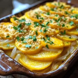 - 4 medium yellow squashes, sliced - 1 medium onion, diced - 1 cup shredded cheddar cheese - 1 cup crushed crackers (such as buttery ritz or saltines) - ¼ cup milk - 2 large eggs - 2 tablespoons butter, melted - 1 teaspoon garlic powder - 1 teaspoon dried thyme - Salt and pepper to taste - Fresh parsley for garnish (optional) When making Classic Yellow Squash Casserole, it’s key to follow the right measurements. Use medium yellow squashes for the best flavor. The onion adds a nice touch, so dice it evenly. For the cheese, shredded cheddar gives great taste and melts well. Crushed crackers add a nice crunch. If you want a creamier dish, stick to the ¼ cup of milk and use large eggs for richness. The butter brings all the flavors together, so don’t skip it! Season well with garlic powder, dried thyme, salt, and pepper for a balanced taste. Garnishes can enhance your dish. I suggest fresh parsley for a pop of color. It also adds a fresh taste that compliments the casserole. You can sprinkle extra cheese on top before serving for added richness. Feel free to get creative with your garnishes! Start by washing the yellow squashes. Next, slice them into thin rounds. This helps them cook evenly. You want them soft but not mushy. Set the sliced squash aside. In a large skillet, melt one tablespoon of butter over medium heat. Add the diced onion to the pan. Sauté the onion for about 3-4 minutes until it turns soft and clear. Now, add the sliced yellow squash to the skillet. Don’t forget to include garlic powder, thyme, salt, and pepper. Cook this mixture for 5-7 minutes, stirring occasionally. You want the squash tender but still firm. Once done, remove the skillet from heat. In a mixing bowl, whisk the eggs and milk together. Add in the melted butter, ½ cup of shredded cheddar cheese, and half of the crushed crackers. Mix all these ingredients until well combined. Next, fold in the cooked squash mixture. Make sure everything is evenly mixed. Pour this blend into a greased 9x13 inch baking dish. Smooth the top with a spatula. Finally, sprinkle the remaining cheddar cheese and crushed crackers on top. This adds a nice crunch. Bake in a preheated oven at 350°F (175°C) for 25-30 minutes. Keep an eye on it until the top turns golden brown. After baking, let it cool for 5 minutes before serving. For a pop of color, garnish with fresh parsley if you like. You can find the full recipe for more details. To boost the flavor of your yellow squash casserole, add a pinch of smoked paprika. This spice gives a nice smoky taste. You can also mix in some fresh herbs like basil or oregano. Adding fresh herbs brightens the dish. If you like heat, a dash of cayenne pepper works well, too. Just remember, start small and taste as you go. One common mistake is overcooking the squash. Cook it just until tender. If you overcook it, the squash can turn mushy. Another mistake is not salting enough. Salt helps bring out the squash's natural flavors. Also, be sure to mix your ingredients well. This ensures even cooking and flavor distribution. Serve your casserole with a fresh green salad for a balanced meal. A light vinaigrette complements the rich flavors of the casserole. For a heartier meal, pair it with grilled chicken or fish. This adds protein and makes your dinner more filling. You can also serve it as a side dish for family gatherings. It’s a hit, and everyone will want the recipe! For the full recipe, check out the details above. {{image_2}} You can make this dish even more veggie-packed. Add mushrooms, bell peppers, or spinach to the mix. These add flavor and color. They also boost the nutrition of your casserole. To keep it vegetarian, use vegetable broth instead of chicken broth if you choose to add liquid. If you need a gluten-free option, swap the crushed crackers for gluten-free ones. You can also use gluten-free bread crumbs. Just check the labels to be sure. This way, everyone can enjoy this creamy dish without worry. Cheddar cheese is classic, but you can try others. Mozzarella gives a nice stretch while pepper jack adds spice. For a rich taste, use goat cheese or feta. You can also top with crispy fried onions or herbs for a fun twist. These changes keep the dish fresh and exciting every time you make it. Try these variations to suit your taste! For the full recipe, check out Classic Yellow Squash Casserole. After you make the classic yellow squash casserole, let it cool. Cover it with plastic wrap or foil. This keeps it fresh. Store it in the fridge for up to four days. Place it in an airtight container for best results. If you want to freeze it, wait until it cools. Cut the casserole into smaller pieces. Wrap each piece in plastic wrap. Then place them in a freezer-safe bag. You can freeze it for up to three months. When ready to eat, thaw it in the fridge overnight before reheating. To reheat your casserole, preheat the oven to 350°F (175°C). Place the casserole in an oven-safe dish. Cover it with foil to keep it moist. Heat for about 20-25 minutes. Check that it's hot in the center. You can also use a microwave for quick reheating. Just heat it in short bursts, stirring in between. Enjoy your delicious meal again! You can use other cheeses, like mozzarella or Monterey Jack. Both melt well and add creaminess. If you like a sharper taste, try Gruyère. These cheeses keep the dish flavorful. Yes, you can add different vegetables. Chopped zucchini, bell peppers, or spinach work great. Mixing in some vegetables adds color and new flavors. Just make sure to chop them small for even cooking. This casserole can last about three to four days in the fridge. Store it in an airtight container. It’s a great option for leftovers, so enjoy it throughout the week. Absolutely! You can prepare it the night before. Just cover it tightly and store it in the fridge. When ready, bake it for about 30 minutes at 350°F (175°C). This makes family meals easier. For the complete recipe, check out the Full Recipe. In this blog post, we covered the key ingredients needed for the casserole and how to prepare them. I shared tips on cooking the onion and squash, combining the ingredients, and enhancing the flavor. We also looked at variations for different diets and how to store leftovers safely. Remember, cooking can be fun and easy! Use this guide as a way to explore new flavors and make meals your own. Enjoy each step of the process, and don't hesitate to experiment with your favorite ingredients!