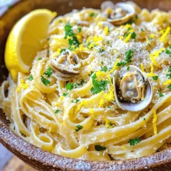 To make Linguini with Clam Sauce, gather these simple ingredients: - 12 oz linguini pasta - 2 cans (6.5 oz each) chopped clams in juice - 3 tablespoons olive oil - 3 cloves garlic, minced - 1 small onion, finely chopped - 1 teaspoon red pepper flakes (adjust to taste) - Zest of 1 lemon - 2 tablespoons fresh lemon juice - 1/4 cup fresh parsley, chopped - Salt and black pepper to taste - Grated Parmesan cheese for serving You can swap some ingredients for different flavors: - Use spaghetti instead of linguini for a twist. - Fresh clams can replace canned clams for a fresher taste. - Any cooking oil can work instead of olive oil. - For a milder dish, leave out the red pepper flakes. - If you don’t have fresh lemons, use bottled lemon juice. Choosing fresh ingredients makes your dish shine: - Look for linguini that is firm and free from cracks. - Choose clams that are tightly closed or slightly gaping. - Select garlic that is firm and has no sprouting. - Pick onions that feel heavy and have dry skins. - Fresh parsley should be bright green and fragrant. Using the right ingredients sets the stage for a tasty meal. Enjoy cooking! To start making your linguini with clam sauce, grab a large pot. Fill it with water and add a generous amount of salt. Bring the water to a boil. Cook the linguini as directed on the package until it's al dente. Remember to save one cup of pasta water before draining the pasta. Next, take a large skillet and heat the olive oil over medium heat. Add the finely chopped onion and sauté for about 3 to 4 minutes. You want the onion to become translucent, not brown. Once the onion is ready, stir in the minced garlic and red pepper flakes. Cook for one more minute until the garlic smells good. Then, pour in the chopped clams along with their juice. Bring the mixture to a simmer and let it cook for about 5 minutes. This step helps the flavors come together nicely. After that, add the lemon zest and lemon juice to the sauce. Mix it well. If the sauce feels too thick, use some of that reserved pasta water to loosen it up. Now, it's time to combine everything. Toss the drained linguini directly into the skillet. Make sure every strand gets coated with the clam sauce. Season with salt and black pepper to taste. Finally, take the skillet off the heat and stir in the chopped parsley for a fresh touch. To get perfect pasta, always use plenty of water and salt. This helps the pasta cook evenly. Stir the pasta while it cooks to prevent sticking. Check the cooking time on the package, but taste it a minute early. You want it firm but not hard. If you want to save time, you can start the sauce while the pasta cooks. This way, everything is ready at the same time. Use a large pot for boiling so the pasta has room to move. The right consistency is key for a great linguini with clam sauce. If your sauce is too thick, add more pasta water gradually. This water is starchy and helps the sauce cling to the pasta. Stir well after adding water to see how it changes. If you find your sauce too runny, let it simmer for a couple of minutes. This will help it thicken. Always remember, the sauce should coat the pasta nicely. Aim for a balance where it’s not too dry or too watery. To boost the flavor of your linguini with clam sauce, use fresh herbs. Fresh parsley adds brightness. You can also try fresh basil or even chives for a twist. Adding lemon zest brightens the dish and gives it a fresh taste. For a richer flavor, consider adding a splash of white wine while cooking. This adds depth and pairs well with clams. To save time, prep your ingredients first. Chop the onion and garlic before you start cooking. You can even use pre-minced garlic for quicker prep. Cook the pasta while you make the sauce. This saves time and keeps everything hot. Another tip is to use a large skillet for the sauce. This allows you to mix in the pasta easily without needing extra pots. When sautéing, heat your skillet before adding oil. This helps the oil spread evenly. Use medium heat to avoid burning garlic and onion. Garlic can turn bitter if it cooks too long. Stir often to ensure everything cooks evenly. If you want a golden color, let the onions cook until they are soft and slightly brown. This adds flavor and sweetness to your sauce. Follow these tips for a delicious and quick meal. For a detailed recipe, check out the [Full Recipe]. {{image_2}} You can switch out clams for other seafood. Shrimp and scallops work well in this dish. Both add a sweet flavor and cook quickly. Just sauté them until pink before adding to the sauce. You can also use mussels. They bring a briny taste and look great on the plate. When choosing any seafood, always pick fresh options for the best taste. If you want a vegetarian dish, skip the clams. You can use mushrooms instead. Sauté sliced mushrooms until they are golden brown. They add a nice umami flavor. Another option is to add artichoke hearts. They provide a meaty texture and pair well with lemon. For added richness, consider adding a splash of vegetable broth in place of clam juice. To change the flavor, try adding white wine. It brings a nice acidity to the dish. Just pour in half a cup after cooking the garlic. Let it simmer for a few minutes. You can also try different herbs. Basil or thyme can add new layers of taste. Don’t forget about nuts! A sprinkle of toasted pine nuts can give a delightful crunch. For a spicy kick, add more red pepper flakes or use fresh chili peppers. To keep your leftover linguini with clam sauce fresh, place it in an airtight container. Make sure to cool the dish to room temperature before sealing it. This helps to avoid moisture buildup. Store it in the fridge and eat it within three days. If you want to keep it longer, consider freezing it instead. When you’re ready to enjoy your leftovers, reheat them gently. Use a skillet over medium heat. Add a splash of olive oil or a bit of reserved pasta water to keep it moist. Stir often to avoid burning. You can also microwave it in a bowl with a damp paper towel on top. Heat in short bursts, stirring in between. You can freeze linguini with clam sauce if you want to save some for later. First, cool it completely. Then, portion it into freezer bags or containers. Remove as much air as possible to prevent freezer burn. Label the bags with the date. This dish can stay in the freezer for up to three months. When you’re ready to eat, thaw it overnight in the fridge before reheating. Yes, you can make this dish ahead. Cook the pasta and sauce earlier in the day. Store them in separate containers in the fridge. When ready to serve, reheat the sauce and toss it with the pasta. This method keeps the linguini from getting soggy. Just remember, fresh pasta tastes best when served right after cooking. Linguini with clam sauce pairs well with many sides. Here are some great options: - A fresh green salad - Garlic bread or toasted baguette - Steamed vegetables like broccoli or asparagus - A light white wine, such as Pinot Grigio These sides enhance the meal's flavors and add a nice touch. To adjust the spice level, simply change the red pepper flakes. For less heat, use less than a teaspoon. For more heat, feel free to add more. You can also try adding black pepper for a different kick. Always taste as you go to find the perfect balance for your palate! You learned about key ingredients, cooking steps, and helpful tips for making Linguini with Clam Sauce. I shared substitutions, storage tips, and how to modify the dish to fit your taste. Remember, the right ingredients and techniques make a big difference. Enjoy exploring variations and impress your friends with your cooking skills. With this knowledge, you can create delicious meals any day. Now, get in the kitchen and let the cooking begin!