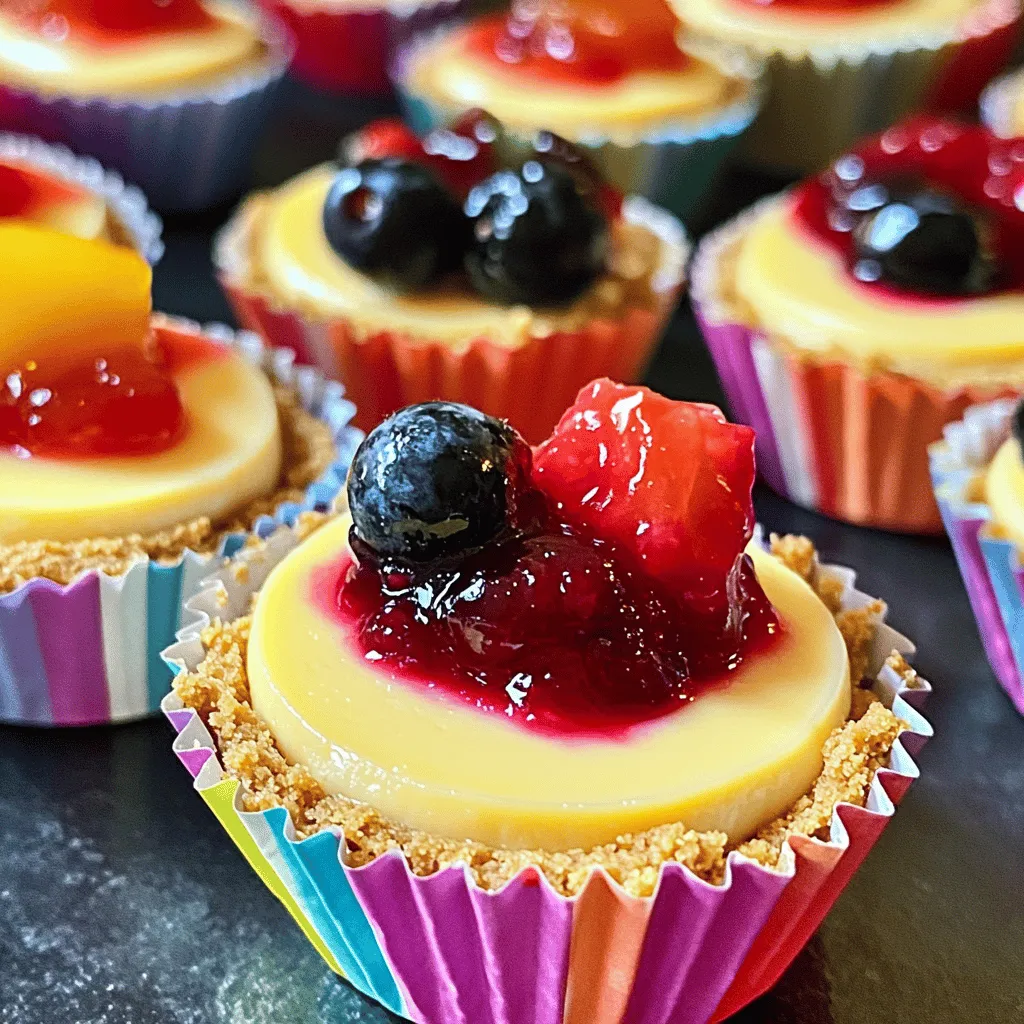 To make these tasty mini cheesecakes, you need simple items. Here’s the list: - 1 cup graham cracker crumbs - 1/4 cup sugar - 1/2 cup unsalted butter, melted - 16 ounces cream cheese, softened - 1 cup powdered sugar - 1 teaspoon vanilla extract - 2 large eggs - 1/4 cup sour cream - Fresh berries or fruit compote for topping (optional) These ingredients create a creamy, rich filling with a crunchy crust. You can change a few items to fit different diets. For a gluten-free option, use gluten-free graham crackers. If you're vegan, swap cream cheese for a plant-based version and use flax eggs instead of regular eggs. You can replace sour cream with coconut yogurt for a dairy-free choice. These swaps keep your dessert delicious while meeting dietary needs. For the perfect finishing touch, add toppings to your mini cheesecakes. Fresh berries are a great choice. You can use strawberries, raspberries, or blueberries. A fruit compote adds sweetness and flavor. Consider drizzling chocolate sauce or caramel for a decadent twist. These additions make your dessert look pretty and taste even better. To start, gather your crust ingredients. You need graham cracker crumbs, sugar, and melted butter. In a medium bowl, mix the crumbs, sugar, and butter well. Make sure every crumb gets coated. This helps the crust hold together. Next, take about 1 tablespoon of the crumb mixture. Press it into the bottom of each muffin liner. This will create a solid base for your mini cheesecakes. Bake them at 325°F (160°C) for about 5-7 minutes. They should look slightly golden. Once baked, remove them from the oven and let them cool. Now, let’s make the filling. In a large mixing bowl, beat the softened cream cheese with an electric mixer. Mix it on medium speed until it’s smooth and creamy. This should take about 2-3 minutes. Gradually add the powdered sugar and vanilla extract. Keep mixing until everything is blended well. Next, add the eggs one at a time. Mix each egg in just until it’s combined. Be careful not to overmix; this can cause cracks later. Finally, add in the sour cream and mix until it’s smooth and creamy. Pour the cheesecake batter over the cooled crusts. Fill each muffin liner about 3/4 full. Bake in the oven for 15-18 minutes. The centers should be set but still jiggle a bit when done. After baking, turn off the oven and crack the door open. This lets the cheesecakes cool slowly for about an hour. Once cooled, transfer them to a wire rack. Let them cool completely, then refrigerate for at least 2 hours. This chilling time helps the flavors develop. When ready, you can serve them with fresh berries or fruit compote. Enjoy your delicious mini cheesecakes! To get a smooth cheesecake filling, start with room temperature cream cheese. Cold cream cheese can cause lumps. Beat the cream cheese until it is creamy, about 2-3 minutes. Add the powdered sugar slowly while mixing. This helps blend it evenly and keeps the filling smooth. Cracking happens when cheesecakes cook too fast or dry out. Here are some tips: - Do not overmix the batter. Mix just until ingredients blend. - Bake at a low temperature of 325°F (160°C). - Let the cheesecakes cool slowly in the oven with the door cracked for about an hour. This helps them set gently. Serve your mini cheesecakes chilled. Top them with fresh berries or a fruit compote for color and taste. Use a spoon or spatula to lift them from the muffin liners carefully. This keeps the crust intact and makes for a pretty presentation. For a fun touch, try drizzling chocolate sauce over the top! You can find the full recipe above for more details. {{image_2}} You can add different flavors to your mini cheesecakes easily. Use extracts like almond or lemon for a twist. You can also mix in some cocoa powder for a chocolatey taste. Try adding some citrus zest for a fresh kick. Each flavor brings its own joy. Fresh fruits make your mini cheesecakes pop. Berries like strawberries, blueberries, or raspberries work great. In summer, peaches or cherries shine brightly. In fall, think about apples or pumpkin puree. Top your cheesecakes with fruit compote for a sweet touch. Seasonal fruits make each bite special. Chocolate lovers can mix melted chocolate into the filling. You can use white, dark, or milk chocolate. Try adding crushed cookies, like Oreos, to the crust for fun. You can even layer caramel or peanut butter for a rich treat. These additions make every cheesecake unique. For the full recipe, check out the Mini Cheesecake Desserts! To keep your mini cheesecakes fresh, place them in an airtight container. You can store them in the fridge for up to five days. Make sure to separate layers with parchment paper to avoid sticking. If you use toppings, add them just before serving. This keeps the crust crisp and the toppings fresh. You can also freeze mini cheesecakes for longer storage. First, let them cool completely. Then, wrap each cheesecake in plastic wrap. Place the wrapped cheesecakes in a freezer-safe bag or container. They can last in the freezer for up to three months. This way, you can enjoy a treat anytime! To thaw frozen mini cheesecakes, place them in the fridge overnight. This method keeps them creamy. If you're in a hurry, you can leave them at room temperature for about an hour. Avoid using a microwave, as it can change the texture. Once thawed, enjoy your mini cheesecakes cold or at room temperature! For more detailed preparation, check the Full Recipe. Yes, you can make Mini Cheesecake Desserts a day or two ahead. This saves time for your event. Just store them in the fridge. They chill well and taste even better the next day. Be sure to cover them with plastic wrap. This keeps them fresh and prevents drying. There are many fun flavors for mini cheesecakes. Here are a few favorites: - Chocolate: Add melted chocolate to the batter. - Lemon: Mix in lemon juice and zest for a fresh taste. - Pumpkin: Use pumpkin puree and spices for a fall twist. - Berry: Top with strawberry or blueberry sauce for sweetness. You can mix and match flavors to create your unique dessert. Mini cheesecakes last about 5 to 7 days in the fridge. Store them in a sealed container. This keeps them safe and tasty. If you notice any change in texture or smell, it is best to toss them. For longer storage, consider freezing them. Mini cheesecakes are fun to make and enjoy. We covered key ingredients, toppings, and step-by-step instructions. I shared tips to avoid cracks and keep your filling smooth. You learned about variations, storage, and answers to common questions. Making these treats is simple and rewarding. With practice, you can create a treat that everyone loves. Enjoy the process and share your delicious results!