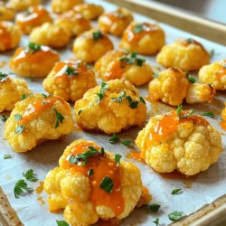 To make Buffalo Cauliflower Bites, you need: - 1 medium head of cauliflower, cut into bite-sized florets - 1 cup all-purpose flour - 1 cup water - 1 teaspoon garlic powder - 1 teaspoon onion powder - 1 teaspoon smoked paprika - 1/2 teaspoon salt - 1/4 teaspoon black pepper - 1 cup buffalo sauce - 2 tablespoons olive oil - 1 tablespoon fresh parsley, chopped (for garnish) These ingredients work together to create a crispy, flavorful snack that packs a punch. If you don’t have some ingredients, here are good substitutes: - Cauliflower: You can replace it with broccoli for a similar crunch. - All-purpose flour: Use chickpea flour or gluten-free flour for a different twist. - Buffalo sauce: Try hot sauce mixed with melted butter for a quick fix. - Olive oil: Any neutral oil, like canola or vegetable oil, will work well. These alternatives maintain the taste and texture of the bites, so you won't miss a thing. Buffalo Cauliflower Bites are healthy and flavorful. Here’s a quick look at their nutritional value per serving (about 4 bites): - Calories: 150 - Protein: 4g - Fat: 7g - Carbohydrates: 20g - Fiber: 3g - Sodium: 400mg These bites are not just delicious; they offer a mix of nutrients and a good amount of fiber. Enjoy these tasty treats without guilt! For the full recipe, check out the [Full Recipe]. Start with a fresh head of cauliflower. Remove the leaves and stem. Cut it into bite-sized florets. Make sure they are all similar in size. This helps them cook evenly. Rinse the florets under cold water. Pat them dry with a clean towel. A dry surface helps the batter stick better. In a large mixing bowl, combine flour, garlic powder, onion powder, smoked paprika, salt, and black pepper. Whisk them together. Gradually add the water while mixing. You want a smooth batter. If it feels too thick, add a bit more water. The batter should coat the cauliflower without dripping too much. Preheat your oven to 450°F (232°C). Line a baking sheet with parchment paper. Dip each cauliflower floret into the batter. Let any extra batter drip off. Place the florets on the baking sheet in a single layer. Bake for 25-30 minutes. Flip them halfway for even cooking. They should be golden and crispy. While the cauliflower is baking, mix buffalo sauce and olive oil in a large bowl. Once the florets are done, remove them from the oven. Toss them in the buffalo sauce mixture until well coated. Return the bites to the baking sheet. Bake for another 10 minutes for extra crispiness. Finally, garnish with fresh parsley before serving. Enjoy your Buffalo Cauliflower Bites! For the complete recipe, check the [Full Recipe]. To get your Buffalo cauliflower bites extra crispy, focus on the batter. The mix of flour and water works best when it is smooth. You want the batter to coat the florets well. Dip each piece and let the excess drip off. This step helps avoid soggy bites. Bake them at 450°F to lock in the crunch. Flip them halfway through cooking to ensure even crispiness. For even better results, bake them a bit longer for that golden finish. Enhancing flavor is key to making these bites truly special. Add spices like garlic powder and smoked paprika to the batter. This gives the cauliflower a rich taste before you even add the buffalo sauce. After baking, toss the florets in a mix of buffalo sauce and olive oil. This adds depth and moisture, making each bite juicy. You can also experiment with different hot sauces or spices to find your perfect mix. When it comes to serving, think about fun and flavor. Pair your bites with a cool dip like ranch or blue cheese. Fresh veggies like carrot sticks or celery add a nice crunch. You can also serve them on a platter with fresh parsley for a nice touch. For a fun twist, use them as a topping on a salad or in a wrap. The options are endless! If you want the full recipe, check out the [Full Recipe]. {{image_2}} You can easily make Buffalo Cauliflower Bites vegan. Just swap the all-purpose flour with chickpea flour. This change adds protein and a nice flavor. Use water to make the batter, just like in the original recipe. Chickpea flour gives the bites a great texture. You will love how well they hold the sauce. If you want to mix things up, try different flavors. Add honey or maple syrup for sweetness. This creates a sweet and spicy balance. You can also use different sauces. Try teriyaki or barbecue sauce for a fun twist. Mix and match spices like cayenne for heat or curry powder for a warm taste. Your Buffalo Cauliflower Bites can become a whole new dish! You don’t have to bake your bites. An air fryer works great! It cooks them fast and makes them super crispy. Set the air fryer to 400°F (204°C) and cook for about 15 minutes. Shake the basket halfway to ensure even cooking. Grilling is another fun method. Toss the cauliflower on the grill for a smoky flavor. Just be sure to use a grill basket or foil. This keeps small pieces from falling through. Both methods give you tasty results. You can find the full recipe to explore more ways to make these bites delicious! Store your Buffalo Cauliflower Bites in an airtight container. Make sure they cool down first. This keeps them fresh for up to three days. If you have a lot left, you can separate them into smaller portions. This way, you can grab a quick snack later. Reheat your cauliflower bites in the oven for the best crispiness. Set your oven to 350°F (175°C). Place the bites on a baking sheet and warm them for about 10-15 minutes. You can also use an air fryer if you have one. Just cook them for around 5-7 minutes for that crunchy texture. You can freeze these bites for up to three months. First, bake them as usual. Let them cool completely, then place them in a single layer on a baking sheet. Freeze them for a couple of hours until solid. After that, transfer the bites to a freezer bag. When you're ready to eat, bake them straight from frozen. This makes for an easy snack anytime you want. For the full recipe, check out the earlier section. Yes, you can prepare Buffalo Cauliflower Bites ahead of time. First, make the batter and coat the cauliflower. Place them on the baking sheet but don’t bake them yet. Cover the sheet with plastic wrap and keep it in the fridge. You can store them this way for up to 24 hours. When you're ready to eat, just bake them right from the fridge. This saves time and lets the flavors blend well. Buffalo Cauliflower Bites are perfect for many sides. Here are some ideas: - Celery sticks - Carrot sticks - Ranch dressing for dipping - Blue cheese dressing - A fresh salad - Chips and salsa These options add crunch and flavor. They also balance the spicy taste of the bites. The heat level of Buffalo Cauliflower Bites comes from the buffalo sauce. It can be spicy, but you can adjust it. If you want less heat, mix the buffalo sauce with some olive oil or butter. This will tone down the spice. You can also try a milder sauce or use a homemade version. Just keep tasting as you mix until you find the right level for you. In this blog post, we explored making delicious Buffalo Cauliflower Bites. We discussed the important ingredients, including substitutes, and shared key nutritional details. I outlined step-by-step instructions for preparing, battering, and baking the bites. We also talked about tips for crispiness and serving. You can create variations, like vegan options or different flavor profiles. Finally, we covered storage tips for leftovers. Remember, you can adjust spice levels to fit your taste. Enjoy making this tasty dish!