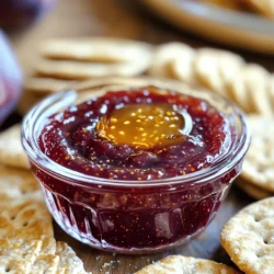 - 2 cups fresh figs, chopped - 1 tablespoon lemon juice - 1 teaspoon vanilla extract To make Quick Fig Jam, fresh ingredients matter. I love using ripe, sweet figs. They give the jam its rich flavor and color. When choosing figs, look for ones that are plump and slightly soft. They should smell sweet and fragrant. Lemon juice adds a nice tartness. It helps balance the sweetness of the figs. The vanilla extract brings warmth and depth to your jam. Don't skip it; it makes a big difference. - 1 cup granulated sugar - 1/2 teaspoon cinnamon (optional) For pantry staples, granulated sugar is key. It helps the figs break down and creates a thick jam. You can adjust the sugar amount based on your taste. If you like a bit of spice, add cinnamon. It pairs well with figs and gives the jam a cozy flavor. - How to measure figs accurately To measure figs, chop them first and then pack them into a cup. Do not press down too hard. You want them to be loosely packed for the best flavor. - Importance of ingredient quality Quality matters in cooking. Always use fresh figs and good sugar. The better the ingredients, the better your jam will taste. This is key to making your Quick Fig Jam shine. For the [Full Recipe], follow the steps outlined, and enjoy making this delightful spread! To start, wash your fresh figs under cool running water. Gently rub them to remove any dirt. Next, cut off the stems and chop the figs into small pieces. This helps them break down easily during cooking. Before you begin cooking, prepare your area. Gather all your ingredients and tools. This includes a medium saucepan, a wooden spoon, and a clean jar for storage. Keeping everything in reach makes the cooking process smooth and fun. In your medium saucepan, combine the chopped figs, granulated sugar, and lemon juice. Stir the mixture well to ensure the sugar coats the figs. Next, place the saucepan over medium heat. Bring the mixture to a gentle boil while stirring occasionally. Once it starts boiling, lower the heat. Allow the mixture to simmer for about 15 to 20 minutes. Stir frequently to prevent it from sticking to the bottom. You want it to thicken to a jam-like consistency. After the jam thickens, remove it from heat. Add the vanilla extract and cinnamon, if you like. These flavors enhance the jam's taste. Stir well to combine. Let the jam cool slightly before transferring it to a clean, sterilized jar. Allow it to cool completely at room temperature. Once cooled, seal the jar and store it in the fridge. Your quick fig jam will stay fresh for about two weeks. - Overcooking your fig jam: Cooking too long can turn your jam into a hard mass. Stay close to the stove as it simmers. Stir often and keep an eye on the time. Aim for a 15-20 minute cook time to achieve that perfect spreadable consistency. - Using unripe figs: Unripe figs lack the sweetness and flavor you want. Always choose ripe, soft figs. They will give your jam a rich taste and smooth texture. Check your figs carefully before using them. - Balancing sweetness with acidity: Figs are sweet, so adding a touch of lemon juice helps balance that sweetness. It makes the flavor pop and keeps it from being too sugary. Adjust the lemon juice to find your perfect balance. - Flavor variations with spices or herbs: You can spice things up by adding cinnamon, nutmeg, or even a hint of ginger. These spices add warmth and depth. Feel free to experiment. Just remember to start small and taste as you go. - Best cookware for making jam: Use a heavy-bottomed saucepan. It distributes heat evenly and helps prevent burning. A wide pan also allows moisture to escape, helping the jam thicken faster. - Recommended storage containers: Glass jars are best for storing your fig jam. They keep the jam fresh and let you see the beautiful color. Make sure to sterilize the jars to ensure safety and longevity. {{image_2}} You can enhance your quick fig jam by adding other fruits. Try chopping apples, pears, or peaches. These fruits pair well with figs. The sweetness and texture give your jam a new twist. Mix and match until you find your favorite blend. Adding spices can elevate your fig jam. Consider using ginger or nutmeg for a warm flavor. When you add spices, reduce the sugar a bit. This balance lets the spices shine without being too sweet. Experiment with different spices to discover your unique blend. You can also try using honey or maple syrup instead of sugar. These natural sweeteners can change the flavor profile. When using them, cook your jam a little longer. This helps to achieve the right thickness. Adjusting the cooking time is key for perfect consistency. Check out the Full Recipe for tips on making quick fig jam. How long does Quick Fig Jam last in the fridge? Quick Fig Jam lasts for up to two weeks in the fridge. Make sure to keep it in a sealed jar. This keeps it fresh and safe to eat. Best practices for sealing jars When sealing your jars, always use clean, sterilized jars. Fill them to about half an inch from the top. Wipe the rim with a clean cloth to remove any jam. Finally, screw the lid on tightly to keep air out. Guidelines for freezing your jam You can freeze Quick Fig Jam for up to six months. Use freezer-safe containers or jars. Leave some space at the top of the jar. The jam will expand as it freezes. Thawing tips for best texture To thaw frozen jam, place it in the fridge overnight. This helps keep the texture smooth. You can also thaw it in a bowl of warm water. Avoid microwaving, as it may change the jam's texture. How to recognize spoilage Look for changes in color or smell. If the jam has an off odor or looks cloudy, it may be spoiled. Mold on the surface is also a clear sign that it’s time to toss it. Proper disposal methods If your jam has spoiled, throw it away in the trash. Do not compost it, as this can attract pests. Always clean the jar before recycling to keep it safe. Making Quick Fig Jam takes about 30 minutes in total. You will spend 10 minutes preparing the figs and other ingredients. The cooking takes about 15-20 minutes. This quick process means you can enjoy your jam in no time. Yes, you can make fig jam without sugar. You can use honey, maple syrup, or agave nectar. These options add sweetness but may change the jam's thickness. Sugar helps create the right texture, so you may need to cook it longer. Always taste as you go to achieve the flavor you like best. If your jam doesn’t thicken, don’t worry! You can cook it longer over low heat. Keep stirring to avoid burning. If it still seems runny, mix in a bit of pectin. You can also let it cool to see if it firms up. If not, you can use it as a sauce instead. This article covered everything you need to make quick fig jam. We discussed fresh ingredients, pantry staples, and measurement tips to ensure you get it right. I shared step-by-step instructions on preparation and cooking, along with helpful tips to avoid common mistakes. We explored tasty variations and how to store your jam safely. Remember, quality ingredients make the best jam. With these tips, you can create a delicious treat that impresses anyone. Enjoy your cooking adventure with figs and have fun experimenting!