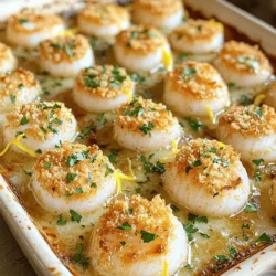 To make garlic butter baked scallops, you need the following items: - 12 large sea scallops, cleaned - 4 tablespoons unsalted butter, melted - 4 cloves garlic, minced - 1 tablespoon fresh parsley, chopped - 1 tablespoon lemon juice - Zest of 1 lemon - 1/2 teaspoon red pepper flakes (optional) - Salt and black pepper to taste - Breadcrumbs for topping (optional) These ingredients create a rich and flavorful dish that tastes gourmet. When choosing scallops, freshness is key. Here’s how to select the best: - Look for scallops that are firm and slightly moist. - They should have a sweet, briny smell, not a fishy one. - If possible, buy scallops on the same day you plan to cook them. - Store scallops in the fridge and use them within a day or two. Keeping scallops fresh helps ensure the best taste and texture. You can customize your garlic butter baked scallops with these extras: - A dash of white wine for added depth. - Parmesan cheese for a rich, cheesy topping. - Fresh herbs like thyme or basil for extra flavor. - A squeeze of orange juice for a citrus twist. These optional ingredients can elevate your dish and suit your tastes. For the full recipe, check out the detailed cooking steps. First, preheat your oven to 375°F (190°C). This step warms up the oven for even cooking. Next, take your scallops and pat them dry with a paper towel. Removing moisture helps them sear nicely. Arrange the scallops in a single layer in a baking dish. Make sure they have space around them. This allows for even cooking and great flavor absorption. Now it’s time to make the garlic butter sauce. In a small bowl, combine 4 tablespoons of melted butter with 4 cloves of minced garlic. Add in 1 tablespoon of fresh chopped parsley and 1 tablespoon of lemon juice. For extra flavor, include the zest of one lemon. If you like a bit of heat, mix in 1/2 teaspoon of red pepper flakes. Season with a pinch of salt and black pepper. Stir everything together until it looks like a tasty sauce. With your scallops arranged and sauce ready, pour the garlic butter mixture over them. Ensure each scallop gets a nice coating. If you want a crunchy topping, sprinkle breadcrumbs on top. Place the baking dish in the preheated oven. Bake for 12 to 15 minutes. The scallops should turn opaque and tender. For a golden crust, switch to broil for the last 2 to 3 minutes. Keep an eye on them to avoid burning. Once done, let them cool slightly before serving. You can garnish with more parsley and lemon wedges for a bright touch. This step adds a nice presentation to your dish. For the full recipe, see above. When cooking scallops, I focus on a few key points. Always start with dry scallops. Wet scallops do not sear well. Pat them dry using a paper towel before cooking. This helps achieve a nice, golden crust. Cook them on high heat for a short time. This keeps them tender and flavorful. Choose scallops that are fresh and firm. Look for a sweet smell, not a fishy odor. Fresh scallops should have a glossy look. If you’re at a market, ask for "dry" scallops. These scallops are not treated with preservatives. They taste better and cook more evenly. To boost flavor, consider adding fresh herbs. Basil, thyme, or dill work well with scallops. A pinch of paprika or cayenne pepper can add a kick. You might like to use a splash of white wine for depth. Mix these in your garlic butter sauce for added taste. For the full recipe, check out the details above. {{image_2}} You can cook scallops in many ways. Grilling adds a smoky flavor. Just brush them with garlic butter and grill for about 2-3 minutes on each side. Sautéing is also easy. Heat some butter in a pan, add scallops, and cook for 2-4 minutes. Both methods keep the scallops tender and flavorful. You can change some ingredients to fit dietary needs. Use olive oil instead of butter for a dairy-free option. If you want less salt, try using low-sodium butter. You can swap out parsley for fresh basil or cilantro for a different taste. These swaps keep the dish tasty while meeting your needs. Garlic butter baked scallops pair well with many sides. Try serving them with a fresh salad or steamed veggies. A light pasta dish also complements the scallops nicely. For drinks, a crisp white wine enhances the flavors. You can check the Full Recipe for more ideas on how to enjoy this meal. After cooking, let the scallops cool down. Place them in an airtight container. This keeps them fresh. Store the container in the fridge. Use the leftovers within two days for best taste. If you want to keep them longer, consider freezing. To reheat, use the oven for the best results. Preheat your oven to 350°F (175°C). Place the scallops in a baking dish. Add a little butter or olive oil to keep them moist. Cover with foil to retain heat. Bake for about 10 minutes. Check to make sure they are warmed through. If you want to freeze scallops, do it right after cooking. Let them cool first. Then, wrap each scallop in plastic wrap. Place them in a freezer bag. Try to remove as much air as possible. This helps prevent freezer burn. Use frozen scallops within three months for the best flavor. Scallops are fully cooked when they turn opaque and firm. You can check by cutting one in half. If it looks white and not translucent, it’s ready. Cooking time is about 12-15 minutes at 375°F (190°C). If you want a nice crust, broil them for the last few minutes. This gives them a lovely golden top. Yes, you can use frozen scallops! Just be sure to thaw them first. Place them in the fridge overnight or run them under cold water. Pat them dry before cooking. This step helps the garlic butter stick better and keeps them from getting watery. Thawed scallops work very well in this dish. Garlic butter baked scallops pair well with many sides. I recommend serving them with a fresh green salad or roasted vegetables. You can also serve them over a bed of creamy risotto or pasta. A slice of crusty bread is great for dipping in the tasty garlic butter. For a refreshing touch, add a glass of white wine or lemon water. For the full recipe and more details, check the [Full Recipe]. In this article, we discussed how to make garlic butter baked scallops. We covered the main ingredients, giving tips for maximum freshness. I shared step-by-step baking instructions, along with best practices for cooking scallops. We explored variations, storage tips, and common questions. Remember, cooking scallops can be simple and tasty. Use fresh seafood and follow these tips. Enjoy your meal and impress your guests with this dish!