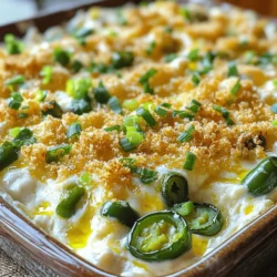 To make Cheesy Jalapeno Popper Dip, you need a few key ingredients: - 2 cups cream cheese, softened: This gives the dip its creamy base. - 1 cup sour cream: This adds tanginess and smooth texture. - 1 cup shredded cheddar cheese: Cheddar brings sharp flavor and richness. - 1/2 cup shredded mozzarella cheese: Mozzarella adds a stretchy, gooey texture. - 1 cup jalapenos, diced (fresh or pickled): Jalapenos provide a spicy kick. - 1/2 cup green onions, chopped: These add a fresh, oniony taste. - 1 teaspoon garlic powder: Garlic powder enhances the dip’s flavor. - 1 teaspoon onion powder: This adds depth and sweetness. - Salt and pepper to taste: Seasoning is key to balance flavors. - 1/2 cup breadcrumbs (optional for topping): Breadcrumbs create a crunchy layer. - 2 tablespoons olive oil (for breadcrumbs, if used): Olive oil helps brown the topping. Using these ingredients, you can create a dip that is creamy and rich. For the full recipe, check the details above. To make Cheesy Jalapeno Popper Dip, follow these easy steps for a creamy, rich delight. Preheating the oven First, preheat your oven to 350°F (175°C). This step warms the oven so the dip cooks evenly. Mixing cream cheese and sour cream Next, take a large mixing bowl. Add 2 cups of softened cream cheese and 1 cup of sour cream. Mix these until they are smooth and creamy. This base makes the dip rich. Adding cheese and vegetables Now, add 1 cup of shredded cheddar cheese, 1/2 cup of shredded mozzarella cheese, 1 cup of diced jalapenos, and 1/2 cup of chopped green onions to the bowl. Stir these ingredients together well. The cheeses and jalapenos give the dip its cheesy and spicy flavor. Seasoning the mixture Then, add 1 teaspoon of garlic powder, 1 teaspoon of onion powder, and salt and pepper to taste. Mix everything together until well combined. The seasonings enhance the taste of the dip. Transferring to a baking dish After that, transfer the mixture to a baking dish. Spread it evenly across the dish. This helps it bake evenly. Optional breadcrumb topping preparation If you want a crunchy topping, mix 1/2 cup of breadcrumbs with 2 tablespoons of olive oil in a small bowl. Sprinkle this mixture evenly over the dip. Baking instructions Finally, place the dip in your preheated oven. Bake for 25-30 minutes or until the dip is hot and bubbly. If you used breadcrumbs, the top should be golden brown. Once baked, take it out and let it cool slightly before serving. You can find the full recipe linked earlier. To make Cheesy Jalapeno Popper Dip creamy, mix your ingredients well. Start with softened cream cheese. It should be at room temperature. This helps it blend smoothly with sour cream. Use a hand mixer or a sturdy spoon. Mix until you see no lumps. This step is key for a rich texture. If you want more heat, add extra jalapenos. You can use fresh or pickled ones. For a milder dip, cut back on the jalapenos. You can also try bell peppers for a sweet touch. They add color and flavor without the heat. Serve your dip with tortilla chips or toasted bread. Fresh veggies are great too! Carrots and celery add a nice crunch. For the best taste, serve warm. Let it cool just a bit after baking. This way, flavors meld nicely, and it stays creamy. For a fun twist, pair it with a refreshing drink! {{image_2}} You can switch up the cheese in this dip for fun. Try using pepper jack for extra heat. Gouda adds a rich, smoky flavor. If you want a sharp taste, go for aged cheddar. You can even mix in some cream cheese with a hint of herb flavor. If you need a dairy-free dip, use a nut-based cream cheese. Brands like Tofutti or Daiya work well. They give you that creamy texture without the dairy. Want to make it vegan? Use a plant-based sour cream and cream cheese. Nutritional yeast can add a cheesy taste. To keep it nut-free, skip the nut-based cheese options. Instead, focus on those creamy dairy-free brands. This way, you can enjoy the dip without any worries about allergens. For a twist, add some cooked bacon or sausage to the mix. This gives a nice meaty flavor. You can also try adding fresh herbs like cilantro or parsley. A sprinkle of smoked paprika can enhance the taste too. Don’t hesitate to experiment! Each addition can bring out a new layer of flavor in your dip. To keep your cheesy jalapeno popper dip fresh, store leftovers in airtight containers. This keeps the dip moist and tasty. Place it in the fridge right after serving. It can last for about three to five days. If you want to store it longer, freezing is a great option. Just make sure to use a freezer-safe container. The dip will stay good for about one to two months in the freezer. When it’s time to enjoy your dip again, reheating is key. The best method is to use the oven. Preheat your oven to 350°F (175°C). Place the dip in an oven-safe dish. Cover it with foil to keep moisture in. Heat for about 15 to 20 minutes or until it’s warm. If you want a crispy top, uncover it for the last few minutes. You can also use the microwave. Heat in short bursts of 30 seconds, stirring in between. Just be careful not to overheat it, or the dip may become rubbery. Enjoy your creamy and rich delight! For the full recipe, check the earlier section. You can serve Cheesy Jalapeno Popper Dip in a variety of ways. I recommend using a shallow baking dish. This allows for easy dipping. A large spoon or small spatula works best for serving. You can pair the dip with tortilla chips, pita chips, or fresh veggie sticks. These options add texture and flavor. Yes, you can make this dip ahead of time! Prepare the dip and put it in the baking dish. Cover it with plastic wrap and store it in the fridge. You can bake it when you're ready to serve. Just add a few extra minutes to the baking time. This helps heat it through. If you need an alternative to cream cheese, try using Greek yogurt. It adds creaminess and tang. You can also use cottage cheese for a lighter option. Blending it until smooth helps mimic the texture of cream cheese. Another option is vegan cream cheese. It provides similar flavors for a dairy-free choice. The spice level of the dip depends on the jalapenos you use. Fresh jalapenos tend to be hotter than pickled ones. If you want less heat, remove the seeds and ribs from the jalapenos before adding them. You can also substitute with milder peppers, like bell peppers. This way, you control the spice to fit your taste. This blog post guides you through making Cheesy Jalapeno Popper Dip. We explored essential ingredients, step-by-step instructions, and tips to achieve creamy perfection. You learned how to modify spice levels and swap ingredients for different flavors. Remember, this dip offers endless variations. Experiment with cheese and spices to suit your taste. Enjoy the process, and you’ll create a dish that wins every time! Your dip will be a hit at any gathering.