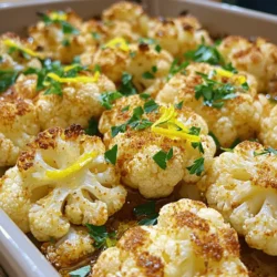 - 1 large head of cauliflower, cut into florets - 4 cloves garlic, minced - 3 tablespoons olive oil - Juice and zest of 1 lemon - 1 teaspoon smoked paprika - 1 teaspoon cumin - Salt and pepper to taste - Fresh parsley, chopped (for garnish) - Nutritional yeast for a cheesy flavor - Red pepper flakes for extra heat - Different herbs like thyme or rosemary I love starting with fresh ingredients. The star here is the cauliflower. Choose a large head with tight florets. Next, garlic adds depth. Mince it well for the best flavor. Olive oil is key; it helps with roasting and adds richness. The lemon brings bright zest and juice. The zest gives a punch, while the juice balances the dish. Smoked paprika adds warmth, and cumin gives a nice earthiness. Salt and pepper enhance all flavors. For a twist, consider optional ingredients. Nutritional yeast gives a cheesy taste, perfect for a vegan option. Red pepper flakes can spice things up. Fresh herbs like thyme or rosemary can change the flavor profile. Gathering all these ingredients makes cooking fun and exciting. For the full recipe, check the section above. - Preheat oven to 425°F (220°C). - Prepare the lemon garlic mixture. First, I set my oven to 425°F. This high heat helps the cauliflower roast perfectly. While it warms up, I mix my lemon garlic sauce. I grab a bowl and add 3 tablespoons of olive oil. Next, I toss in 4 minced garlic cloves, the juice, and zest of 1 lemon. For some extra depth, I add 1 teaspoon of smoked paprika and 1 teaspoon of cumin. Finally, I season with salt and pepper. Stir it all well until it blends nicely. - Toss cauliflower florets with the lemon garlic mixture. - Spread on a baking sheet and roast. Now, I take my large head of cauliflower and cut it into florets. I add these florets to the bowl with the lemon garlic mix. It’s important to coat each piece well. After that, I spread the cauliflower on a baking sheet lined with parchment paper. This step helps with easy cleanup. I pop the baking sheet into the oven. I let it roast for 25-30 minutes. Halfway through, I toss the cauliflower. This ensures even cooking and browning. - How to check if cauliflower is done. To check if my cauliflower is done, I look for a golden brown color. I also use a fork to poke a piece. If it goes in easily, it’s ready. The cauliflower should be tender but not mushy. Once it’s done, I remove it from the oven and let it cool for a couple of minutes. Then, I transfer it to a serving dish and sprinkle fresh parsley on top for a pop of color and flavor. You can easily adjust the seasoning to fit your taste. If you love garlic, add more minced garlic. If you want a sharper taste, squeeze in more lemon juice. Taste the mix before adding the cauliflower. This way, you can find that perfect balance. Even roasting is key for the best texture. Spread the cauliflower out in a single layer. This helps it roast evenly and get that nice golden color. If you prefer a different method, try using an air fryer. It cooks faster and gives a crispy outside. Fresh herbs really brighten this dish. I recommend using parsley, as it adds a fresh touch. You can also try dill or cilantro for a different flavor. If you want to boost the taste, add a sprinkle of lemon zest on top before serving. It really enhances the lemon flavor! {{image_2}} You can switch the cauliflower for other veggies. Broccoli or Brussels sprouts work well. They add a unique taste while still keeping the dish healthy. For spices, try using garlic powder or onion powder. These can change the flavor profile. You can also mix in some Italian herbs, like oregano or basil, for a fresh twist. Lemon garlic roasted cauliflower pairs nicely with many dips. Try serving it with hummus or yogurt. A tangy tahini sauce also complements the flavors well. As for main dishes, it goes great with grilled chicken or fish. You can serve it alongside a hearty grain, like quinoa or brown rice. This adds texture and makes a balanced meal. This dish is easy to make vegan. Just ensure your dips and sauces are also vegan-friendly. For those who need gluten-free options, this recipe is naturally gluten-free. You can also create a low-carb version by serving it as a side with a protein source. It can easily replace carb-heavy sides like rice or pasta. For the full recipe, take a look at the details shared earlier. Enjoy! To keep your Lemon Garlic Roasted Cauliflower fresh, use airtight containers. Glass containers work well. They do not absorb smells or stains. You can also use plastic containers but ensure they seal tightly. For best results, refrigerate leftovers within two hours of cooking. You can refrigerate your roasted cauliflower for three to five days. If you want to store it longer, consider freezing it. To freeze, spread the cooled cauliflower on a baking sheet. Freeze it for about an hour before transferring it to a freezer-safe bag. This method helps prevent clumping. When reheating, aim to keep the texture and flavor intact. The best way to reheat is in the oven. Preheat it to 350°F (175°C). Spread the cauliflower on a baking sheet. Heat for about 10-15 minutes, or until warmed through. You can also use a microwave, but it may make the cauliflower soft. If using a microwave, heat in short bursts and check often. How long will Lemon Garlic Roasted Cauliflower last in the fridge? It lasts about three to five days when stored properly. Always check for any off smells or changes in texture before eating leftovers. For longer storage, freezing is your best option. It can last up to three months in the freezer. Enjoy this delicious dish again by reheating it! Can I use frozen cauliflower for this recipe? Yes, you can use frozen cauliflower. Just remember to thaw it first. Pat it dry to remove excess moisture. This helps achieve that nice roasted texture. While fresh cauliflower may taste better, frozen works in a pinch. How can I make Lemon Garlic Roasted Cauliflower ahead of time? You can roast the cauliflower ahead of time. Once cooled, store it in an airtight container in the fridge. Reheat it in the oven or a skillet before serving. This dish tastes great even when made in advance. What are the calories and nutritional content per serving? Each serving has about 120 calories. It offers healthy fats from olive oil and fiber from cauliflower. You also get vitamins C and K from the cauliflower. This dish is not just tasty; it’s good for you, too! How many servings does this recipe make? This recipe makes about 4 servings. It’s a perfect side dish for family meals or gatherings. You can easily double the recipe for larger groups. Access to the full recipe for Lemon Garlic Roasted Cauliflower Lemon Garlic Roasted Cauliflower is simple and tasty. You can easily make it with a few ingredients and steps. Remember to adjust flavors to your liking and try different herbs. Don’t forget the garnishes to enhance the dish. Whether you serve it as a side or main, it's a great choice for many diets. Store leftovers properly for a quick meal later. Enjoy experimenting with this recipe. It can fit any table!