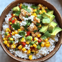 - 1 cup cooked jasmine rice - 1 lb boneless, skinless chicken thighs - 1 cup corn kernels (fresh or frozen) - 1 red bell pepper - 1 avocado - 1/2 cup crumbled cotija cheese - 2 tablespoons olive oil - 2 tablespoons lime juice - Spices: smoked paprika, chili powder, salt, and pepper The main ingredients in this dish are simple yet flavorful. You need one cup of cooked jasmine rice. This rice is fluffy and pairs well with spices. Next, grab one pound of boneless, skinless chicken thighs. They stay juicy and tender when cooked. You also need one cup of corn kernels, which can be fresh or frozen. This adds sweetness and crunch. For extra flavor, you’ll want a red bell pepper. Dice it up for a pop of color. You’ll also need an avocado for creaminess, and half a cup of cotija cheese. This cheese adds a nice salty bite. For the seasoning, use two tablespoons of olive oil to cook the chicken and veggies. Lime juice adds brightness; two tablespoons will do. Don’t forget your spices! Use smoked paprika and chili powder for depth. Salt and pepper will help bring all the flavors together. For the full recipe, check the details above. - Heat 2 tablespoons of olive oil in a skillet over medium heat. - Season 1 pound of diced chicken thighs with smoked paprika, chili powder, salt, and pepper. - Cook the chicken in the skillet for about 5 to 7 minutes. It should turn brown and cook through. Transfer it to a plate and set aside. - In the same skillet, add another tablespoon of olive oil. - Add 1 cup of corn kernels and 1 diced red bell pepper. - Cook these for about 5 minutes, stirring until they are charred and tender. - In a mixing bowl, combine 1 cup of cooked jasmine rice with the sautéed corn and bell pepper. - Add 2 tablespoons of lime juice and half of the chopped cilantro. Stir well to mix everything. - To assemble the bowls, divide the rice mixture into serving bowls. - Top each bowl with the cooked chicken, diced avocado, and 1/2 cup of crumbled cotija cheese. - Garnish with the remaining cilantro and an extra squeeze of lime if you like. For the full recipe, including ingredients and tips, check out the complete guide! How to achieve the best char on corn To get that perfect char on the corn, choose fresh corn if you can. If not, use frozen corn. Heat your skillet on medium-high heat. Add a little olive oil, then toss in the corn. Cook for about five minutes. Stir it only a few times. This allows for those nice, crispy char spots. Watch it closely so it doesn't burn. Timing for juiciness in chicken thigh cooking Chicken thighs stay juicy when cooked right. Start with a hot skillet and add the seasoned chicken. Cook for five to seven minutes. Check for a golden brown color. If you cut into it, the juices should run clear. This means your chicken is ready and juicy. Suggested spices for extra kick For a little extra kick, try adding cayenne pepper or garlic powder. These spices mix well with the smoked paprika and chili powder. Sprinkle them in when you season your chicken. This will give your dish a bold flavor that everyone will love. Alternative toppings to try Switch up your toppings for fun! Try using fresh jalapeños for heat or diced tomatoes for freshness. You could also add a dollop of sour cream or Greek yogurt. Each topping adds a new layer to the dish. Experiment to find your favorite combination! {{image_2}} You can switch out jasmine rice for brown rice or quinoa. Both options add more fiber. Brown rice gives a nutty flavor, while quinoa is light and fluffy. For cotija cheese, try feta or goat cheese. Both will still add creaminess to your dish. You can also skip cheese completely to make it dairy-free. In summer, add fresh vegetables like zucchini or cherry tomatoes. They boost flavor and color. You can even toss in some black beans for more protein. For winter, use roasted butternut squash or sweet potatoes. These veggies add warmth and sweetness. They make the bowl hearty and satisfying, perfect for cold days. To store leftovers properly, let your Street Corn Chicken Rice Bowl cool first. Place it in an airtight container. This keeps it fresh for up to three days. When you want to eat it again, simply reheat in the microwave. Use medium heat for about 2-3 minutes. Stir halfway through to ensure even warming. You can also reheat it on the stove. Add a splash of water to the pan. This helps keep the rice moist and tasty. If you want to freeze your bowl, separate the components. Freeze the chicken and corn mix in one bag. Freeze the rice in another. This way, they stay fresh longer. You can freeze them for up to three months. When you're ready to eat, take it out of the freezer. Thaw it in the fridge overnight. This helps maintain the best flavor and texture. Reheat as usual, and enjoy a quick meal! What is a Street Corn Chicken Rice Bowl? A Street Corn Chicken Rice Bowl is a tasty meal. It combines rice, chicken, corn, and fresh veggies. This dish gets its name from street corn, a popular Mexican snack. The flavors mix well, making it bright and fun. Can I make this dish in advance? Yes, you can make this dish ahead of time. Prepare the rice and chicken earlier in the day. Just store them in the fridge. When you are ready to eat, just heat them up. It’s a great meal for busy days. Is it suitable for meal prep? Absolutely! This dish is perfect for meal prep. You can pack it in containers for the week. Just keep the avocado separate until you eat it. This keeps everything fresh. Is it a healthy meal option? Yes, it is a healthy meal. The chicken provides protein, while the veggies add vitamins. The corn gives you fiber. Use whole ingredients for better nutrition. How can I make it more nutritious? To boost nutrition, add more veggies like spinach or zucchini. You can also use brown rice instead of jasmine. This extra fiber helps you feel full longer. What sides pair well with this dish? This dish goes well with a simple salad or black beans. You can also serve it with tortilla chips and salsa for crunch. These sides add flavor and variety. How to customize it for dietary needs? You can easily customize this meal. If you are vegan, use tofu instead of chicken. For gluten-free, ensure your rice is certified gluten-free. You can also swap ingredients based on what you like best. For the Full Recipe, check out the detailed instructions above. This post covered all you need to make a delicious Street Corn Chicken Rice Bowl. You learned about key ingredients, step-by-step cooking, and tips to improve your dish. Remember, you can swap ingredients for personal tastes, and meal prep is easy. Enjoy creating and sharing this flavorful bowl. Cooking should be fun, so experiment with new flavors. With these tips and ideas, you’ll impress everyone at the table. Happy cooking!
