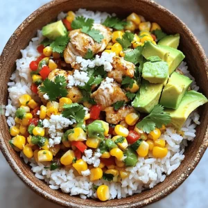 - 1 cup cooked jasmine rice - 1 lb boneless, skinless chicken thighs - 1 cup corn kernels (fresh or frozen) - 1 red bell pepper - 1 avocado - 1/2 cup crumbled cotija cheese - 2 tablespoons olive oil - 2 tablespoons lime juice - Spices: smoked paprika, chili powder, salt, and pepper The main ingredients in this dish are simple yet flavorful. You need one cup of cooked jasmine rice. This rice is fluffy and pairs well with spices. Next, grab one pound of boneless, skinless chicken thighs. They stay juicy and tender when cooked. You also need one cup of corn kernels, which can be fresh or frozen. This adds sweetness and crunch. For extra flavor, you’ll want a red bell pepper. Dice it up for a pop of color. You’ll also need an avocado for creaminess, and half a cup of cotija cheese. This cheese adds a nice salty bite. For the seasoning, use two tablespoons of olive oil to cook the chicken and veggies. Lime juice adds brightness; two tablespoons will do. Don’t forget your spices! Use smoked paprika and chili powder for depth. Salt and pepper will help bring all the flavors together. For the full recipe, check the details above. - Heat 2 tablespoons of olive oil in a skillet over medium heat. - Season 1 pound of diced chicken thighs with smoked paprika, chili powder, salt, and pepper. - Cook the chicken in the skillet for about 5 to 7 minutes. It should turn brown and cook through. Transfer it to a plate and set aside. - In the same skillet, add another tablespoon of olive oil. - Add 1 cup of corn kernels and 1 diced red bell pepper. - Cook these for about 5 minutes, stirring until they are charred and tender. - In a mixing bowl, combine 1 cup of cooked jasmine rice with the sautéed corn and bell pepper. - Add 2 tablespoons of lime juice and half of the chopped cilantro. Stir well to mix everything. - To assemble the bowls, divide the rice mixture into serving bowls. - Top each bowl with the cooked chicken, diced avocado, and 1/2 cup of crumbled cotija cheese. - Garnish with the remaining cilantro and an extra squeeze of lime if you like. For the full recipe, including ingredients and tips, check out the complete guide! How to achieve the best char on corn To get that perfect char on the corn, choose fresh corn if you can. If not, use frozen corn. Heat your skillet on medium-high heat. Add a little olive oil, then toss in the corn. Cook for about five minutes. Stir it only a few times. This allows for those nice, crispy char spots. Watch it closely so it doesn't burn. Timing for juiciness in chicken thigh cooking Chicken thighs stay juicy when cooked right. Start with a hot skillet and add the seasoned chicken. Cook for five to seven minutes. Check for a golden brown color. If you cut into it, the juices should run clear. This means your chicken is ready and juicy. Suggested spices for extra kick For a little extra kick, try adding cayenne pepper or garlic powder. These spices mix well with the smoked paprika and chili powder. Sprinkle them in when you season your chicken. This will give your dish a bold flavor that everyone will love. Alternative toppings to try Switch up your toppings for fun! Try using fresh jalapeños for heat or diced tomatoes for freshness. You could also add a dollop of sour cream or Greek yogurt. Each topping adds a new layer to the dish. Experiment to find your favorite combination! {{image_2}} You can switch out jasmine rice for brown rice or quinoa. Both options add more fiber. Brown rice gives a nutty flavor, while quinoa is light and fluffy. For cotija cheese, try feta or goat cheese. Both will still add creaminess to your dish. You can also skip cheese completely to make it dairy-free. In summer, add fresh vegetables like zucchini or cherry tomatoes. They boost flavor and color. You can even toss in some black beans for more protein. For winter, use roasted butternut squash or sweet potatoes. These veggies add warmth and sweetness. They make the bowl hearty and satisfying, perfect for cold days. To store leftovers properly, let your Street Corn Chicken Rice Bowl cool first. Place it in an airtight container. This keeps it fresh for up to three days. When you want to eat it again, simply reheat in the microwave. Use medium heat for about 2-3 minutes. Stir halfway through to ensure even warming. You can also reheat it on the stove. Add a splash of water to the pan. This helps keep the rice moist and tasty. If you want to freeze your bowl, separate the components. Freeze the chicken and corn mix in one bag. Freeze the rice in another. This way, they stay fresh longer. You can freeze them for up to three months. When you're ready to eat, take it out of the freezer. Thaw it in the fridge overnight. This helps maintain the best flavor and texture. Reheat as usual, and enjoy a quick meal! What is a Street Corn Chicken Rice Bowl? A Street Corn Chicken Rice Bowl is a tasty meal. It combines rice, chicken, corn, and fresh veggies. This dish gets its name from street corn, a popular Mexican snack. The flavors mix well, making it bright and fun. Can I make this dish in advance? Yes, you can make this dish ahead of time. Prepare the rice and chicken earlier in the day. Just store them in the fridge. When you are ready to eat, just heat them up. It’s a great meal for busy days. Is it suitable for meal prep? Absolutely! This dish is perfect for meal prep. You can pack it in containers for the week. Just keep the avocado separate until you eat it. This keeps everything fresh. Is it a healthy meal option? Yes, it is a healthy meal. The chicken provides protein, while the veggies add vitamins. The corn gives you fiber. Use whole ingredients for better nutrition. How can I make it more nutritious? To boost nutrition, add more veggies like spinach or zucchini. You can also use brown rice instead of jasmine. This extra fiber helps you feel full longer. What sides pair well with this dish? This dish goes well with a simple salad or black beans. You can also serve it with tortilla chips and salsa for crunch. These sides add flavor and variety. How to customize it for dietary needs? You can easily customize this meal. If you are vegan, use tofu instead of chicken. For gluten-free, ensure your rice is certified gluten-free. You can also swap ingredients based on what you like best. For the Full Recipe, check out the detailed instructions above. This post covered all you need to make a delicious Street Corn Chicken Rice Bowl. You learned about key ingredients, step-by-step cooking, and tips to improve your dish. Remember, you can swap ingredients for personal tastes, and meal prep is easy. Enjoy creating and sharing this flavorful bowl. Cooking should be fun, so experiment with new flavors. With these tips and ideas, you’ll impress everyone at the table. Happy cooking!