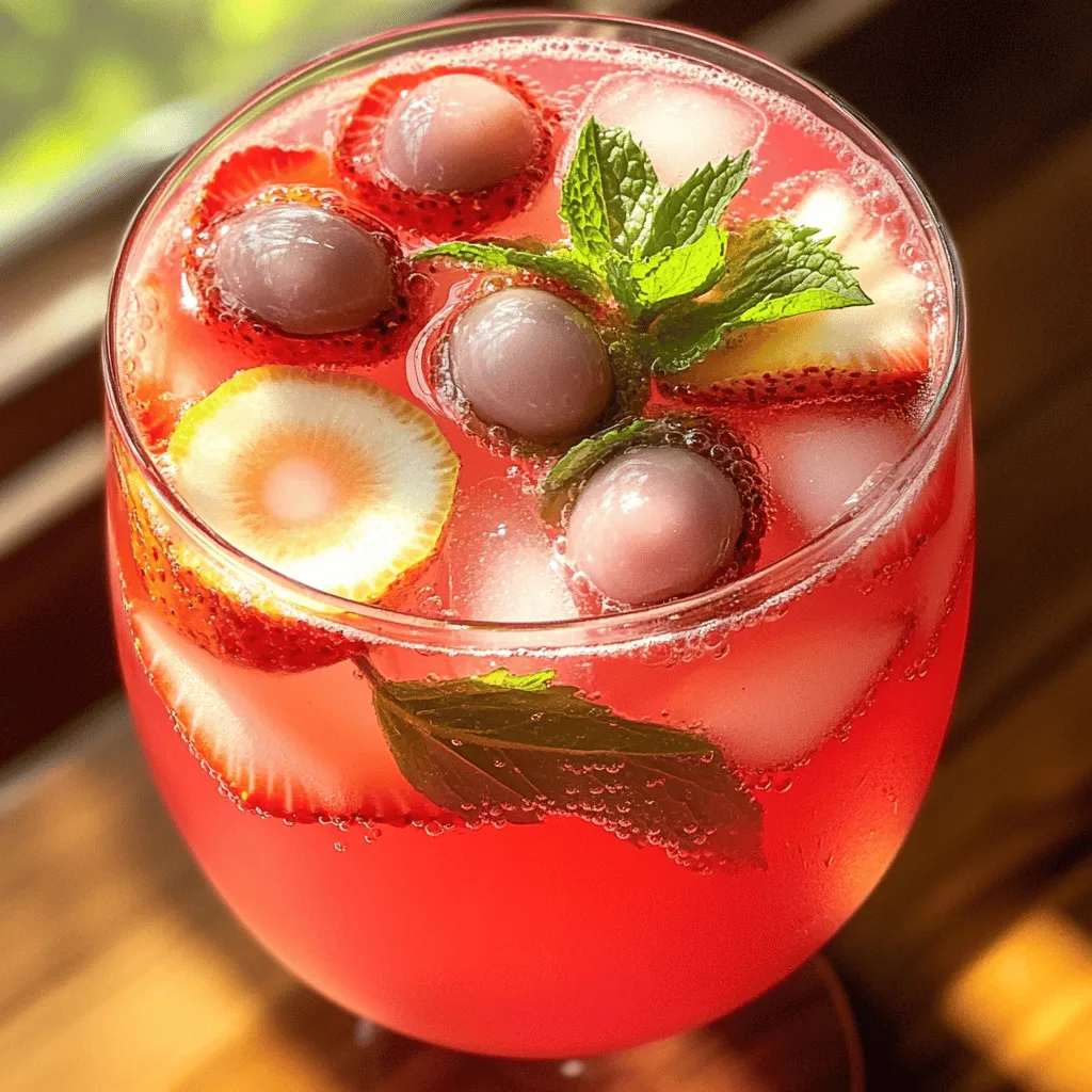 - Strawberries - Lychee Fruit - Lemons - Mint Leaves To make a great Strawberry Lychee Lemonade, start with fresh strawberries. Choose bright red, sweet berries. You will need 1 cup, hulled and sliced. Next, grab some lychee fruit. You can use canned lychee for ease, just drain it well. You need 1 cup of lychee. Fresh lemons are also key. You will use about 3 to 4 lemons for ½ cup of lemon juice. Finally, add fresh mint leaves for garnish. They will add a nice touch. - Sugar (or alternatives like honey) - Cold Water Now, let’s talk about pantry staples. You will need sugar to sweeten your drink. You can also use honey or agave syrup as alternatives. Adjust the amount to your taste. You will also need 4 cups of cold water to mix everything together. This will help balance the flavors. - Lychee Syrup - Additional Fruit Garnishes If you want to take it up a notch, consider some optional add-ins. Lychee syrup can add extra sweetness and flavor. You might also want to add extra fruit garnishes. Think about slices of strawberries or even lemon wheels. These will make your drink look even more inviting. For the full recipe, check out the details above. To start, you need to prepare your ingredients. First, hulled strawberries are key for a fresh taste. Hulling strawberries means removing the green top and the white core. You can do this easily with a small knife or a huller. Slice the strawberries into smaller pieces for blending. Next, drain the canned lychee fruit. You want to get rid of the syrup, but keep it for later if you want to add extra sweetness. Use a fine strainer to drain the lychee. This way, you keep all the juice from the strawberries and lychee. Now it's time to make the puree. In a blender, put the sliced strawberries and drained lychee fruit together. Blend them until they are smooth. This mix creates a bright, fruity base for your lemonade. The flavors of the strawberries and lychee blend really well. You can even stop and taste it. It should be sweet and refreshing! After your puree is ready, it’s time to combine the ingredients. In a large pitcher, mix the strawberry-lychee puree with freshly squeezed lemon juice and sugar. Stir well until the sugar is fully dissolved. The lemon juice adds a tangy kick that balances the sweetness. Next, add four cups of cold water to the pitcher. This will lighten the mixture and make it more drinkable. If you prefer a sweeter lemonade, use some of the reserved lychee syrup. Just pour it in and stir. Tasting is key here! Adjust the sweetness to your liking. Fill your serving glasses with ice cubes and pour the strawberry lychee lemonade over the ice. Garnish each glass with fresh mint leaves for a lovely finish. This drink is not just tasty but eye-catching too! For the full recipe, check out the earlier section. Enjoy your refreshing summer drink! To make your strawberry lychee lemonade just right, test the sweetness. Start by mixing the sugar with the puree and lemon juice. Taste it and see if it hits the spot. If you like it sweeter, add more sugar or syrup. If you want to skip sugar, consider honey or agave syrup. These alternatives offer a different flavor and can be less processed. Just remember to mix them well so they dissolve completely. You can make this drink even better by adding herbs. Fresh mint leaves or basil can bring a new taste. Simply muddle them into the lemonade for a burst of flavor. Another fun option is to use sparkling water instead of regular water. This gives your drink a fizzy twist. Pour it in right before serving for that extra sparkle. The right glassware can make your drink pop. Use clear glasses to show off the vibrant colors. Tall glasses work well, but you can also use mason jars for a rustic feel. For garnishing, try adding fresh mint on top. A slice of lemon or a few whole strawberries can also look great. These simple touches make your drink not just tasty, but also beautiful. Enjoy your refreshing summer drink! For the full recipe, check out the Strawberry Lychee Lemonade section above. {{image_2}} You can swap strawberries or lychee with other fruits. Mango or pineapple adds a tropical twist. Both fruits blend well and give a sweet taste. Mixing berries like blueberries or raspberries works great too. These berry mixes add depth and color to your drink. For a low-sugar option, reduce the sugar. You can use sugar-free sweeteners too. They work well and keep the taste nice. Adding superfoods like chia seeds boosts nutrition. Chia seeds add fiber and protein without changing the flavor much. You can change flavors based on the season. In fall, try pumpkin spice for a cozy drink. It adds warmth and fun to your lemonade. For winter, add cinnamon and clove for a holiday vibe. These spices create a festive taste that warms you up. To keep your strawberry lychee lemonade fresh, store it in the fridge. Use a sealed pitcher to keep out air and light. This helps maintain the flavor and color. It stays fresh for about three days in the fridge. After that, the taste may fade. You can freeze this lemonade too! Pour some into ice cube trays. These frozen cubes are great for cooling down drinks later. You can also store the lemonade in freezer-safe containers. Just leave some space at the top. Liquid expands when it freezes. If you have leftover lemonade, get creative! Pour it into popsicle molds to make tasty treats. You can also blend the lemonade with fruit to create a sorbet. This way, nothing goes to waste, and you enjoy a new dessert! Yes, you can use frozen strawberries. They work well in this recipe. However, frozen strawberries may change the texture. They can make your drink a bit thicker. If you want a smoother lemonade, blend them longer. The taste will still be great, but fresh strawberries shine brighter in flavor. You can easily make this drink alcoholic. Add vodka or light rum for a fun twist. These spirits blend well with the sweet and tart flavors. If you want a tropical vibe, try coconut rum. Just mix in about 1 to 2 ounces per glass. This addition makes your summer drink even more refreshing! Yes, this drink is perfect for kids. It is fruity and not too sweet. You can adjust the sugar for healthier options. For a lower sugar version, use less sugar or honey. This drink also packs vitamins from strawberries and lemons. Kids will enjoy its bright color and fun flavors! For the full recipe, check out the comprehensive details above. You can easily create a refreshing drink with simple ingredients. We discussed fresh strawberries, lychee, and vibrant mint. These flavors blend with lemon and sugar for a tasty treat. I shared tips for adjusting sweetness and enhancing flavors. You can even switch fruits for new twists. Remember to store your lemonade well for enjoyment later. Whether making popsicles or using frozen fruit, there are many options. Enjoy this drink with friends or family. It's all about finding your favorite mix and having fun!