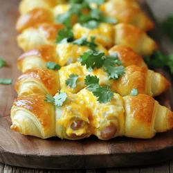 - Fully cooked mini sausages (cocktail franks or lil' smokies) - Refrigerated crescent roll dough - Cream cheese (softened) - Shredded cheddar cheese - Fresh jalapeños (seeds removed and diced) - Garlic powder - Onion powder - Fresh cilantro (optional for garnish) Cooking spray is a key step. It helps the dough not stick to the pan. This way, your Jalapeño Popper Pigs in a Blanket come out easily and stay intact. You can also add a pinch of salt or pepper to enhance the flavor. Feel free to experiment with other spices like paprika or cayenne for an extra kick! These ingredients mix together to create a fun and tasty snack. If you’d like to see the full recipe, check out the detailed instructions. Enjoy your cooking! First, I preheat the oven to 375°F (190°C). This helps the dough cook evenly. I line a baking sheet with parchment paper and spray it lightly with cooking spray. This way, the pigs in a blanket won’t stick. Next, I grab a mixing bowl. I combine 4 oz of softened cream cheese, 1 cup of shredded cheddar cheese, and 1-2 diced jalapeños. I add 1 teaspoon each of garlic powder and onion powder. A pinch of salt and pepper completes the mix. I stir until everything blends well. Now, I open the can of crescent roll dough. I carefully unroll it on my counter and press the seams together to form one sheet. Using a pizza cutter, I slice the dough into triangles. Each triangle should be wide at one end and narrow at the other. For the filling, I place a spoonful of the cheese mixture on the wide end of each triangle. I then position a mini sausage on top of the filling. This adds a meaty flavor to the dish. I roll the dough around each mini sausage, starting from the wide end. I tuck in the edges as I go, making sure the filling stays inside. I then lay the rolled pigs in a blanket on the prepared baking sheet, seam-side down. I bake them in the preheated oven for 15-20 minutes. I watch for the dough to turn golden brown and puffed up. Once done, I take them out and let them cool for a few minutes. If I want, I can garnish with fresh cilantro. For the full recipe, check out the linked details. To ensure the dough rises well, start with a preheated oven. Set it to 375°F (190°C) and keep the temperature steady. Use fresh crescent roll dough, as older dough may not rise as well. Press the seams of the dough together, making a single sheet. This helps it puff up evenly. To avoid sogginess, do not overfill each wrap. A small spoonful of filling is enough. Also, place them seam-side down on the baking sheet. This keeps the filling inside and helps the bottom crisp. For extra kick, consider adding spices. A pinch of cayenne pepper or smoked paprika can give a nice boost. You can also mix in some ranch seasoning for a tasty twist. If you like heat, use more jalapeños or even a dash of hot sauce in the filling. For dips, ranch dressing is a classic choice. If you want something spicier, try a chipotle mayo or a zesty salsa. These sauces complement the flavors nicely and add a fun touch. Garnishing makes your dish look stunning. Chopped cilantro adds a fresh touch. You can also drizzle with ranch or hot sauce for a colorful effect. Arrange the pigs in a blanket on a nice platter to impress your guests. Serve warm for the best taste. Pair with a selection of dips so guests can choose their favorites. This makes for a fun and interactive snack experience! {{image_2}} You can change the cheese in your filling to switch up the flavor. Try using pepper jack cheese for a spicy kick. For a milder option, mozzarella works well too. You can also use cream cheese mixed with feta for a tangy twist. If you want to explore different peppers, use poblano for a smoky flavor or sweet bell peppers for a gentle taste. Each swap gives your dish a unique spin. Instead of mini sausages, use bacon-wrapped sausages for extra flavor. The crispy bacon pairs nicely with the creamy filling. If you want a vegetarian option, use veggie sausages or mushrooms for the filling. You can mix cream cheese with spinach for a tasty plant-based choice. These swaps keep the dish exciting and cater to all tastes. Get creative when serving these poppers at your next party. Arrange them on a colorful platter with dipping sauces like ranch or spicy mustard. You can also serve them with a side of fresh veggies for a fun crunch. For a twist, place them on a bed of lettuce or in mini taco shells. These ideas make your dish pop and delight your guests. To keep your Jalapeño Popper Pigs in a Blanket fresh, place them in an airtight container. Store them in the fridge for up to three days. When ready to eat, reheat them in the oven at 350°F (175°C) for about 10 minutes. This keeps the dough crisp and the filling warm. If you want to freeze these tasty bites, you can do it before or after baking. For unbaked pigs in a blanket, roll them up, place them on a baking sheet, and freeze until firm. Then, transfer them to a freezer-safe bag. For baked versions, let them cool completely before freezing. Thaw them in the fridge overnight, then reheat in the oven until warm. Use leftover ingredients creatively. You can make a cheese dip using extra cream cheese and jalapeños. If you have leftover crescent roll dough, try making cinnamon rolls! Plan your portions ahead, so you don't have too many leftovers. This helps reduce waste and keeps your meals fresh and fun. Jalapeño Popper Pigs in a Blanket are tasty snacks. They combine mini sausages with a creamy, spicy filling. The filling includes cream cheese, cheddar, and diced jalapeños. Wrapped in crescent dough, they become golden and crispy. This dish is loved for its crunchy outside and spicy, cheesy inside. It's perfect for parties or game nights. Yes, you can prepare these ahead! Mix the filling and roll the sausages in the dough. Place them on a baking sheet and cover tightly. Store in the fridge for up to 24 hours. When ready, bake straight from the fridge. This keeps the flavors fresh and delicious. Serve Jalapeño Popper Pigs in a Blanket warm. Pair them with ranch dressing or a spicy sauce. Arrange them on a platter for a fun display. You can also garnish with fresh cilantro for color. This adds a nice touch and enhances the taste. Absolutely! You can swap cheddar for pepper jack for extra heat. Mozzarella adds a milder, gooey texture. Mixing different cheeses can create a unique flavor. Try cream cheese with feta for a tangy twist. Experiment and find your favorite cheese combo for this dish! Jalapeño Popper Pigs in a Blanket are delicious and easy to make. You learned about the key ingredients, step-by-step instructions, and helpful tips. Variations allow you to customize flavors to fit your taste. Remember, using cooking spray helps get a perfect crunch. Enjoy your tasty creations at parties or cozy nights at home! By storing leftovers properly, you can enjoy them later without waste. Happy cooking!