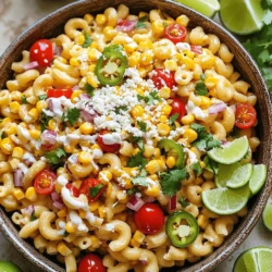 - 8 oz elbow macaroni or fusilli pasta - 2 cups corn kernels (fresh, frozen, or canned) - ½ cup crumbled cotija cheese - 1 red bell pepper, diced - 1 jalapeño, seeded and minced - ¼ cup cilantro, chopped - 3 tablespoons mayonnaise - 2 tablespoons sour cream - 2 tablespoons lime juice - 1 teaspoon chili powder - Salt and pepper to taste When I make Mexican street corn pasta salad, I focus on fresh, vibrant flavors. This dish is great for gatherings or a cozy dinner. First, I select my main ingredients. The pasta is the base, and I often use elbow macaroni or fusilli. They hold the dressing well. Next, I add corn. Fresh corn is best, but frozen or canned works fine. For color and crunch, I include diced red bell pepper. It adds sweetness. I also like to use jalapeño for a little heat. If you prefer less spice, remove the seeds. Finally, I sprinkle in chopped cilantro for a fresh taste. The dressing is key. I mix mayonnaise and sour cream for creaminess. Lime juice brightens the flavors, while chili powder gives it that classic street corn taste. I season with salt and pepper, making it just right. For the full recipe, check out the detailed instructions. Enjoy creating this flavorful dish! To start, boil a large pot of salted water. Add 8 ounces of elbow macaroni or fusilli pasta. Cook it according to the package instructions until it’s al dente. This means it should be firm but not hard. Once done, drain the pasta in a colander. Rinse it under cold water. This helps stop the cooking process and keeps the pasta from getting mushy. Next, grab a large skillet. Over medium heat, add 2 cups of corn kernels. You can use fresh, frozen, or canned corn. Sauté the corn for about 5 to 7 minutes. You want it to get slightly charred. This will bring out its natural sweetness and add a nice flavor. Once cooked, set it aside to cool. In a large mixing bowl, combine the cooled pasta and sautéed corn. Add in the diced red bell pepper, minced jalapeño, finely chopped red onion, halved cherry tomatoes, and chopped cilantro. This mix of colors and textures makes the salad lively. Now, let’s make the dressing. In a small bowl, whisk together 3 tablespoons of mayonnaise, 2 tablespoons of sour cream, 2 tablespoons of lime juice, 1 teaspoon of chili powder, and a pinch of salt and pepper. Make sure it's well blended. Pour the dressing over the pasta and vegetable mix. Toss everything gently until well coated. You want every bite to burst with flavor. Finally, sprinkle ½ cup of crumbled cotija cheese over the top. Give it a light toss to mix it in. This cheese adds a creamy and salty kick to the salad. For the best flavor, cover the salad and chill it in the fridge for at least 30 minutes. This allows all the flavors to meld together beautifully. For more detailed steps, check out the Full Recipe. Using fresh ingredients is key for the best flavor. Fresh corn gives a sweet crunch. Look for corn on the cob in season. If fresh corn is not available, frozen corn works well too. Just be sure to sauté it to add a bit of char. Adjusting seasoning to taste is easy. Start with salt and pepper. After mixing, taste the salad. You might want more lime juice for zing. A bit more chili powder can add heat if you like it spicy. Serving your pasta salad in a large bowl makes it inviting. For a colorful touch, add extra diced red bell pepper on top. You can also sprinkle more cotija cheese for a creamy look. Garnish with chopped cilantro for a pop of color. Lime wedges on the side add brightness. This not only looks good but also gives a fresh twist when served. For a gluten-free option, swap the pasta for gluten-free pasta. There are great options available that taste just as good. To make the salad vegan, use plant-based mayo and sour cream. You can replace cotija cheese with vegan cheese or simply leave it out. The salad will still taste great! {{image_2}} You can change the cotija cheese if you want. Feta cheese works well too. If you seek a creamier texture, try goat cheese. For pasta, elbow macaroni is great, but fusilli adds a fun twist. You can also use whole wheat pasta for a healthier option. Feel free to mix in different veggies. Try adding diced cucumbers for some crunch. Chopped radishes can give a nice bite. You can even toss in some black beans for added protein and fiber. Each swap can change the salad’s flavor and texture. For a heartier dish, add proteins. Grilled chicken or shrimp are excellent choices. They pair well with the other flavors. You can also use cooked bacon for a smoky touch. This will make your salad more filling and satisfying. If you love heat, spice it up! Add extra chilies or a splash of hot sauce. You can use your favorite chili powder or even diced serrano peppers. This will elevate the flavor and give it a nice kick. Get creative by mixing in ideas from other cuisines. How about a Mediterranean twist? Add olives and artichokes for a unique taste. You can also mix Mexican street corn flavors with a classic pasta salad. Think about adding olives, mozzarella, and basil for a fun fusion. Combining flavors from different cultures can bring fresh excitement. The key is to balance the tastes. You want to keep that beloved street corn essence while exploring new flavors. To keep your Mexican street corn pasta salad fresh, store it in an airtight container. This helps prevent it from absorbing other flavors in your fridge. It stays fresh for about 3 to 5 days. After that, the taste and texture may change. Always check for any signs of spoilage before eating. You can freeze the pasta salad, but it's best to keep the dressing separate. To freeze, place the salad in a freezer-safe bag or container. Remove as much air as possible to avoid freezer burn. When you are ready to eat, let it thaw in the fridge overnight. Reheat gently on the stove, adding a bit of lime juice to revive the flavors. Before serving leftovers, give the salad a good stir. It may need some refreshing. Add a little more lime juice or salt to boost the taste. You can also toss in some fresh cilantro or extra cheese for a flavor kick. This way, you can enjoy each bite as if it was fresh! Mexican street corn, or elote, is a popular street food in Mexico. It features grilled corn on the cob, slathered with creamy sauce. You usually find it topped with cotija cheese, chili powder, and fresh lime juice. This dish bursts with flavors and textures that create a delightful experience. Yes, you can! Frozen corn is a great option. It is sweet and tender. Using frozen corn saves time and is easy to find. Just remember to thaw it first. Fresh corn has a bit more crunch and flavor, but frozen works well too. To spice up this salad, add more jalapeños. You can use diced fresh ones or pickled ones. Another option is to sprinkle in cayenne pepper or hot sauce. If you enjoy smoky flavors, try adding smoked paprika. Adjust to your heat preference for the best flavor. This salad pairs well with grilled meats. Try serving it alongside chicken, steak, or fish. It also complements barbecued dishes or tacos. For a lighter meal, serve it with a fresh green salad. The flavors blend well together in any meal setting. You can keep leftovers in the fridge for 3 to 5 days. Store them in an airtight container to maintain freshness. If the salad looks or smells off, it’s best to toss it. Always check for any changes before enjoying leftovers. This blog post covered a tasty Mexican Street Corn Pasta Salad. We explored key ingredients, like pasta, corn, and cotija cheese. I shared step-by-step instructions for making and storing the salad. You learned tips for flavor and presentation, along with variations for your tastes. Remember, using fresh ingredients enhances the flavor and joy of cooking. Enjoy experimenting and make this salad your own!