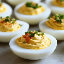 To make tasty classic deviled eggs, you need: - 6 large eggs - 3 tablespoons mayonnaise - 1 teaspoon Dijon mustard - 1 teaspoon apple cider vinegar - 1/4 teaspoon smoked paprika - Salt and pepper to taste - Fresh chives, finely chopped (for garnish) - 1/2 teaspoon sriracha (optional for a spicy kick) These ingredients blend together to create a creamy and flavorful filling. If you have dietary needs, you can still enjoy deviled eggs. Try these swaps: - Use vegan mayo for a plant-based version. - Substitute Greek yogurt for mayo for a lighter option. - Add avocado for creaminess without eggs. - Use mustard or vinegar for a tangy twist. These alternatives keep the flavor while catering to different diets. Choosing the right eggs makes a big difference in taste. Here are tips: - Look for eggs with a clean, uncracked shell. - Select eggs that are fresh; check the "sell by" date. - Choose free-range or organic eggs for better flavor. - Store eggs in the fridge to keep them fresh longer. High-quality eggs lead to better deviled eggs. You want a rich taste and smooth texture. Start by placing the eggs in a pot. Cover them with cold water. The water should be about an inch higher than the eggs. Turn the heat to medium-high and bring the water to a gentle boil. Once it boils, cover the pot and remove it from the heat. Let the eggs sit for 12 minutes. This step is key for perfect hard-boiled eggs. After 12 minutes, transfer the eggs to a bowl of ice water. Let them cool for about 10 minutes. This halts the cooking process and helps with peeling. Once the eggs have cooled, gently crack the shells. Peel them under running water to make it easier. Cut each egg in half lengthwise. Carefully remove the yolks and place them in a mixing bowl. Set the egg whites aside for later. Now, add mayonnaise, Dijon mustard, apple cider vinegar, smoked paprika, salt, and pepper to the yolks. If you like heat, mix in sriracha too. Use a fork to mash the yolk mixture until it is smooth. Taste and adjust seasoning if needed for the best flavor. Next, spoon or pipe the yolk mixture back into the egg whites. Fill them generously but neatly. For added flair, sprinkle extra smoked paprika on top. Finally, garnish with finely chopped chives. This step adds color and fresh flavor. Now, your classic deviled eggs are ready to impress! Check out the Full Recipe for more details. When making deviled eggs, many people overcook the eggs. This can lead to a green ring around the yolk. To avoid this, stick to my cooking time: 12 minutes is key. Another mistake is using too much mustard or vinegar. Start with small amounts and taste as you go. Lastly, don’t skip the seasoning. Salt and pepper really enhance the flavor. To peel eggs easily, follow these steps. First, cool the eggs in ice water right after cooking. This helps the shell come off smoothly. When you crack the shell, do it gently. Roll the egg slightly to loosen the shell. Peeling under running water can help too. The water gets under the shell and makes it easier to remove. To get the best flavor in your deviled eggs, use high-quality mayonnaise. It makes a big difference. Mix in Dijon mustard for a nice kick and apple cider vinegar for tang. Smoked paprika adds depth and a hint of smokiness. For some heat, don’t forget sriracha. Taste the filling before you fill the egg whites. Adjust the seasoning as needed. Follow these tips, and you will have tasty deviled eggs every time. For a detailed guide, check out the Full Recipe. {{image_2}} If you want a little heat, add sriracha to your deviled eggs. This sauce gives a nice kick and wakes up the flavors. Simply mix half a teaspoon of sriracha in with the yolk mixture. You can adjust the amount based on your spice preference. For extra flavor, sprinkle some chili powder on top before serving. Want to impress your guests? Try adding avocado or crispy bacon. For avocado, mash one ripe avocado into the yolk mixture. This makes the filling creamy and rich. For bacon, cook 2-3 slices until crisp, then chop and mix it in. You can also sprinkle some on top for a crunchy finish. Both options bring a gourmet twist to the classic recipe. Get creative with your deviled eggs! You can add many different ingredients for unique flavors: - Herbs: Fresh dill or cilantro can brighten the taste. - Cheese: Cream cheese or feta adds richness. - Pickles: Finely chopped pickles give a sweet and tangy crunch. - Smoked Salmon: A luxurious touch for seafood lovers. These add-ins let you personalize your deviled eggs. Mixing and matching can lead to exciting new flavors that keep things fresh. To store leftover deviled eggs, place them in a covered container. Use plastic wrap if you don’t have a lid. Keep the eggs in the fridge. They stay fresh for up to three days. Always check for any off smells before eating. Keep your ingredients fresh by storing them separately. Store eggs in their carton in the fridge. Mayonnaise and mustard should also be in the fridge. This way, each part stays tasty longer. If you make the filling ahead of time, store it in a sealed container. Reheating deviled eggs is not common. They taste best cold. If you want to serve them warm, gently warm the filling. Do this in a small pot on low heat. Then, refill the egg whites just before serving. For extra flair, add fresh toppings like chives or paprika. For the full recipe, check out the Devilish Delight Deviled Eggs. Deviled eggs can last up to three days in the fridge. Make sure to keep them in an airtight container. This will help keep them fresh. After three days, the eggs may lose their taste and texture. Always check for any off smells or changes in color before eating. Yes, you can make classic deviled eggs a day before your event. Prepare the eggs, fill them, and store them in the fridge. Just remember to add the toppings right before serving. This keeps them looking fresh and tasty. You can get creative with toppings for deviled eggs. Here are some popular choices: - Smoked paprika - Crispy bacon bits - Fresh herbs like dill or parsley - Pickled jalapeños for heat - Olive slices or capers for a salty bite - A drizzle of hot sauce for extra flavor These toppings add fun texture and taste to your classic deviled eggs. Feel free to mix and match! For the full recipe, check the link. Deviled eggs are versatile, tasty, and easy to make. You learned ingredients needed, from classic to alternative options. The step-by-step guide showed how to prepare and garnish your eggs perfectly. I shared tips on avoiding common mistakes and achieving the best flavor. You also discovered fun variations and how to store leftovers. Remember, the key to great deviled eggs is simple: fresh ingredients and a bit of creativity. Enjoy making these delights for your next gathering!