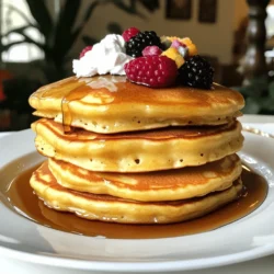 - 1 cup ricotta cheese - 1 cup all-purpose flour - 2 tablespoons sugar - 2 teaspoons baking powder - 1/2 teaspoon baking soda - 1/4 teaspoon salt - 1 cup milk - 3 large eggs - 1 teaspoon vanilla extract - 2 tablespoons unsalted butter, melted - Extra butter or oil for cooking Ricotta alternatives You can use cottage cheese if you want a similar taste. Just blend it to make it smoother. Cream cheese also works, but it will change the flavor. Gluten-free options For a gluten-free version, swap all-purpose flour with a gluten-free blend. Make sure it has xanthan gum for binding. Dairy-free suggestions Try using almond milk or oat milk instead of regular milk. For the ricotta, use a plant-based ricotta. These swaps keep the taste great while catering to dietary needs. Fluffy Ricotta Pancakes are easy to make and versatile. You can enjoy them for breakfast or brunch. Remember, you can find the full recipe above. Combining wet ingredients Start by taking a large bowl. Add the ricotta cheese, milk, eggs, and vanilla extract. Whisk them together until the mixture is smooth. This step brings out the creamy texture of the ricotta. Mixing dry ingredients In a separate bowl, mix the all-purpose flour, sugar, baking powder, baking soda, and salt. Stir these dry ingredients well to ensure they are evenly blended. This helps create a uniform pancake. Combining mixtures without overmixing Now, gradually add the dry mix to the wet mix. Stir gently until just combined. You want small lumps to remain, as overmixing can make the pancakes dense. A light touch is key here. Preheating your skillet Heat a non-stick skillet or griddle over medium-low heat. Lightly grease it with butter or oil. This ensures that your pancakes cook evenly and don’t stick. Cooking time per pancake Pour about 1/4 cup of batter for each pancake onto the skillet. Cook until bubbles form on the surface, which takes about 2 to 3 minutes. Flipping and checking doneness Once you see bubbles, it’s time to flip! Cook for another 2 minutes until golden brown on both sides. Check for a light brown color and a fluffy texture. Recommended toppings Serve warm pancakes with your favorite toppings. Maple syrup, fresh fruits, or a dusting of powdered sugar work well. You can also add a dollop of whipped cream for extra flair. Plating ideas for presentation For a beautiful presentation, stack the pancakes on a plate. Drizzle them with syrup and top with mixed berries. This not only looks great but also adds flavor. Enjoy your fluffy ricotta pancakes with these simple tips! To make your pancakes light and fluffy, avoid overmixing the batter. When you mix too much, you create gluten, which can make the pancakes tough. You want to mix just enough to combine the ingredients. Small lumps are fine! Using room temperature ingredients also helps. If you take your eggs and milk out of the fridge before you start, they blend better. Warm ingredients create a smoother batter and help the pancakes rise. Getting the heat right is key. Use medium-low heat for cooking. If the heat is too high, the pancakes can burn on the outside while staying raw inside. Non-stick cookware is your best friend. It helps prevent sticking and makes flipping easier. If your skillet isn’t non-stick, add a little butter or oil before pouring in the batter. To store pancakes, let them cool first. Place the pancakes in a single layer in an airtight container. This keeps them fresh and prevents sogginess. For reheating, you have options. The microwave is quick but might make them a bit tough. Instead, use a skillet over low heat. This keeps them soft and warm. For the best results, add a little butter to the skillet before reheating. {{image_2}} You can make your fluffy ricotta pancakes even more fun. Adding lemon or orange zest brightens the flavor. Just mix in a teaspoon or two of zest to the batter. This gives your pancakes a fresh, zesty taste that pairs well with syrup. Another great idea is to fold in chocolate chips or nuts. Use semi-sweet chocolate chips for a sweet twist. Chopped walnuts or pecans add a nice crunch. These flavors make each pancake a delightful surprise. If you want a vegan option, you can adapt the recipe. Use a plant-based ricotta made from nuts or tofu. Substitute the eggs with flaxseed meal or applesauce. This keeps the pancakes fluffy and delicious. For those on a low-carb or keto diet, try using almond flour instead of all-purpose flour. You can also replace the sugar with a low-carb sweetener. These changes keep the pancakes light while fitting your dietary needs. Toppings can change with the seasons, adding fun to each meal. In spring, fresh berries like strawberries and blueberries are a hit. In summer, sliced peaches and whipped cream make a lovely dish. For fall, try warm spiced apples or pumpkin puree. In winter, top with candied citrus peels or maple syrup. Festive presentations can include stacking pancakes high and drizzling syrup on top. Add a dusting of powdered sugar for a beautiful touch. For the full recipe, check out the full recipe section. Enjoy experimenting! After making your fluffy ricotta pancakes, store them properly to keep them fresh. Here are some simple guidelines: - Refrigeration: Let the pancakes cool completely. Place them in an airtight container. They will last in the fridge for about 3 days. You can stack them with parchment paper in between to prevent sticking. - Freezing your pancakes for later: If you want to save pancakes for a longer time, freezing is a great option. Place cooled pancakes in a single layer on a baking sheet. Freeze for about an hour, then transfer them to a freezer-safe bag or container. They can last up to 2 months in the freezer. When you’re ready to enjoy your pancakes again, reheating them correctly is key to keeping them fluffy. - Microwave vs. stovetop: For quick reheating, the microwave works well. Place pancakes on a microwave-safe plate and cover with a damp paper towel. Heat for about 20-30 seconds. For a crisper texture, use the stovetop. Heat a non-stick skillet over low heat and warm each pancake for about 1-2 minutes on each side. - How to retain texture after reheating: Always cover pancakes while reheating. This keeps moisture in, preventing them from drying out. If using the stovetop, a little butter can help add flavor and keep them soft. Yes, you can use other cheeses. Cream cheese gives a rich taste. Cottage cheese adds a lighter texture. You can even try goat cheese for a tangy twist. Each cheese will change the flavor and texture of your pancakes. Just remember to keep the same amount, about one cup. This will help you maintain the right balance. Making pancakes ahead is easy. You can cook them, let them cool, then stack them. Place parchment paper between each pancake. This will stop them from sticking together. Store the stack in an airtight container in the fridge. When you want to eat them, just reheat in the microwave or on a skillet. They will taste fresh and delicious! Dense pancakes often come from overmixing the batter. Mix just until the ingredients blend. Some lumps are okay; they help keep pancakes fluffy. Another reason could be old baking powder. Always check the date on the package. If they are still dense, add a bit more milk to lighten the batter. Following these tips will help you achieve light, fluffy pancakes. You’ve learned how to make light, fluffy pancakes with simple ingredients. We discussed ingredient swaps for dietary needs and shared tips for perfecting your cooking technique. Remember, avoid overmixing to keep your pancakes fluffy. Use fresh toppings to make each serving special. With these ideas, you can enjoy pancakes any time. Try different flavors and find your favorites. Happy cooking!