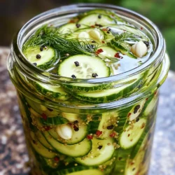 To make quick refrigerator pickles, gather these simple ingredients: - 4 small cucumbers, thinly sliced - 1 cup white vinegar - 1 cup water - 1 tablespoon sugar - 1 tablespoon salt - 1 teaspoon black peppercorns - 1 teaspoon crushed red pepper flakes - 3 cloves garlic, peeled and smashed - 1 sprig fresh dill or 1 tablespoon dill seeds These ingredients come together to create a crunchy and zesty treat. You can swap some ingredients if needed. Here are a few ideas: - Use apple cider vinegar instead of white vinegar for a fruity twist. - For a sweeter pickle, try honey in place of sugar. - Sea salt can replace regular salt for a finer taste. - If you don’t have black peppercorns, use ground black pepper instead. - Fresh herbs, like cilantro or thyme, can add unique flavors instead of dill. These substitutions can give your pickles a fresh spin. Fresh ingredients make a big difference in your pickles. - Cucumbers: The crunchiness of fresh cucumbers adds a nice texture. - Herbs: Fresh dill gives a bright, herby flavor that dried dill can't match. - Garlic: Using fresh garlic provides a bold and aromatic taste. Using fresh ingredients ensures your pickles taste vibrant and delicious. If you use old or wilted items, your pickles can end up lacking flavor and crunch. Start with a clean jar. I use a quart-sized glass jar for my pickles. Wash it well with soap and hot water. Rinse it thoroughly. To make sure it is germ-free, you can sterilize it. Boil the jar in water for 10 minutes. Let it cool before using. This helps keep your pickles fresh longer. Next, grab your cucumbers. You need about four small ones. Wash them under cold water. Now, slice them thin. You can choose rounds or spears. Thin slices work best for a nice crunch. Place the sliced cucumbers directly into your clean jar. This way, they are ready for the brine. Now, let’s make the brine. In a medium pot, mix one cup of white vinegar and one cup of water. Add one tablespoon of sugar and one tablespoon of salt. Heat the pot on medium. Stir until the sugar and salt dissolve. This should take a few minutes. Once the brine is hot, add your spices. Toss in one teaspoon of black peppercorns, one teaspoon of crushed red pepper flakes, and three smashed garlic cloves. You can also add a sprig of fresh dill or one tablespoon of dill seeds for extra flavor. Stir it all together. Finally, pour the hot brine over the cucumbers in the jar. Make sure they are fully covered. Leave some space at the top of the jar. Let the jar cool to room temperature. After that, seal it and place it in the refrigerator. Wait at least four hours before tasting, but overnight is even better! For the full recipe, check out the Crisp & Zesty Quick Refrigerator Pickles 🥒 entry. Enjoy this crunchy and flavorful treat! To keep your pickles crunchy, start with fresh cucumbers. Choose small and firm ones. Thin slices work best for quick pickles. Avoid large cucumbers; they tend to be watery. You can also add a few grape leaves to your jar. These leaves help maintain crunchiness because they have tannins. Store your pickles in a clean, airtight glass jar. This keeps air out and helps flavors blend. Always keep the jar in the fridge. The cold temperature slows down spoilage. Try to consume the pickles within two weeks for the best taste. If you want more flavor, let them sit for a day or two before eating. You can eat your quick refrigerator pickles after just four hours. However, for the best flavor, wait overnight. The longer they sit, the more the flavors mix. You can enjoy them as a snack, on sandwiches, or alongside meals. The taste will get better each day, so don't rush it! Check out the Full Recipe for more details. {{image_2}} You can pickle many veggies besides cucumbers. Carrots, radishes, and green beans work great. Try cauliflower for a crunchy bite. Beets add a lovely color and sweetness. Pickling these veggies gives new flavors and textures. Slice them thin or cut them into sticks. The process is the same as making cucumber pickles. Spices and herbs change your pickles' taste. For a spicy kick, add more crushed red pepper flakes. You can try mustard seeds for a tangy twist. Coriander seeds bring a warm flavor. Fresh herbs like thyme or oregano can add freshness. Mix and match spices to create your perfect blend. Just remember to taste as you go! Pickles can be sweet or savory based on your choice of ingredients. To make sweet pickles, add more sugar. You might also add sliced onions or bell peppers for sweetness. For savory pickles, use more salt and garlic. You can even add a splash of soy sauce for an umami punch. Adjusting these ingredients helps you find the balance you love. Explore these variations to make your quick refrigerator pickles unique and delicious! Check out the Full Recipe for more ideas. To keep your quick refrigerator pickles fresh, store them in a clean glass jar. Ensure the jar has a tight lid. Place the pickles in the refrigerator right after you make them. This helps the flavors blend well. Always keep the pickles submerged in the brine. If needed, add more brine to cover them fully. Homemade quick refrigerator pickles last about two to four weeks. After that, the taste may change. You may notice they become softer. Always check for any signs of spoilage, such as off smells or mold. If they look or smell strange, throw them away. Freezing quick refrigerator pickles is not recommended. The texture changes after thawing. Instead, make smaller batches to enjoy fresh pickles. If you want to save them longer, consider canning them. For the full recipe, check the instructions provided earlier. This way, you can enjoy them all year round! Quick refrigerator pickles can last for about two weeks. After that, they may lose their crunch. Store them in the fridge, tightly sealed, to keep them fresh. Always check for any off smells or colors before eating. Yes, you can use different types of vinegar for quick refrigerator pickles. Apple cider vinegar adds a fruity taste. Rice vinegar offers a milder flavor. Each type changes the taste, so choose what you like best. Just remember to keep the same ratio of vinegar to water. Refrigerator pickles are great as a crunchy side dish. Serve them with sandwiches, burgers, or salads. You can also use them as a garnish for tacos or burgers. They add a zesty kick to any meal. Try them as a snack too! For the full recipe, check out the Crisp & Zesty Quick Refrigerator Pickles section. You now know how to make quick refrigerator pickles. We discussed key ingredients, easy steps, and helpful tips. You learned how to keep your pickles crunchy and flavorful. You can even try other veggies or spices for new tastes. Finally, remember to store them right for the best flavor. Happy pickling! Enjoy your tasty creations!
