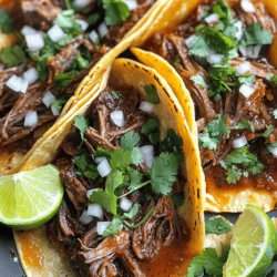 For my slow cooker birria tacos, I need just a few key items. Here’s what you will gather: - 2 lbs beef chuck roast, cut into chunks - 4 dried guajillo chiles, stems and seeds removed - 2 dried ancho chiles, stems and seeds removed - 1 onion, quartered - 4 cloves garlic - 4 cups beef broth - Corn tortillas The beef chuck roast gives a rich flavor. The guajillo and ancho chiles add depth and spice. Now, let’s spice things up! These are the spices I use: - 2 teaspoons ground cumin - 1 teaspoon dried oregano - 1 teaspoon paprika - Salt and pepper, to taste These spices help create warmth and complexity in the dish. They balance the rich beef and chiles. To finish off the tacos, I suggest these fresh garnishes: - Fresh cilantro, chopped - Diced onion - Lime wedges, for serving The cilantro adds a burst of freshness. Diced onion offers crunch, and lime brings brightness. Together, they elevate the whole dish. Check out the Full Recipe for a delicious journey! Start by toasting the dried guajillo and ancho chiles. Use a dry skillet over medium heat. Toast them for about 2-3 minutes. Flip them often so they brown evenly. You want them fragrant but not burnt. Once they smell great, take them off the heat and let them cool. After cooling, put the chiles in a blender. Add the quartered onion, garlic, ground cumin, oregano, and paprika. Pour in one cup of beef broth. Blend until smooth. If the mix is too thick, add more broth a little at a time. You want a sauce-like consistency that is rich in flavor. Now, it’s time for the beef. Put the chunks of beef chuck roast in your slow cooker. Season them well with salt and pepper. Pour the blended sauce over the beef. Add the rest of the beef broth into the pot. Stir it gently to coat the beef with the sauce. After cooking for eight hours, check if the beef is ready. It should be tender and easy to shred. Take the beef out of the slow cooker. Use two forks to shred it into bite-sized pieces. Then, mix the shredded beef back into the sauce in the slow cooker. To make the tacos, warm the corn tortillas in a hot skillet. Just a few seconds on each side will do. Take a tortilla and spoon in some of the beef and sauce mixture. Top it with chopped cilantro and diced onion for extra flavor. Serve with lime wedges on the side to squeeze over the tacos. Enjoy the burst of flavors in every bite! For the complete recipe, check [Full Recipe]. To get real birria flavors, use dried chiles. Guajillo and ancho give deep taste. Toast them gently to bring out their oils. This step is key; it boosts flavor. Blend the chiles well with onion and garlic. This mix forms a rich sauce that coats the beef. Don't skip this part; it makes your tacos shine. Slow cooking is simple and rewarding. Use beef chuck roast for tender meat. Cut it into chunks for even cooking. Season the beef well with salt and pepper before adding sauce. Keep the slow cooker on low heat for eight hours. This slow process breaks down the meat, making it easy to shred. Stir the beef in the sauce before serving. This keeps every bite juicy and flavorful. Birria tacos shine with fresh toppings. I love cilantro and diced onion for crunch. A squeeze of lime adds brightness, too. You can serve these tacos with a side of rice or beans. They soak up the flavors well. Try pairing them with a cold drink, like agua fresca or beer. These sides balance the rich taste of the tacos. For more ideas, check the full recipe. {{image_2}} You can use many types of meat for birria. Beef is popular, but lamb or goat adds a nice twist. Each meat brings a unique flavor. For a richer taste, try short ribs or brisket. These cuts have more fat, making them juicy and tender. The cooking time may change, so keep an eye on it. If you want a plant-based option, you can use mushrooms. They have a great texture and absorb flavors well. Jackfruit is another awesome choice. It shreds easily and gives a meat-like quality. Use vegetable broth instead of beef broth for the sauce. Add spices and herbs to make it flavorful. Birria varies by region in Mexico. In Jalisco, they serve it with a broth for dipping. In Tijuana, they add cheese for a gooey, tasty bite. Each version shows local flavors and traditions. Try different toppings, like avocado or salsa verde, to mix it up. You can find many ways to enjoy birria tacos. Check out the Full Recipe for more ideas! After enjoying your birria tacos, you might have some left over. To store them, place the beef and sauce in an airtight container. Make sure to cool it first. You can keep it in the fridge for up to 4 days. For the tortillas, wrap them in foil or keep them separate in a bag. This helps keep them soft. When you’re ready to eat again, reheating is easy. You can use a microwave or a skillet. If using a microwave, place the beef in a bowl and cover it. Heat for 1-2 minutes or until hot. If using a skillet, place the beef in the pan and heat on medium until warmed through. For the tortillas, warm them in the skillet for a few seconds on each side. This keeps them nice and soft. If you want to save some for later, freezing is a great option. Let the beef and sauce cool completely, then place them in a freezer-safe container. It can last for up to 3 months in the freezer. When you're ready to eat, thaw it in the fridge overnight. Reheat it as mentioned above. You’ll have a delicious meal ready to enjoy again. Check the [Full Recipe] for all the details on making this tasty dish! Birria tacos are a tasty Mexican dish. They consist of soft corn tortillas filled with tender, spiced meat. The meat is usually beef, but you can also find it made with goat or lamb. The beef is cooked low and slow in a rich broth with dried chiles and spices. This gives it a deep, savory flavor. People often serve them with broth for dipping. Yes, you can use other cooking methods. If you don’t have a slow cooker, try a Dutch oven. Cook on low heat for about three hours. You can also use a pressure cooker. This will cut down the cooking time to about one hour. Both methods will still give you delicious flavors. I love serving birria tacos with a few sides. Here are some great options: - Mexican rice - Refried beans - Fresh salad - Pickled onions - Sliced avocado These sides add color and flavor to your meal. To make birria tacos milder, remove some chiles. You can use just one guajillo chile or skip the ancho chiles. If you like more heat, add a pinch of cayenne pepper or fresh jalapeños. Taste as you go to find the right balance. You can prepare most of the recipe ahead of time. Make the sauce and cook the meat a day before. Store them in the fridge overnight. When ready to serve, just warm them up and assemble the tacos. This saves time and makes your meal stress-free. For the full recipe, check out the earlier sections. Slow cooker birria tacos are a delicious treat. We covered the key ingredients, from chiles to spices. You now know how to prepare the meat and assemble tasty tacos. We also shared tips for authentic flavors and storage advice. Don’t forget to explore different meat options or even go vegan. These tacos are flexible! With the right steps, you can enjoy a fantastic meal. Dive in and try making them yourself. You won’t regret it!