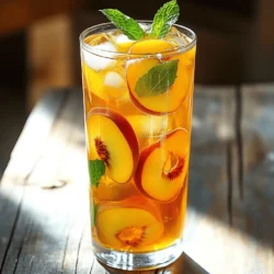 - 4 cups water - 4 black tea bags (or 4 teaspoons loose black tea) - 2 ripe peaches, pitted and sliced - 1/4 cup honey (adjust sweetness to taste) - 1 tablespoon fresh lemon juice - Fresh mint leaves for garnish - Ice cubes The ingredients for peach iced tea are simple and fresh. You start with water as the base. Black tea gives a robust flavor that pairs well with peaches. The ripe peaches add sweetness and a fruity touch. Honey sweetens the drink naturally. A splash of lemon juice brightens the flavor. Finally, fresh mint and ice cubes make it refreshing. Each serving has about 100 calories. The macronutrient breakdown includes: - Carbohydrates: 25 grams - Protein: 1 gram - Fat: 0 grams Peaches provide vitamins A and C. Black tea offers antioxidants. Honey adds a bit of energy with natural sugars. Black tea can be good for your heart. It has antioxidants that fight free radicals. Peaches are low in calories and high in vitamins. They help with hydration and digestion. Honey is a natural sweetener. It can soothe your throat and boost your energy. This iced tea is not just tasty; it also brings health benefits. Start by boiling 4 cups of water in a saucepan. Once it boils, remove the pan from heat. Add 4 black tea bags. Let the tea steep for 5 to 7 minutes, depending on how strong you want it. If you like stronger tea, let it steep longer. If you prefer a milder taste, steep it for less time. Now, let's focus on the peaches. Take 2 ripe peaches, pit them, and slice them. Place the peach slices in a blender. Add 1/4 cup of honey for sweetness. Blend the peaches until they turn into a smooth puree. This will add a fresh, fruity flavor to your tea. Once the tea has steeped, remove the tea bags. Add the peach puree to the warm tea. Stir well to mix the puree into the tea completely. Next, squeeze in 1 tablespoon of fresh lemon juice. This will balance the sweetness and add a bright flavor. Now, let the tea cool to room temperature. After it cools, refrigerate it for at least 1 to 2 hours until it is nice and cold. Serve over ice and enjoy your refreshing Peach Iced Tea! For more detailed steps, check out the Full Recipe. To change the sweetness of your peach iced tea, you can use many options. If you want to avoid honey, try agave syrup or maple syrup. These sweeteners blend well with the peach flavor. You can also use stevia or monk fruit for a low-calorie choice. To use natural sweeteners, add them slowly. Taste your tea as you mix. This way, you can stop when it reaches your desired level of sweetness. Remember, peaches are sweet too, so adjust carefully. Want to take your iced tea to the next level? Add spices or herbs. A pinch of cinnamon or a few slices of fresh ginger can give your tea a warm twist. You can also add basil or rosemary for a fragrant kick. When serving, consider the best taste experience. Serve your tea in clear glasses to show off the pretty color. Pair your drink with light snacks, like fruit or cheese. This adds more flavor to your meal. Garnishing your iced tea makes it look special. Try adding mint leaves for a pop of green. You can also float peach slices on top for a fresh look. A slice of lemon on the rim adds a nice touch too. For a great presentation, use tall glasses filled with ice. Pour the tea over the ice slowly to avoid splashes. This keeps your drink looking clean and inviting. A colorful straw can be fun, especially for kids. For the full recipe of peach iced tea, check out the details above. {{image_2}} You can switch up the tea base for peach iced tea. Try using green tea for a lighter taste. Herbal teas, like chamomile or hibiscus, add a unique twist. You can also blend different flavors. For example, adding ginger gives a spicy kick. Mint leaves can boost freshness and aroma. Experimenting with these options keeps your iced tea exciting and new. Want a fun twist? Mix peach iced tea with your favorite spirits. A classic choice is vodka. It blends well with the peach flavor. You could also try rum for a tropical touch. For a more sophisticated drink, add bourbon. Here’s a simple recipe: mix 1 part peach iced tea with 1 part spirit. Serve over ice and garnish with peach slices. Enjoy this refreshing cocktail at your next summer gathering. Peach iced tea popsicles are a cool treat for hot days. Start by making your iced tea as usual. Once it cools, pour it into popsicle molds. Add peach slices or mint for extra flavor. Freeze them for at least 4 hours. When ready, run warm water over the molds to help release the popsicles. These fruity pops are a hit with kids and adults alike. They make summer feel even sweeter. To keep your peach iced tea fresh, choose the right container. Glass jars or airtight plastic containers work best. Make sure the container is clean and dry before pouring in the tea. This helps prevent any strange tastes. When stored properly, peach iced tea lasts about 3 to 5 days in the refrigerator. Always check for any off smells or changes in color before enjoying. You can freeze peach iced tea for later use. Start by pouring the tea into ice cube trays or freezer-safe bags. Leave some space in the container, as liquids expand when frozen. Once frozen, the tea can last for up to 3 months. When you're ready to enjoy it, thaw the tea in the fridge overnight. For quick thawing, you can place the container in a bowl of cold water. Serve the thawed tea over ice for a refreshing drink. If you want to serve peach iced tea warm, the best method is to heat it gently on the stove. Use a low flame to warm it slowly. Stir often to avoid burning. After reheating, taste the tea. You might need to adjust the flavor by adding more honey or lemon juice to brighten it up. A warm peach iced tea can be a cozy treat on cooler days. To make your peach iced tea stronger, try these tips: - Use more tea bags or loose tea. - Steep the tea for longer. - Choose a bold black tea type, like Assam or Ceylon. - Blend in more peach puree for added fruit flavor. These methods enhance the tea's taste without losing the peach's sweetness. Strong tea balances the fruit's flavor well. Yes, you can use frozen peaches. They work well but may change the tea's texture. Frozen peaches might make the drink slightly slushier. They can also have a less vibrant flavor than fresh peaches. If you use frozen peaches, let them thaw a bit before blending. This step allows better blending and flavor release. Serve peach iced tea chilled for the best taste. Use tall glasses filled with ice cubes. This keeps the tea cold and refreshing. Garnish with mint leaves and peach slices for a beautiful touch. You can also use fun straws for added flair. Yes, you can sweeten your peach iced tea with several options. Here are some suggestions: - Stevia for a low-calorie option. - Agave syrup for a mild sweetness. - Maple syrup for a unique flavor. - Coconut sugar for a more natural sweetener. These options help you customize your tea according to your taste and dietary needs. Enjoy experimenting with flavors! Peach iced tea is a refreshing drink made with simple ingredients. We explored the key items like black tea, peaches, and honey, which provide flavor and health benefits. You learned about making the tea, creating a peach puree, and combining them for the perfect blend. Tips for adjusting sweetness and enhancing flavor help you craft a unique drink. From variations to handling leftovers, you have all the tools to enjoy this delightful beverage. Experiment, share your own twist, and enjoy each sip of your delicious peach iced tea!