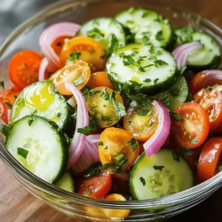 - 2 large cucumbers, thinly sliced - 1 large red onion, thinly sliced - 3 ripe tomatoes, diced - 1/4 cup rice vinegar - 2 tablespoons olive oil - 1 tablespoon honey - 1 teaspoon garlic powder - 1 teaspoon dried oregano - Salt and pepper to taste - Fresh parsley, chopped (for garnish) The key to this dish is freshness. I love using crisp cucumbers, vibrant tomatoes, and sweet onions. Each bite bursts with flavor. You should slice the cucumbers and onions thinly. This helps them soak up the dressing. The dressing is simple yet powerful. Rice vinegar adds tang. Olive oil brings richness. Honey balances the acidity with some sweetness. Garlic powder and oregano add depth. You can adjust salt and pepper to your taste. For a garnish, I suggest fresh parsley. It adds color and a fresh taste. When you mix all these ingredients, you create a harmony of flavors. This recipe is like a party for your taste buds. If you want to try this dish, check out the Full Recipe. You’ll find step-by-step instructions to make it easy. Enjoy the burst of flavor in every bite. To start, gather your ingredients. I find it easiest to prepare in one bowl. Combine the sliced cucumbers, onions, and diced tomatoes in a large mixing bowl. This mix creates a fresh base. Next, you need to make the dressing. In a separate bowl, whisk together the rice vinegar, olive oil, honey, garlic powder, oregano, salt, and pepper. Whisk until it blends well. This dressing adds a zesty kick. Now, pour the dressing over the vegetable mixture. Gently toss everything together. Make sure all the veggies are coated. This step is key to a flavor-packed dish. Cover the bowl with plastic wrap or a lid. You want to keep the flavors in. Place it in the refrigerator for at least 30 minutes. This marinating time helps meld the flavors. Before serving, toss the mixture again. This ensures even flavor distribution. The veggies will taste brighter and fresher after marinating. When ready to serve, garnish with fresh parsley. This adds a pop of color and taste. I recommend using a clear glass bowl. It showcases the vibrant colors and makes the dish look inviting. For a polished look, drizzle a little extra olive oil on top. This simple step enhances the overall presentation. Enjoy your crisp and zesty garden medley! For the complete method, check the Full Recipe. For great flavor, marinating time is key. I suggest at least 30 minutes in the fridge. This allows the cucumbers, onions, and tomatoes to soak up the dressing. Fresh ingredients are also crucial. They bring brightness and crunch to your dish. Use ripe tomatoes and crisp cucumbers for the best results. Spices or herbs can take your dish to the next level. Consider adding fresh dill or basil for a burst of flavor. You can also try a pinch of red pepper flakes if you like heat. Adjust the dressing to suit your taste. Not sweet enough? Add more honey. Too tangy? A splash of olive oil can help balance it out. You don't need fancy tools for this recipe. A large mixing bowl makes combining the veggies easy. Use a whisk for the dressing to blend it well. When it comes to storage, I recommend glass containers. They keep your marinated veggies fresh and allow you to see the vibrant colors. You can find the Full Recipe above to help guide your preparation. {{image_2}} You can mix things up with your marinated cucumbers, onions, and tomatoes. Here are some fun swaps: - Bell Peppers: Add colorful bell peppers for extra crunch. - Zucchini: Thinly slice zucchini for a fresh twist. - Radishes: Add radishes for a peppery flavor. For dressings, try these options: - Balsamic Vinegar: Swap rice vinegar for balsamic for a sweeter taste. - Lemon Juice: Use fresh lemon juice for a bright zing. - Avocado Oil: Replace olive oil with avocado oil for a rich flavor. You can easily make this dish fit your diet: - Vegan-Friendly: Substitute honey with agave syrup for a vegan option. - Gluten-Free: This recipe is naturally gluten-free, so enjoy without worry! Seasonal produce can change the flavor profile of your dish: - Summer: Use fresh heirloom tomatoes and sweet corn for a summer vibe. - Winter: Try adding roasted beets or carrots for a cozy winter salad. These variations keep your marinated cucumbers, onions, and tomatoes exciting! For the full recipe, check out the earlier section. After you make marinated cucumbers, onions, and tomatoes, store them in the fridge. Use an airtight container to keep them fresh. When stored this way, they last about 3 to 5 days. This helps keep the flavors intact and the veggies crispy. Always check for any signs of spoilage before you eat them. If you want to keep your marinated veggies longer, freezing is an option. First, drain off the marinade to avoid ice crystals. Place the veggies in a freezer-safe bag, and remove as much air as you can. They can last for up to 3 months in the freezer. When you're ready to eat them, thaw overnight in the fridge. Serve them cold, or gently reheat them in a skillet. To make your marinated cucumbers, onions, and tomatoes last longer, use acidic ingredients like vinegar or lemon juice. These help prevent spoilage. You can also add salt, which acts as a natural preservative. Always look for signs of spoilage like off smells, discoloration, or a slimy texture. If you see any of these, it’s best to toss them. For the full recipe, check out the earlier section. You should marinate cucumbers, onions, and tomatoes for at least 30 minutes. This time allows the flavors to blend well. If you have more time, try marinating them for up to 2 hours. The longer they sit, the better the taste. Yes, you can make this dish ahead of time. Prepare the salad and dressing a few hours before serving. Just keep it covered in the fridge. This dish tastes even better after the flavors mingle. Serve it chilled for a refreshing bite. Marinated cucumbers, onions, and tomatoes go well with many meals. Pair it with grilled chicken or fish for a light dinner. You can also serve it with sandwiches or burgers for a tasty lunch. It makes a perfect side for picnics or barbecues. Yes, this recipe is healthy! Cucumbers are low in calories and high in water. Tomatoes are rich in vitamins and antioxidants. Onions add flavor and may help with heart health. The olive oil provides healthy fats. Overall, this dish is nutritious and tasty. Enjoy it guilt-free! This recipe for marinated cucumbers, onions, and tomatoes is simple yet tasty. You learned the key ingredients and how to bring out their flavors. Marinating brings everything together, making it a great dish for any meal. You can easily customize it with fresh herbs or different veggies. Store it right to keep it fresh and tasty. By using these tips, you will enjoy this flavorful side dish again and again. Enjoy your cooking!