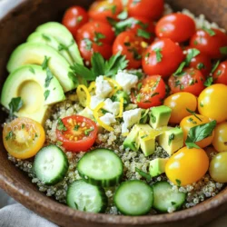 To make this tasty quinoa bowl, gather these fresh ingredients: - 1 cup quinoa, rinsed - 2 cups vegetable broth - 1 cup cherry tomatoes, halved - 1 cucumber, diced - 1 bell pepper (yellow or red), diced - ¼ cup red onion, finely chopped - 1 avocado, sliced - 2 tablespoons olive oil - 2 tablespoons fresh lemon juice - 1 tablespoon fresh parsley, chopped - 1 tablespoon fresh basil, chopped - Salt and pepper to taste - Optional: Feta cheese for topping You can swap some ingredients to fit what you have. Here are some ideas: - Quinoa: Try brown rice or farro for a different base. - Vegetable broth: Use water or chicken broth if you prefer. - Cherry tomatoes: Diced regular tomatoes work well too. - Cucumber: Zucchini or bell pepper can replace it. - Bell pepper: Any color works, or use shredded carrots. - Avocado: You can skip it or use diced mango for sweetness. - Fresh herbs: Dried herbs can work in a pinch but adjust amounts. Each serving of this quinoa bowl is not just tasty but healthy. Here’s what you get: - Calories: About 300 - Protein: 8g - Carbohydrates: 40g - Fat: 12g - Fiber: 7g - Sugars: 3g This dish packs a punch of flavor and nutrition, making it a great choice for dinner. For the full recipe, check out the detailed instructions. 1. Start by rinsing 1 cup of quinoa under cold water. This step helps remove any bitterness. 2. In a medium pot, mix the rinsed quinoa with 2 cups of vegetable broth. Bring this to a boil. 3. Once boiling, lower the heat. Cover the pot and let it simmer for about 15 minutes. The liquid should absorb fully. 4. After 15 minutes, take the pot off the heat. Let it sit covered for 5 more minutes. Then, use a fork to fluff the quinoa. 5. While the quinoa cooks, make the dressing. In a small bowl, whisk together 2 tablespoons of olive oil, 2 tablespoons of fresh lemon juice, salt, and pepper. 6. In a large bowl, mix 1 cup of halved cherry tomatoes, 1 diced cucumber, 1 diced bell pepper, and ¼ cup of finely chopped red onion. Add 1 tablespoon each of fresh parsley and basil. 7. Gently add the cooked quinoa to the vegetable mix. Pour the dressing over and toss everything together. 8. Finally, top your bowl with sliced avocado and sprinkle optional feta cheese on top. - Use vegetable broth for flavor. It makes the quinoa tastier. - Always rinse the quinoa. This step removes any bitter taste. - Keep the lid on while cooking. It helps the quinoa cook evenly. - Fluff the quinoa with a fork. This keeps it light and airy. - Serve this bowl warm or chilled. It tastes great either way! - Pair it with grilled chicken or shrimp for added protein. - Add a side of crusty bread for a complete meal. - Garnish with extra lemon juice and herbs for a fresh touch. For the full recipe, click [Full Recipe]. Many people make a few common mistakes when cooking quinoa. First, not rinsing quinoa can lead to a bitter taste. Always rinse it well before cooking. Second, overcooking quinoa makes it mushy. Cook it just until all the water is absorbed. Lastly, skipping the fluffing step can lead to clumpy quinoa. Fluff it gently with a fork for the best texture. You can easily boost the flavors in your Zesty Lemon Herb Quinoa Bowl. Add more herbs like dill or cilantro for a fresh taste. A splash of balsamic vinegar can also add depth. If you love spice, try adding red pepper flakes for heat. You can also add nuts or seeds for crunch and extra flavor. To save time, prep your ingredients before cooking. Chop vegetables while the quinoa cooks. Use one bowl for mixing to limit the dishes you use. To clean up faster, soak pots and pans immediately after use. This makes washing them easier when you're done eating. {{image_2}} Adding protein options to your quinoa bowl makes it heartier. You can use cooked chicken, shrimp, or even canned beans. If you want a plant-based option, try black beans or chickpeas. These add flavor and nutrition. Next, let’s talk about vegan and gluten-free options. This recipe is naturally gluten-free since quinoa is gluten-free. For a vegan meal, skip any cheese and focus on fresh veggies and healthy fats like avocado. You can replace feta with a vegan cheese option if you like. Flavor variations can also spice up your dish. Try adding spices like cumin or paprika for warmth. Fresh herbs like dill or cilantro can give it a new twist. You can even add a pinch of red pepper flakes for heat. Experiment with these flavors for a unique taste each time you make the bowl. For the full recipe, check out the first section. To keep your Zesty Lemon Herb Quinoa Bowl fresh, store it in an airtight container. This helps lock in flavor and moisture. Make sure the bowl is completely cool before sealing it. If you have leftover dressing, store it separately to keep the veggies crisp. Your quinoa bowl stays tasty in the fridge for about 3 to 5 days. If you notice any off smells or changes in color, it’s best to toss it. Always check before eating to ensure it’s still good. You can freeze this dish if you want to save some for later. Place it in a freezer-safe container. This way, it can last up to 3 months. When you’re ready to eat, thaw it overnight in the fridge. Reheat it gently on the stove or in the microwave. This method keeps the flavors intact. For the best taste, add fresh herbs after reheating. You can add protein to this bowl. Grilled chicken, chickpeas, or black beans work well. These options boost the protein and fiber content. You can also add more grains. Try brown rice or farro for extra texture. Don't forget to include nuts or seeds for crunch. Almonds or sunflower seeds are great choices. Yes, you can make this meal ahead. Cook the quinoa and store it in the fridge. This keeps well for about five days. Chop your veggies and store them in a separate container. You can mix everything just before serving. This helps keep the vegetables fresh and crisp. You can use many vegetables in this bowl. Try zucchini, carrots, or spinach for variety. Roasted sweet potatoes add great flavor too. Bell peppers come in many colors, so mix it up! Just make sure to chop them small for easy eating. This blog post covers how to make a Zesty Lemon Herb Quinoa Bowl. We looked at ingredients, cooking steps, and tips to make it perfect. You can swap ingredients for what you have on hand and still enjoy great flavors. I shared ways to store leftovers, so nothing goes to waste. Remember, cooking can be fun and simple. With a few tips, you can make this dish your own. Enjoy your healthy meal and happy cooking!