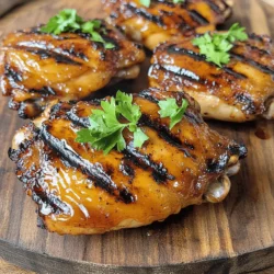 For flavorful BBQ grilled chicken thighs, you need just a few key ingredients. Here’s what you’ll need: - Bone-in, skin-on chicken thighs - 1/4 cup olive oil - 1/4 cup apple cider vinegar - 1/4 cup honey - 2 tablespoons Dijon mustard - 4 cloves garlic, minced - 2 teaspoons smoked paprika - 1 teaspoon salt - 1 teaspoon black pepper - 1 teaspoon cayenne pepper (optional, for heat) These ingredients come together to create a tasty marinade that makes the chicken juicy and full of flavor. The key here is the chicken thighs. They have more fat than breasts, which keeps them moist. The skin adds crispness and flavor, especially when grilled. The marinade works its magic by tenderizing the meat and infusing it with taste. I love using olive oil for its rich flavor and health benefits. Apple cider vinegar adds a tangy kick, while honey balances it with sweetness. Dijon mustard brings depth and a slight tang. Garlic and smoked paprika add layers of flavor. The salt and black pepper enhance everything, and cayenne gives it a spicy edge if you like heat. You can find the full recipe above to make sure you get everything just right. Enjoy the process and the delicious results! To make the marinade, start by mixing the following ingredients in a medium bowl: - 1/4 cup olive oil - 1/4 cup apple cider vinegar - 1/4 cup honey - 2 tablespoons Dijon mustard - 4 cloves garlic, minced - 2 teaspoons smoked paprika - 1 teaspoon salt - 1 teaspoon black pepper - 1 teaspoon cayenne pepper (optional) Whisk these ingredients until they blend well. This marinade gives your chicken its rich flavor. Marinating time is key. I recommend marinating for at least 2 hours. If you can wait overnight, the taste improves even more. Next, preheat your grill to medium-high heat, around 375°F to 400°F. This heat gives the chicken a nice sear. After marinating, take the chicken thighs out. Let any excess marinade drip off. Discard the leftover marinade to keep things safe. Place the chicken thighs skin-side down on the grill. Cook for about 6-8 minutes. Look for crispy skin and nice grill marks. After that, flip the chicken thighs. Grill them for another 6-8 minutes. You want the internal temperature to reach 165°F. The juices should run clear. To check for doneness, use a meat thermometer. The safe internal temperature for chicken is 165°F. You can also tell the chicken is ready when the juices run clear. If the chicken is still pink, give it more time on the grill. Once done, let the chicken rest for about 5 minutes before serving. This helps keep it juicy. You can find the full recipe above for more details. Enjoy your flavorful and juicy BBQ grilled chicken thighs! To set up your grill, start with a clean grate. A clean grill helps prevent sticking. Preheat the grill to medium-high heat, around 375°F to 400°F. This heat level cooks chicken thighs evenly and creates a nice crust. To avoid sticking, oil the grill grates before placing the chicken on them. You can use a paper towel soaked in oil. Just hold it with tongs and wipe the grates. This small step makes a big difference. You can enhance the flavor of your BBQ grilled chicken thighs with a few optional ingredients. For a zesty kick, try adding lemon juice or zest to your marinade. Fresh herbs like thyme or rosemary can also add depth. A splash of soy sauce might give it a unique twist. Resting the meat is vital. After grilling, let the chicken thighs sit for about 5 minutes. This step allows the juices to redistribute. If you skip this, the juices will run out when you cut into the meat. The result? Dry chicken, and nobody wants that. For the full recipe, check out the detailed instructions provided earlier. {{image_2}} For BBQ grilled chicken thighs, marinades make all the difference. You can create many flavors to match your taste. Citrus-based marinade options: - Lemon and lime: Use juice from two lemons and two limes. Add a bit of zest for extra flavor. - Orange and ginger: Mix juice from two oranges with a teaspoon of minced ginger. It gives a sweet touch. Citrus marinades help tenderize the meat. They also add a bright flavor that pairs well with chicken. Spicy marinade variations: - Chipotle lime: Blend chipotle peppers in adobo sauce, lime juice, and olive oil. This adds a smoky and spicy kick. - Sriracha and honey: Mix Sriracha sauce with honey for sweet heat. A tablespoon of soy sauce can deepen the flavor. Spicy marinades bring excitement to your chicken. They work well if you enjoy bold flavors. When it comes to BBQ, sauces and rubs can elevate your grilled chicken. Popular BBQ sauces to use: - Kansas City style: This sauce is thick and sweet, made with molasses and brown sugar. - Carolina vinegar sauce: This sauce is tangy and thin, made with vinegar and spices. It adds a nice kick. BBQ sauces can be brushed on during the last few minutes of grilling. This helps create a sticky glaze. Dry rub combinations for extra flavor: - Classic BBQ rub: Combine brown sugar, smoked paprika, garlic powder, and black pepper. This mix brings a sweet and smoky flavor. - Herb blend: Use dried thyme, oregano, and rosemary for a fresh taste. This adds a nice depth to the chicken. Dry rubs can be applied before marinating or grilling. They create a flavorful crust on the chicken. Experiment with these options for your BBQ grilled chicken thighs. You’ll find a mix that suits your taste. For a full recipe, check out the detailed steps above. After enjoying your BBQ grilled chicken thighs, store any leftovers in the fridge. First, let the chicken cool to room temperature. Then, place it in an airtight container. This helps keep moisture in and prevents odors from mixing. Use a container with a tight lid or a resealable plastic bag. Remove as much air as possible. Store the chicken for up to four days. To freeze grilled chicken thighs, start by letting them cool fully. Wrap each piece tightly in plastic wrap. Then, place the wrapped chicken in a heavy-duty freezer bag. Write the date on the bag. This helps you keep track of how long it's been frozen. You can freeze the chicken for up to three months. When you’re ready to eat, thaw the chicken in the fridge overnight. To reheat, place the chicken in a preheated oven at 350°F (175°C). Heat it for about 20-25 minutes. This keeps it juicy. You can also use a microwave, but be careful. Microwaving can dry the chicken out if you’re not careful. Enjoy your flavorful and juicy meal again! For more details, check the full recipe. Marinate chicken thighs for at least 2 hours. For the best flavor, I suggest marinating overnight. This allows the chicken to soak up all the tasty goodness from the marinade. The longer you marinate, the more flavor you get in each bite. Just remember, you should not exceed 24 hours. Too long can make the meat mushy. Yes, you can cook BBQ chicken thighs in the oven. Preheat your oven to 400°F. Place the marinated chicken thighs on a baking sheet. Bake for about 35-40 minutes. Use a meat thermometer to check for 165°F internal temperature. You can also broil for the last few minutes to get crispy skin. It’s a great way to enjoy BBQ chicken when you can't grill outside. BBQ grilled chicken thighs pair well with many sides. Here are some popular choices: - Coleslaw - Corn on the cob - Baked beans - Grilled vegetables - Potato salad These dishes balance the rich flavors of the chicken. They also add color and variety to your meal. To reheat grilled chicken thighs, you can use the oven or microwave. For the oven, set it to 350°F. Place the chicken on a baking dish and cover it with foil. Heat for about 15-20 minutes. This keeps the chicken moist. If using a microwave, heat on medium power for about 2-3 minutes. Always check that the chicken is heated through to 165°F. This way, you can enjoy juicy chicken again. For more tips and the full recipe, check out the [Full Recipe]. Grilling bone-in chicken thighs can be simple and fun. You learned about the perfect marinade and cooking steps. I shared tips to enhance flavors and avoid sticking on the grill. Remember, marinating time makes a big difference. You can try different marinades and sauces to mix things up. Store leftovers properly to enjoy later. Whether you grill outside or cook inside, these tips will help you serve tasty chicken. Enjoy your cooking and happy grilling!
