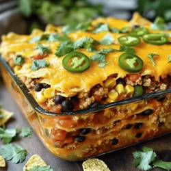 - 1 lb ground turkey or beef - 1 can (15 oz) black beans, drained and rinsed - 1 can (15 oz) corn, drained - 1 packet taco seasoning - 1 cup salsa - 2 cups tortilla chips, crushed - 2 cups shredded cheddar cheese - 1 cup sour cream - 1 large jalapeño, sliced (optional) - Fresh cilantro for garnish (optional) To make Cheesy Taco Casserole, gather these simple ingredients. You can use ground turkey or beef based on your taste. Black beans and corn add fiber and color, making the dish hearty. Taco seasoning gives it that classic flavor we all love, and salsa adds a nice kick. Don't forget the crunch! Crushed tortilla chips layer at the bottom, creating a base that soaks up all the flavors. Cheese binds everything together, making it gooey and delicious. If you like spice, add jalapeño slices for heat. A dollop of sour cream on top adds creaminess and cools the dish. - Skillet - Baking dish - Measuring cups and spoons You will need a few tools to whip up this casserole. A skillet cooks the meat and blends the flavors. A baking dish holds all the layers together while baking. Measuring cups and spoons help get the right amount of each ingredient. For the complete recipe, check out the Full Recipe section. 1. Preheat the oven: Start by setting your oven to 350°F (175°C). This makes sure it’s hot when you bake your casserole. 2. Cook the meat: In a large skillet, cook 1 lb of ground turkey or beef over medium heat. Stir it until it turns brown. Make sure to drain any extra fat. 3. Mix in the seasonings: Once the meat is cooked, stir in 1 packet of taco seasoning, 1 can of black beans (drained and rinsed), 1 can of corn (drained), and 1 cup of salsa. Mix this well and let it simmer for about 5 minutes. This helps all the flavors blend nicely. 1. First layer with tortilla chips: Take a 9x13 inch baking dish and layer half of the 2 cups of crushed tortilla chips on the bottom. This gives a crunchy base. 2. Add meat mixture and sour cream: Spread half of the meat mixture over the chips. Then add half of the 1 cup of sour cream on top. 3. Top with cheese: Now sprinkle half of the 2 cups of shredded cheddar cheese over the sour cream. This cheese melts beautifully and adds richness. 1. Cover and bake: Use aluminum foil to cover the dish. Bake it in the oven for 25 minutes. This keeps the moisture in. 2. Uncover and finish baking: After 25 minutes, take off the foil. Bake for an extra 10-15 minutes. You want the cheese to be melted and bubbly. 3. Let it sit before serving: Once it’s done, let the casserole sit for about 5 minutes. This makes it easier to cut and serve. Enjoy making this comforting Cheesy Taco Casserole! For the full recipe, check out the details above. To make your Cheesy Taco Casserole shine, layering is key. Start with crushed tortilla chips. They give a solid base. Then, add half of your meat mixture. Spread it evenly. Next, scoop on half of the sour cream. Finally, layer half of the cheese on top. Repeat these layers. This ensures every bite has flavor. Good ingredient distribution keeps every layer tasty. Want to boost the flavor? Add extra spices! A pinch of cumin or chili powder can work wonders. You can also try different cheeses. Pepper jack gives a spicy kick. Mozzarella adds a nice stretch. Mix and match until you find your favorite combo. Avoid overcooking the meat! Cook it until browned, then add other ingredients. If you cook too long, it can dry out. Also, don’t skip the resting time. Let the casserole sit for 5 minutes after baking. This helps the layers set and makes serving easier. For the full recipe, check out the details above. {{image_2}} You can make a tasty vegetarian version of Cheesy Taco Casserole. Instead of meat, use veggies like bell peppers, zucchini, or mushrooms. These veggies add flavor and texture that everyone will enjoy. You can also try using lentils or chickpeas as your protein source. They are packed with nutrients and give a nice bite. This way, you still get a filling dish without the meat. Cheese is a big part of this casserole. While I love cheddar, you can switch it up! Try using mozzarella for a milder taste or pepper jack for a kick. If you want extra creaminess, add some cream cheese. Just mix it in with the sour cream. This will give your casserole a rich, smooth texture. Each cheese brings its own flavor, so feel free to experiment! You can easily change the spice level in your casserole. If you want it mild, skip the jalapeño or use less taco seasoning. For heat lovers, add more jalapeño slices. You can also pick a spicy taco seasoning to give it a nice kick. Adjust the spices to fit your taste. Everyone will love the flavors you create! To keep your Cheesy Taco Casserole fresh, refrigerate it within two hours of cooking. Use an airtight container for best results. Glass or plastic containers work well. Make sure the casserole cools down before sealing to avoid moisture buildup. You can reheat your casserole in the oven or microwave. For the oven, preheat to 350°F (175°C). Place the casserole in a baking dish and cover it with foil. Heat for about 20 minutes. This method keeps the texture nice. If using a microwave, heat in short bursts, about 1-2 minutes at a time. Stir in between to ensure even heating. If you want to freeze your casserole, let it cool completely first. Wrap it tightly in plastic wrap, then foil. This helps prevent freezer burn. It can last up to three months. When you're ready to eat, thaw it overnight in the fridge. Reheat it in the oven to keep the cheese nice and melty. For best results, remove the foil during the last 10 minutes of baking. Enjoy your delicious meal later! For the full recipe, check back to the beginning. To make Cheesy Taco Casserole gluten-free, swap some ingredients. Use gluten-free tortilla chips. Check taco seasoning for gluten. Some brands add gluten in their spices. You can also make your own seasoning. Use spices like chili powder, cumin, and paprika. Yes, you can prep this dish ahead. Make the meat mixture and layer the casserole. Cover it and store it in the fridge. You can bake it the next day. If you freeze it, let it thaw overnight in the fridge. Then, bake as usual. Look for bubbles around the edges. The cheese should be melted and golden. You can also use a knife. Insert it in the center; it should be hot. Let it sit for a moment before serving. This helps the layers set. In this blog post, we explored how to make a Cheesy Taco Casserole. We covered essential ingredients like ground turkey, black beans, and cheese. I shared step-by-step instructions to help you prepare, layer, and bake the dish perfectly. Remember to avoid common mistakes, like overcooking meat, for the best results. Feel free to experiment with vegetarian options or different cheeses to suit your taste. Enjoy storing your leftovers or freezing extras for later meals. With these tips, you can create a tasty casserole that everyone will love.