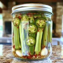 - 1 pound fresh okra, trimmed - 2 cups distilled white vinegar - 1 cup water - 3 tablespoons sugar - 2 tablespoons kosher salt - 4 cloves garlic, sliced - 2 teaspoons red pepper flakes - 2-4 fresh jalapeños, sliced (adjust for heat preference) - 1 teaspoon mustard seeds - 1 teaspoon black peppercorns - 1 teaspoon dill seeds When making spicy refrigerator pickled okra, you want to ensure you have fresh ingredients. Start with the okra. Choose bright green pods that are firm to the touch. Avoid any that look soft or bruised. Next, distilled white vinegar plays a key role in the pickling process. It adds the sharp tang you crave. The water helps balance the brine's strength, making it more palatable. Now, let’s talk seasoning. Sugar balances the vinegar's tartness. Kosher salt adds depth and enhances flavors. The sliced garlic brings a lovely aroma and taste to your pickles. For the spice lovers, red pepper flakes and fresh jalapeños bring the heat. You can adjust the jalapeño quantity based on how spicy you want your okra. Mustard seeds, black peppercorns, and dill seeds add unique flavors that complement the okra well. For the full experience, follow the [Full Recipe]. Enjoy your pickling adventure! Start by washing the okra under cold water. This step cleans off dirt and bacteria. After washing, trim the stems but keep the pods intact. Keeping the pods whole helps them stay crunchy. If you cut them too much, they may become mushy when pickled. Next, you will make the brine. In a medium saucepan, mix 2 cups of distilled white vinegar, 1 cup of water, 3 tablespoons of sugar, and 2 tablespoons of kosher salt. Heat this mixture on medium heat. Stir until the sugar and salt dissolve completely. This step is key for great flavor. Once it’s dissolved, remove it from the heat. Now, it’s time to pack the jars. Use clean, sterilized jars for best results. Start by placing a layer of okra in the jar. Then, add slices of fresh jalapeños. You can sprinkle fresh dill if you like. Repeat layering until the jars are packed tightly. This helps ensure the flavors mix well. Carefully pour the cooled brine over the okra. Make sure the brine covers the okra completely. This step is very important for a good pickle. Leave about half an inch of space at the top of the jar. Finally, seal the jars with tight-fitting lids. Store them in the fridge right away. Let the okra pickle for at least 24 hours before enjoying. The longer they sit, the better they taste. Check out the Full Recipe for all the details! To get the best flavor from your spicy refrigerator pickled okra, let it sit for at least 24 hours. This time allows the flavors to blend. The longer you wait, the better the taste. You can let it pickle for up to a week for a stronger flavor. You can enhance the flavor by adding more spices. Consider using different herbs or even a splash of pickle juice from other pickles. This can give your okra a unique twist. Experiment with your favorite spices to make it your own. Pickled okra is great on its own but also shines in dishes. You can serve it as a crunchy snack or an appetizer. It pairs well with cheese and crackers. Feel free to chop it up and toss it in salads for a zesty kick. Another fun way to use pickled okra is in cocktails. Try adding it to a Bloody Mary for extra flavor. It adds a nice crunch and a spicy touch that elevates your drink. Presentation matters when serving pickled okra. Use a colorful decorative bowl to catch the eye. You can also serve it with a small dish of the brine for dipping. This adds a fun element to your meal. For a beautiful touch, use whole okra pods as a garnish. Lay a few on top or around the bowl. This not only looks pretty but shows off the vibrant green color of the okra. A little effort in presentation makes a big difference! {{image_2}} You can change the heat of your spicy refrigerator pickled okra easily. Start by adjusting the number of jalapeños you use. For milder pickles, add just one jalapeño. Want more heat? Try four or even more. You can also tweak the red pepper flakes. Less means less heat. More means a spicier bite. If you want to explore other spicy ingredients, consider adding a dash of cayenne pepper or even some sliced serrano peppers. Both will give your pickled okra a unique twist and a nice kick. To change the flavor of your pickles, think about adding fresh herbs. Thyme and oregano work well. Just a little can add a lot of depth to the flavor. You can also play with different types of vinegar. While distilled white vinegar is standard, apple cider vinegar or rice vinegar can add a subtle sweetness and a different taste profile. Try mixing it up! Each vinegar brings its own character. Experimenting can lead to a fun and tasty surprise. Don't limit your pickling to just okra. You can use other vegetables too! Carrots, cucumbers, and green beans are all great options. They soak up the brine nicely and will taste amazing. Want to get creative? Try combining different vegetables in one jar. Just make sure they have similar cooking times. This way, they will pickle evenly. The mix of colors and flavors will make for an eye-catching and tasty treat! You should refrigerate spicy pickled okra for up to two months. This keeps the flavors fresh and bright. After two months, the taste may fade. Look out for signs of spoilage, like mold or a bad smell. If you notice these, it's time to discard the jar. Always seal your jars tightly. This helps keep air out and flavors in. Store your jars in the fridge at a temperature below 40°F (4°C). This coolness slows bacteria growth and keeps your okra safe to eat. There are many fun ways to use pickled okra. You can toss it in salads for a pop of flavor. Try adding it to sandwiches or wraps for a crunchy bite. To extend shelf life, always use clean utensils when serving. This prevents bacteria from getting into the jar. For more ideas, check the [Full Recipe]. To pickle okra, you need at least 24 hours. This time allows the okra to soak up the brine's flavors. However, if you wait longer, the taste will deepen. I often recommend keeping them for at least three days for a better taste. You can use frozen okra, but it may not be as crunchy. Frozen okra may lose some of its texture during freezing. It’s best to use fresh okra for the best results. If you do use frozen, thaw them first and drain any excess water. If the brine doesn’t cover the okra, you can add more brine. Simply mix equal parts of vinegar and water, then pour it into the jar until the okra is submerged. You can also press the okra down gently to ensure they are packed tightly, which might help the brine cover them. To boost the flavor, add more spices. I love using coriander seeds or bay leaves. You can also experiment with herbs like thyme or oregano. If you crave more heat, add more jalapeños or red pepper flakes. In this guide, we explored how to pickle okra step by step. We covered essential ingredients, from fresh okra to a mix of spices. You learned how to prepare the okra, make the brine, and pack the jars tightly. We shared tips for perfect pickling and serving ideas. Pickled okra adds flavor and zest to your meals. Experiment with spices and vegetables to find your favorite twist. Happy pickling!