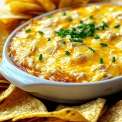 - 2 cups shredded cooked chicken (preferably rotisserie) - 1 cup cream cheese, softened - 1/2 cup Greek yogurt (or sour cream) - 1/2 cup hot sauce (like Frank's RedHot) - 1 cup shredded cheddar cheese - 1/2 cup crumbled blue cheese (optional) - 1 tablespoon ranch seasoning mix - 1/4 teaspoon garlic powder - Salt and pepper to taste - Fresh chives or green onions for garnish When making Buffalo Chicken Dip, the right ingredients matter. The chicken gives it a hearty base. I like using rotisserie chicken for ease and flavor. Cream cheese adds a rich creaminess. Greek yogurt can bring tang and lightness, but sour cream works too. Hot sauce is key for that spicy kick. I recommend Frank’s RedHot for its classic flavor. Cheddar cheese melts beautifully, adding a savory depth. Blue cheese adds an extra layer of flavor but is optional. Ranch seasoning ties it all together, while garlic powder enhances the taste. Don’t forget salt and pepper for balance. Finally, fresh chives or green onions bring color and freshness to the dip. - Alternatives for Greek yogurt: You can use plain yogurt or buttermilk. These will give you a similar tang. - Low-fat options for cream cheese: Try low-fat cream cheese or a blend with cottage cheese. This will lighten the dip while keeping it creamy. - Different types of hot sauce: You can swap it for any hot sauce you like. Sriracha or a chipotle sauce can add a unique twist. For the full recipe, check out the detailed steps to make this dip shine! 1. Preheating the oven Start by preheating your oven to 350°F (175°C). This step helps create a nice, warm dip. 2. Mixing ingredients in a bowl In a large mixing bowl, combine your shredded cooked chicken, softened cream cheese, and Greek yogurt. Mix these ingredients well until the texture is smooth. Then, add the hot sauce, shredded cheddar cheese, and optional blue cheese. Don’t forget the ranch seasoning mix and garlic powder! Season with salt and pepper to taste. 1. Transferring the mixture to a baking dish Once your mixture is ready, transfer it to a baking dish. Spread it out evenly so it heats well all over. 2. Baking time and temperature Place the baking dish in your preheated oven. Bake for 20-25 minutes. You want it to be bubbly and light golden on top. Keep an eye on it to avoid burning. 1. Cooling the dip before serving After baking, remove the dip from the oven. Let it cool for a few minutes. This helps prevent burns when you serve it. 2. Garnishing with chives or green onions Finally, garnish your dip with chopped chives or green onions for a fresh touch. This adds color and flavor to your dish. You can now enjoy your Buffalo Chicken Dip warm and creamy! For the complete recipe, check the Full Recipe section. To make your Buffalo chicken dip extra creamy, use a mix of cream cheese and Greek yogurt. This blend gives you a rich taste without being too heavy. If you want it even creamier, add more cream cheese. You can also stir in a touch of heavy cream for that dreamy texture. Adjusting spice levels is easy. Start with half the hot sauce to see how it tastes. If you like it hotter, mix in more sauce until it suits your taste. You can also add a pinch of cayenne for extra heat. For the best dippers, tortilla chips work wonders. They add crunch and flavor. Celery sticks are great for a fresh bite. Carrot sticks also pair nicely, adding a hint of sweetness. When it comes to drinks, cold beer is a classic match. You can also serve soda or iced tea for a non-alcoholic option. These drinks help balance the heat of the dip. Get creative with your serving vessels! A cast-iron skillet gives a rustic feel. You can also use a colorful bowl to brighten the table. Arrange dippers around the dip for a fun look. To make it visually appealing, sprinkle chopped chives or green onions on top. This adds a pop of color and freshness. You can even place some extra cheese on top before baking for a golden finish. For the full recipe, check out the details above! {{image_2}} To make your Buffalo Chicken Dip unique, try different cheese blends. You can mix cheddar, mozzarella, or pepper jack. Each cheese adds its own taste and creaminess. Adding veggies can also enhance the dip. Chopped celery, bell peppers, or green onions give a fresh crunch. If you want more protein, throw in some black beans or shredded pork. These swaps keep the dip exciting every time you make it. If you need gluten-free options, this dip is perfect! All the ingredients are naturally gluten-free. Just check your hot sauce label. For a vegetarian version, swap out the chicken for canned chickpeas or lentils. You still get that great flavor without meat. Use a plant-based cream cheese and Greek yogurt for a fully vegetarian dip. These changes help everyone enjoy this dish. You can cook this dip in different ways. The slow cooker is great for a hands-off approach. Just mix your ingredients, set it to low, and let it warm for a few hours. If you're short on time, use the microwave. Combine everything in a microwave-safe bowl. Heat in 30-second bursts, stirring in between, until warm and creamy. These methods let you enjoy this dip no matter your schedule. For the full recipe, refer back to the ingredients and steps shared. To keep your Buffalo Chicken Dip fresh, use airtight containers. Glass containers work best. They don't retain odors and are easy to clean. If you use plastic, ensure it's BPA-free. Before sealing, let the dip cool to room temperature. This step helps prevent condensation. Store it in the fridge for up to 4 days. You can reheat Buffalo Chicken Dip in two main ways: the microwave or the oven. - Microwave: Place the dip in a microwave-safe bowl. Heat in short bursts of 30 seconds, stirring in between. This method warms it quickly but may dry it out. - Oven: Preheat the oven to 350°F (175°C). Place the dip in an oven-safe dish and cover it with foil. Bake for about 15 minutes or until heated through. The oven keeps the dip creamy and maintains the texture. For the best results, always stir the dip before serving. This ensures even heat distribution. Freezing Buffalo Chicken Dip is easy and great for meal prep. - Guidelines for freezing: Allow the dip to cool completely. Then, transfer it to a freezer-safe container. Leave some space at the top for expansion. Seal tightly and label it with the date. The dip can last up to 3 months in the freezer. - Thawing and reheating frozen dip: When ready to use, thaw the dip in the fridge overnight. Reheat it in the microwave or oven as described above. Stir well after reheating to blend the flavors. Enjoy your Buffalo Chicken Dip anytime by following these simple storage tips! For the full recipe, check out the earlier section. Buffalo chicken dip is a creamy and spicy dip made with shredded chicken, cream cheese, and hot sauce. It’s a crowd-pleaser at parties and game days. The dip has a rich, tangy flavor, often enhanced with cheese and spices. You can serve it warm with chips or veggies for dipping. Yes, you can make Buffalo chicken dip ahead of time. Prepare the dip and store it in the fridge for up to two days. When ready to serve, just bake it until hot and bubbly. This way, you save time on the day of your gathering. Buffalo chicken dip lasts about three to four days in the fridge. Make sure to store it in an airtight container to keep it fresh. If you notice any off smells or changes in texture, it’s best to toss it. Safety first! Buffalo chicken dip can be spicy, depending on the hot sauce you use. If you prefer less heat, try using less hot sauce or a milder brand. You can also mix in some creamy ingredients like sour cream or yogurt to tone down the spice. Adjust the flavor to suit your taste! Buffalo Chicken Dip is a tasty dish made with simple ingredients. We covered what you need, how to prepare it, and tips for perfecting the flavor. Remember, you can easily swap some ingredients or adjust the spice to suit your taste. Whether you serve it at a party or enjoy it at home, you can make this dip your own. Follow these steps, and you’ll have a dish everyone will love. Enjoy your cooking and impress your guests!