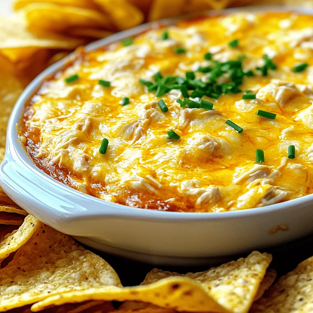 - 2 cups shredded cooked chicken (preferably rotisserie) - 1 cup cream cheese, softened - ½ cup Greek yogurt (or sour cream) - ½ cup hot sauce (like Frank's RedHot) - 1 cup shredded cheddar cheese - ½ cup crumbled blue cheese (optional) - 1 tablespoon ranch seasoning mix - ¼ teaspoon garlic powder - Salt and pepper to taste - Fresh chives or green onions for garnish When making Buffalo Chicken Dip, the right ingredients matter. The chicken gives it a hearty base. I like using rotisserie chicken for ease and flavor. Cream cheese adds a rich creaminess. Greek yogurt can bring tang and lightness, but sour cream works too. Hot sauce is key for that spicy kick. I recommend Frank’s RedHot for its classic flavor. Cheddar cheese melts beautifully, adding a savory depth. Blue cheese adds an extra layer of flavor but is optional. Ranch seasoning ties it all together, while garlic powder enhances the taste. Don’t forget salt and pepper for balance. Finally, fresh chives or green onions bring color and freshness to the dip. - Alternatives for Greek yogurt: You can use plain yogurt or buttermilk. These will give you a similar tang. - Low-fat options for cream cheese: Try low-fat cream cheese or a blend with cottage cheese. This will lighten the dip while keeping it creamy. - Different types of hot sauce: You can swap it for any hot sauce you like. Sriracha or a chipotle sauce can add a unique twist. For the full recipe, check out the detailed steps to make this dip shine! 1. Preheating the oven Start by preheating your oven to 350°F (175°C). This step helps create a nice, warm dip. 2. Mixing ingredients in a bowl In a large mixing bowl, combine your shredded cooked chicken, softened cream cheese, and Greek yogurt. Mix these ingredients well until the texture is smooth. Then, add the hot sauce, shredded cheddar cheese, and optional blue cheese. Don’t forget the ranch seasoning mix and garlic powder! Season with salt and pepper to taste. 1. Transferring the mixture to a baking dish Once your mixture is ready, transfer it to a baking dish. Spread it out evenly so it heats well all over. 2. Baking time and temperature Place the baking dish in your preheated oven. Bake for 20-25 minutes. You want it to be bubbly and light golden on top. Keep an eye on it to avoid burning. 1. Cooling the dip before serving After baking, remove the dip from the oven. Let it cool for a few minutes. This helps prevent burns when you serve it. 2. Garnishing with chives or green onions Finally, garnish your dip with chopped chives or green onions for a fresh touch. This adds color and flavor to your dish. You can now enjoy your Buffalo Chicken Dip warm and creamy! For the complete recipe, check the Full Recipe section. To make your Buffalo chicken dip extra creamy, use a mix of cream cheese and Greek yogurt. This blend gives you a rich taste without being too heavy. If you want it even creamier, add more cream cheese. You can also stir in a touch of heavy cream for that dreamy texture. Adjusting spice levels is easy. Start with half the hot sauce to see how it tastes. If you like it hotter, mix in more sauce until it suits your taste. You can also add a pinch of cayenne for extra heat. For the best dippers, tortilla chips work wonders. They add crunch and flavor. Celery sticks are great for a fresh bite. Carrot sticks also pair nicely, adding a hint of sweetness. When it comes to drinks, cold beer is a classic match. You can also serve soda or iced tea for a non-alcoholic option. These drinks help balance the heat of the dip. Get creative with your serving vessels! A cast-iron skillet gives a rustic feel. You can also use a colorful bowl to brighten the table. Arrange dippers around the dip for a fun look. To make it visually appealing, sprinkle chopped chives or green onions on top. This adds a pop of color and freshness. You can even place some extra cheese on top before baking for a golden finish. For the full recipe, check out the details above! {{image_2}} To make your Buffalo Chicken Dip unique, try different cheese blends. You can mix cheddar, mozzarella, or pepper jack. Each cheese adds its own taste and creaminess. Adding veggies can also enhance the dip. Chopped celery, bell peppers, or green onions give a fresh crunch. If you want more protein, throw in some black beans or shredded pork. These swaps keep the dip exciting every time you make it. If you need gluten-free options, this dip is perfect! All the ingredients are naturally gluten-free. Just check your hot sauce label. For a vegetarian version, swap out the chicken for canned chickpeas or lentils. You still get that great flavor without meat. Use a plant-based cream cheese and Greek yogurt for a fully vegetarian dip. These changes help everyone enjoy this dish. You can cook this dip in different ways. The slow cooker is great for a hands-off approach. Just mix your ingredients, set it to low, and let it warm for a few hours. If you're short on time, use the microwave. Combine everything in a microwave-safe bowl. Heat in 30-second bursts, stirring in between, until warm and creamy. These methods let you enjoy this dip no matter your schedule. For the full recipe, refer back to the ingredients and steps shared. To keep your Buffalo Chicken Dip fresh, use airtight containers. Glass containers work best. They don't retain odors and are easy to clean. If you use plastic, ensure it's BPA-free. Before sealing, let the dip cool to room temperature. This step helps prevent condensation. Store it in the fridge for up to 4 days. You can reheat Buffalo Chicken Dip in two main ways: the microwave or the oven. - Microwave: Place the dip in a microwave-safe bowl. Heat in short bursts of 30 seconds, stirring in between. This method warms it quickly but may dry it out. - Oven: Preheat the oven to 350°F (175°C). Place the dip in an oven-safe dish and cover it with foil. Bake for about 15 minutes or until heated through. The oven keeps the dip creamy and maintains the texture. For the best results, always stir the dip before serving. This ensures even heat distribution. Freezing Buffalo Chicken Dip is easy and great for meal prep. - Guidelines for freezing: Allow the dip to cool completely. Then, transfer it to a freezer-safe container. Leave some space at the top for expansion. Seal tightly and label it with the date. The dip can last up to 3 months in the freezer. - Thawing and reheating frozen dip: When ready to use, thaw the dip in the fridge overnight. Reheat it in the microwave or oven as described above. Stir well after reheating to blend the flavors. Enjoy your Buffalo Chicken Dip anytime by following these simple storage tips! For the full recipe, check out the earlier section. Buffalo chicken dip is a creamy and spicy dip made with shredded chicken, cream cheese, and hot sauce. It’s a crowd-pleaser at parties and game days. The dip has a rich, tangy flavor, often enhanced with cheese and spices. You can serve it warm with chips or veggies for dipping. Yes, you can make Buffalo chicken dip ahead of time. Prepare the dip and store it in the fridge for up to two days. When ready to serve, just bake it until hot and bubbly. This way, you save time on the day of your gathering. Buffalo chicken dip lasts about three to four days in the fridge. Make sure to store it in an airtight container to keep it fresh. If you notice any off smells or changes in texture, it’s best to toss it. Safety first! Buffalo chicken dip can be spicy, depending on the hot sauce you use. If you prefer less heat, try using less hot sauce or a milder brand. You can also mix in some creamy ingredients like sour cream or yogurt to tone down the spice. Adjust the flavor to suit your taste! Buffalo Chicken Dip is a tasty dish made with simple ingredients. We covered what you need, how to prepare it, and tips for perfecting the flavor. Remember, you can easily swap some ingredients or adjust the spice to suit your taste. Whether you serve it at a party or enjoy it at home, you can make this dip your own. Follow these steps, and you’ll have a dish everyone will love. Enjoy your cooking and impress your guests!