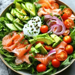 - 200g smoked salmon, sliced - 4 cups mixed salad greens (arugula, spinach, and butter lettuce) - 1 cup cherry tomatoes, halved - 1 cucumber, sliced - 1 small red onion, thinly sliced - 1 avocado, sliced - 1 tablespoon capers, rinsed and chopped - 1/4 cup fresh chives, finely chopped - 2 tablespoons Greek yogurt - 1 tablespoon lemon juice - 1 tablespoon olive oil - Salt and pepper to taste This salad shines with fresh ingredients. The smoked salmon adds rich flavor. Each bite bursts with freshness. I love the mix of greens. Arugula brings a peppery taste. Spinach adds earthiness, while butter lettuce gives a soft crunch. Cherry tomatoes bring sweetness and color. Their juicy pop is delightful. Sliced cucumber cools the salad. It adds a nice crunch, too. Red onion gives a sharp bite that contrasts well. Avocado brings creaminess. Its smooth texture balances the dish. When I slice it, I always choose ripe ones for the best taste. Now, let’s talk dressing. Capers give a briny kick. They pair well with the salmon. Fresh chives add a mild onion flavor. I love how they brighten the salad. Greek yogurt makes the dressing creamy without being heavy. It adds a tang that works well with lemon juice. The olive oil ties everything together, adding richness. Salt and pepper round out the flavor. Adjust to your taste. You can find the full recipe at the end of this section. In a large bowl, combine mixed salad greens, cherry tomatoes, cucumber, red onion, and avocado. Toss gently to mix all ingredients. This step is key for a fresh base. The greens should be crisp, and the veggies colorful. In a separate small bowl, whisk together chopped capers, chives, Greek yogurt, lemon juice, and olive oil. Season the dressing with salt and pepper to taste. This dressing adds a bright and tangy flavor. It lifts the salad and complements the smoked salmon beautifully. Drizzle the caper chive dressing over the salad and toss gently. This ensures every bite is full of flavor. Next, artfully lay the smoked salmon slices on top of the salad. The salmon provides a rich, savory taste. It makes the salad feel special and elegant. You can find the full recipe [here]. Enjoy this delightful dish! Serve the salad in a large, shallow bowl for visual appeal. This makes it look vibrant and inviting. Drizzle extra drops of lemon juice on top for added freshness. It brightens the dish and makes it more appealing. You can experiment with herbs like dill or parsley in the dressing. These herbs add depth and complexity to the taste. Fresh lemon zest can elevate the flavor profile too. It gives a bright and zesty kick that enhances the dish. Opt for ripe avocados for creaminess. They add a smooth texture that pairs well with the salmon. Consider toasting nuts or seeds for added crunch. This contrast makes every bite more satisfying. Feel free to check out the Full Recipe for more detailed steps and tips! {{image_2}} You can switch out the smoked salmon for grilled chicken or shrimp. Both options add unique flavors and keep the dish light. If you want a different crunch, try using kale or romaine instead of mixed salad greens. These greens bring a new texture and taste to the salad. If you want a twist on the dressing, swap Greek yogurt for sour cream or tahini. Each option gives a different flavor profile. For a bright and tangy taste, mix lemon juice, olive oil, and mustard to create a simple lemon vinaigrette. This dressing pairs well with the salad's fresh ingredients. To make the salad even healthier, toss in quinoa or chickpeas. Both add protein and fiber without compromising taste. For a sweet touch, add seasonal fruits like berries or apple slices. These fruits not only boost nutrition but also bring a delightful contrast to the savory elements in the dish. Store leftover salad without the dressing in an airtight container for up to 2 days. This helps keep the greens crisp and fresh. Keep the dressing separate for best flavor and freshness. When you’re ready to eat, just drizzle it on the salad. Avoid freezing the salad. Fresh ingredients lose texture and taste when thawed. If you want to prepare in advance, consider freezing the dressing in an ice cube tray. This way, you can easily thaw a single serving when you need it. Gently toss salad components before serving to restore freshness. This helps mix flavors and makes the salad look nice. Use fresh ingredients when prepping for maximum taste. This will ensure that each bite is as good as the first. It lasts up to 2 days when stored properly without the dressing. Keep it in an airtight container in the fridge. The flavors stay fresh, but the greens might wilt over time. Check the salad before eating. If it looks or smells off, it's best to toss it. Yes, prepare the ingredients ahead. Chop your veggies and store them separately. This keeps them crisp. Add the dressing just before serving to ensure freshness. This way, you enjoy a crunchy salad every time. You can even mix and match ingredients based on what you have. Grilled chicken, shrimp, or tofu can all be excellent substitutes for smoked salmon. Each protein brings a different taste. Chicken adds heartiness, shrimp gives a sweet touch, and tofu offers a plant-based option. Experiment with your favorite! This blog post shows how to make a delicious smoked salmon salad. We covered the ingredients, from greens to the caper chive dressing. I shared tips for great presentation and new ways to customize your salad. Keeping leftovers fresh and tasty is also easy. Remember, salads can be fun and versatile. Enjoy trying different proteins and flavors to make this dish your own. Your next meal can be simple and yummy!
