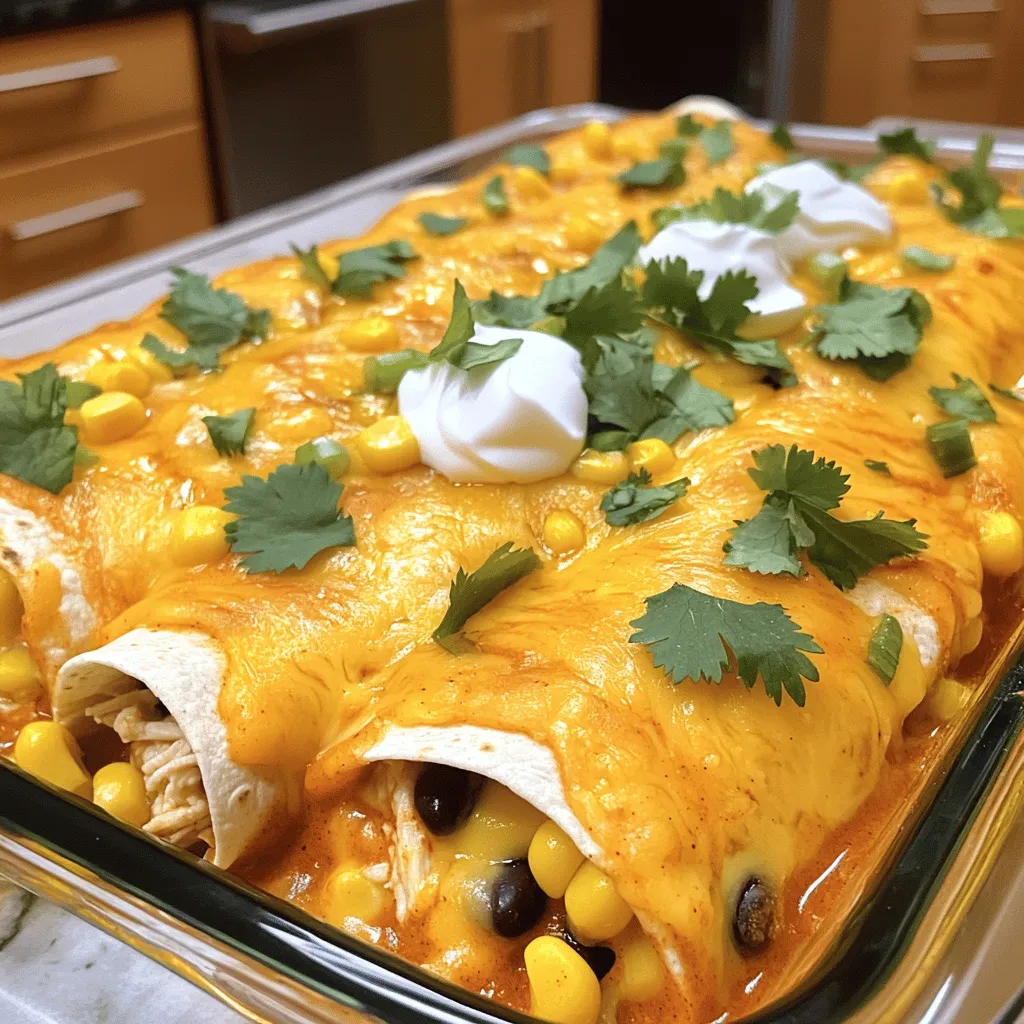 - 2 cups cooked shredded chicken - 1 cup sharp cheddar cheese, shredded - ½ cup cream cheese, softened - 1 can (10 oz) enchilada sauce - 1 teaspoon garlic powder - 1 teaspoon cumin - 8 small flour tortillas - 1 cup black beans, rinsed and drained - ½ cup corn (fresh or frozen) - Salt and pepper to taste - Fresh cilantro for garnish The ingredients for Easy Chicken Enchiladas are simple and tasty. You need cooked shredded chicken, which adds protein and flavor. I love using sharp cheddar cheese for its rich taste. Cream cheese makes the filling creamy and smooth. Enchilada sauce gives the dish a zesty kick. Make sure to have garlic powder and cumin in your spice rack. They add warmth to the dish. For the base, I choose small flour tortillas. They hold the filling well and are soft to bite. Black beans and corn add texture and nutrition. Lastly, don't forget salt and pepper to make everything pop! - Sour cream - Salsa - Avocado slices Optional toppings can really elevate your meal. I recommend sour cream for creaminess. Salsa adds a fresh, zesty note. Avocado slices bring in healthy fats and taste great. Feel free to mix and match these toppings to suit your taste! For the complete recipe, check out the Full Recipe. - Preheat the oven to 350°F (175°C). - Prepare a 9x13 inch baking dish with enchilada sauce. Start by setting your oven. This step is key for cooking the enchiladas evenly. While the oven heats, grab your baking dish. Coat the bottom of the dish with half a cup of enchilada sauce. This helps prevent sticking and adds flavor. - Mix the chicken filling ingredients together. - Roll the tortillas with the filling and place them in the baking dish. In a large bowl, combine the cooked shredded chicken, cream cheese, and half a cup of sharp cheddar cheese. Add garlic powder, cumin, black beans, corn, salt, and pepper. Mix well until everything blends nicely. This filling is what makes your enchiladas tasty. Now, take a tortilla and scoop 2-3 tablespoons of the chicken mixture into the center. Roll it up tightly and place it seam-side down in the baking dish. Repeat this for all tortillas until you finish the filling. - Bake covered and then uncovered for optimal cheese texture. - Tips for checking doneness. Cover the dish with aluminum foil and bake for 20 minutes. This keeps the heat in and makes the filling warm. After 20 minutes, remove the foil. Bake for another 10 minutes. This helps the cheese melt and turn golden. To check if they are done, look for bubbly cheese and a light golden color. If you see this, your enchiladas are ready! Enjoy your delicious meal. - Use leftover chicken for quicker preparation. - Adjust spice level to taste with optional ingredients. Using cooked chicken cuts down your time. Shredded rotisserie chicken works great too. You can add jalapeños if you like heat. Or use mild cheese for a softer flavor. - Serve with sour cream and cilantro. - Add a side of salsa for extra flavor. For a nice look, sprinkle fresh cilantro on top. A scoop of sour cream adds creaminess. Serve with a bowl of salsa for dipping. This gives your meal a fresh kick. - Overstuffing tortillas leading to spills. - Not preheating the oven properly. Be careful not to pack too much filling into each tortilla. This helps keep them intact. Always preheat your oven. This ensures your enchiladas cook evenly and get bubbly. {{image_2}} You can easily make these enchiladas vegetarian. Just swap the chicken for black beans or tofu. Both options add protein and flavor. Black beans give a creamy texture. Tofu absorbs the flavors well. You can season tofu with spices to match the dish. This swap makes the meal just as tasty and satisfying. Want to change up the flavor? Try a green enchilada sauce instead! It adds a zesty kick. The green sauce pairs well with the chicken and cheese. If you love spicy food, go for a red sauce with a kick. Each sauce brings a unique twist to the meal. Feel free to mix and match for your perfect plate! Using different cheese can make your enchiladas special. You can try Monterey Jack or pepper jack cheese. These cheeses melt nicely and add unique flavors. Mixing cheeses can also give a great taste. Experiment with your favorites to find the best combo. Your enchiladas will be even more delicious! For the full recipe, check out Easy Cheesy Chicken Enchiladas. To store leftovers, cool the enchiladas first. Place them in an airtight container. They can stay in the fridge for about 3 to 4 days. This way, you keep them fresh and tasty. You can freeze enchiladas before or after baking. If freezing before baking, wrap them tightly in foil. For after baking, let them cool completely, then store them in a freezer-safe container. They last up to 3 months in the freezer. When you're ready to eat, thaw them in the fridge overnight. For reheating, bake them at 350°F (175°C) until hot. This keeps the tortillas soft and the cheese melted. Enjoy your easy chicken enchiladas again! For the full recipe, check out the Easy Cheesy Chicken Enchiladas . To make Easy Chicken Enchiladas, start by mixing cooked shredded chicken with cream cheese, cheddar cheese, garlic powder, cumin, black beans, corn, salt, and pepper. This mix is the heart of your enchiladas. Next, place some filling in a tortilla, roll it up, and lay it seam-side down in a baking dish. Pour enchilada sauce over the rolls and sprinkle with cheese. Bake at 350°F for about 30 minutes. This method ensures a tasty and quick meal. For detailed steps, check the Full Recipe. Yes, you can use corn tortillas instead of flour. Corn tortillas add a unique flavor and texture. They are also gluten-free, which is great for those with gluten allergies. Keep in mind that corn tortillas may break more easily when rolling. To help with this, warm them slightly in a pan or microwave before use. This will make them more pliable. Chicken Enchiladas taste great with various sides. Here are some ideas: - Mexican rice - Refried beans - Fresh guacamole - Salsa - A simple green salad These sides complement the flavors of the enchiladas and add freshness to your meal. Cooking Chicken Enchiladas takes about 30 to 40 minutes. This includes 20 minutes covered and 10 minutes uncovered for the cheese to melt and bubble. Prepping the ingredients only takes about 15 minutes. So, in less than an hour, you can enjoy a delicious meal. Yes, you can prepare enchiladas ahead of time. Assemble them and cover the baking dish with plastic wrap. Store in the fridge for up to 24 hours before baking. This saves time on busy days. You can also freeze them before baking. Just remember to thaw them overnight in the fridge if you freeze them. - Easy Cheesy Chicken Enchiladas This blog shared all you need for tasty chicken enchiladas. We listed simple ingredients and guided you through each step. You learned tips to make cooking easier and how to avoid common mistakes. Flavor twists and storage ideas help keep things fun. Now you can create these enchiladas to impress friends and family. Enjoy making and sharing this delicious dish!