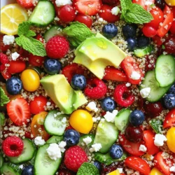 For this healthy summer salad bowl, we use a mix of vibrant, fresh ingredients. Here's what you will need: - 1 cup quinoa, rinsed - 2 cups water or vegetable broth - 1 cup mixed berries (strawberries, blueberries, raspberries) - 1 cup cucumber, diced - 1 cup cherry tomatoes, halved - 1/2 cup red bell pepper, diced - 1/4 cup red onion, finely chopped - 1 avocado, diced - 1/4 cup fresh mint leaves, chopped - 1/4 cup feta cheese, crumbled (optional) - 3 tablespoons olive oil - 1 tablespoon lemon juice - Salt and pepper to taste Each ingredient brings unique health benefits. - Quinoa is a great source of protein and fiber. It helps keep you full. - Berries are full of antioxidants. They boost your immune system and support heart health. - Cucumber keeps you hydrated. It’s low in calories and high in vitamins. - Cherry tomatoes are rich in vitamins C and K. They also support skin health. - Red bell pepper is high in vitamin A. It helps with vision and skin health. - Red onion contains antioxidants. It can help lower blood pressure. - Avocado is packed with healthy fats. It promotes heart health and skin glow. - Mint leaves can aid digestion. They also add a refreshing flavor. - Feta cheese adds calcium and protein. It enhances flavor and richness. - Olive oil is a heart-healthy fat. It can reduce inflammation and improve heart health. - Lemon juice adds vitamin C and brightens flavors. It helps with digestion. You can customize your salad to fit your taste. Here are some great ideas: - Protein Options: Add grilled chicken, chickpeas, or shrimp for extra protein. - Nutty Crunch: Toss in some walnuts or almonds for a delightful crunch. - Greens: Spinach or arugula can add more nutrients and flavor. - Cheese Alternatives: Use goat cheese or skip cheese for a dairy-free option. - Herbs: Try basil or parsley for a different twist. - Dressings: Explore balsamic vinaigrette or yogurt-based dressings for variety. Feel free to mix and match based on what you enjoy! For the full recipe, check out the detailed instructions to create this refreshing quinoa and berry bliss salad. First, rinse the quinoa in cold water. This helps remove any bitter taste. Next, take a medium pot and add the rinsed quinoa and two cups of water or vegetable broth. Bring this mixture to a boil over medium-high heat. Once it starts boiling, lower the heat and cover the pot. Let it simmer for about 15 minutes. You want the quinoa to be fluffy and the liquid should be gone. After cooking, remove it from heat and let it cool for a few minutes. While the quinoa cools, chop up the fresh vegetables and berries. Dice the cucumber, red bell pepper, and avocado. Halve the cherry tomatoes. Then, rinse your mixed berries. I like to use strawberries, blueberries, and raspberries for a bright mix. Make sure to use a sharp knife for clean cuts. This keeps everything looking fresh and tasty. Now, it's time to bring everything together. In a large mixing bowl, combine the cooled quinoa, chopped vegetables, and berries. Add in the fresh mint leaves for a burst of flavor. In a small bowl, whisk together three tablespoons of olive oil, one tablespoon of lemon juice, salt, and pepper to taste. Pour this dressing over your salad and toss gently. If you like, sprinkle some crumbled feta cheese on top for extra flavor. You can serve it right away or let it chill in the fridge for about an hour. This helps the flavors mix well. Enjoy your refreshing quinoa & berry bliss salad! For the full recipe, check out the detailed instructions. To cook quinoa well, start with rinsing it. Rinsing helps remove any bitter taste. Use a medium pot for cooking. Combine one cup of quinoa with two cups of water or vegetable broth. Bring it to a boil over medium-high heat. Once it boils, lower the heat, cover, and let it simmer for 15 minutes. After that, let it sit off the heat. This resting time lets the quinoa fluff up nicely. You can boost flavors in your salad bowl. Try adding a splash of balsamic vinegar. It adds a sweet and tangy twist. Fresh herbs like basil or cilantro work well too. They bring bright flavors that pop. For a little heat, add chopped jalapeños or a dash of hot sauce. You can also switch up the berries. Use blackberries or diced apples for a new taste. A beautiful salad is all about how you serve it. Use a large bowl to mix your ingredients. This helps with tossing and keeps it colorful. Layer the salad for a stunning look. Start with quinoa at the base, then add the veggies and berries. Finish with avocado and feta on top. For the final touch, sprinkle fresh herbs over everything. This not only looks great but also adds more flavor. For more on how to make this salad, check out the Full Recipe. {{image_2}} You can change ingredients based on what’s fresh. In summer, use ripe tomatoes. Swap berries for fresh peaches or watermelon in your salad. When autumn rolls around, consider using roasted squash or apples. These swaps keep your salad bright and exciting all year round. To make this salad more filling, add protein. Grilled chicken or shrimp pairs well with the flavors. If you want a plant-based option, try chickpeas or black beans. These additions bring texture and keep you satisfied for longer. A scoop of Greek yogurt can also add creaminess and flavor. Making this salad vegan is simple. Just skip the feta cheese and add more nuts or seeds for crunch. You can use gluten-free grains like millet or brown rice instead of quinoa. This keeps the meal light and healthy while catering to different diets. With these options, everyone can enjoy a bowl of this fresh salad. To keep your salad fresh, place leftovers in an airtight container. If you have dressing left, store it separately. Adding dressing too soon will make the salad soggy. Your salad can stay fresh in the fridge for up to three days. If you notice any changes in smell or look, toss it out. Meal prepping makes life easier. Cook and cool the quinoa ahead of time. Chop the veggies and berries, then store them in separate containers. When you're ready to eat, mix everything in a bowl. You can also pack the quinoa and veggies together for easy lunches. This way, you can enjoy a fresh meal without much fuss. Use glass or BPA-free plastic containers. They keep food fresh and help you see what’s inside. Choose containers with tight lids to avoid spills. For salads, I recommend using containers with dividers. This keeps the salad and dressing separate until you are ready to eat. The salad stays fresh for about three days. Store it in an airtight container. Keep it in the fridge. The veggies and fruits maintain their crunch and taste. However, the avocado may brown. To slow down browning, add lemon juice to the avocado before mixing it in. Yes, you can prepare the salad in advance. I recommend making it a day before you plan to eat. Just keep the dressing separate until serving. This will help keep everything crisp and fresh. Mix the dressing right before you’re ready to dig in. Several dressings pair nicely with this salad. A balsamic vinaigrette adds a sweet tang. A honey mustard dressing gives a nice twist. You can also try a simple olive oil and vinegar mix. Just ensure the dressing complements the fresh flavors of the salad. For more ideas, check out the Full Recipe. In this post, we explored fresh ingredients and their benefits. I shared step-by-step instructions for making a delicious salad. You learned tips for perfect quinoa and ways to enhance flavors. We discussed seasonal swaps and protein options for variety. Finally, we covered storage tips to keep your salad fresh. Now, as you enjoy your salad, remember the endless possibilities. Experiment and have fun with your ingredients. With these skills, you can make tasty meals anytime. Happy cooking!