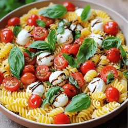 To make a delicious Caprese Pasta Salad, you need these key ingredients: - 12 oz fusilli pasta - 1 cup cherry tomatoes, halved - 1 cup fresh mozzarella balls (bocconcini or ciliegine) - 1 cup fresh basil leaves, torn - 3 tablespoons extra-virgin olive oil - 2 tablespoons balsamic glaze - Salt and pepper to taste - 1 clove garlic, minced - ¼ teaspoon red pepper flakes (optional) These ingredients bring together the fresh flavors of Italy in a simple dish. You can enhance your Caprese Pasta Salad with a few optional ingredients: - 1 small red onion, thinly sliced - ½ cup black olives, pitted and sliced - ½ teaspoon dried oregano - ½ cup arugula for a peppery kick These additions can create a unique twist on the classic recipe. If you can’t find an ingredient, here are some easy swaps: - Use penne or rotini instead of fusilli for the pasta. - Substitute burrata cheese for mozzarella for a creamier texture. - Try grape tomatoes if you can’t find cherry tomatoes. - Replace fresh basil with fresh spinach or parsley for a different taste. These substitutions keep the dish fresh and exciting. Check out the Full Recipe for detailed cooking steps! First, I start with 12 ounces of fusilli pasta. I cook it according to the package instructions. Aim for al dente, so it stays firm. Once done, I drain the pasta and rinse it under cold water. This cools the pasta and stops the cooking process. Next, I grab a large mixing bowl. In this bowl, I add the cooled pasta. Then, I mix in 1 cup of halved cherry tomatoes, 1 cup of fresh mozzarella balls, and 1 cup of torn basil leaves. I gently toss everything together, making sure the pasta and the other ingredients are well combined. Now, I prepare the dressing in a small bowl. I whisk together 3 tablespoons of extra-virgin olive oil, 1 clove of minced garlic, and 2 tablespoons of balsamic glaze. I also add salt, pepper, and ¼ teaspoon of red pepper flakes if I want a little heat. Once everything is mixed well, I pour the dressing over the pasta salad. I gently toss it again to coat all the ingredients evenly. For the best taste, I let the salad chill in the fridge for at least 30 minutes. This helps all the flavors blend perfectly. You can find the Full Recipe for more details. To cook pasta just right, start with a large pot of water. Add a good amount of salt. This helps the pasta taste great. Bring the water to a full boil before adding the fusilli. Stir the pasta often to keep it from sticking. Cook it until al dente, or firm to the bite. This usually takes about 8 to 10 minutes. Drain the pasta and rinse it under cold water. This stops the cooking and cools it down. Perfect pasta is key to a tasty Caprese pasta salad. To boost the flavors in your salad, use fresh ingredients. Fresh mozzarella and ripe tomatoes make a big difference. I love adding minced garlic for depth. The olive oil adds richness, while balsamic glaze gives a sweet tang. If you like a little heat, sprinkle in red pepper flakes. Letting the salad chill for at least 30 minutes helps the flavors blend. Taste it before serving, and adjust the salt and pepper as needed. Make your salad look beautiful with a few simple steps. Use a large, shallow bowl to show off the colors. Garnish with extra basil leaves for a fresh touch. A drizzle of balsamic glaze on top adds shine and flavor. You can also sprinkle some extra mozzarella for a fun look. This makes your Caprese pasta salad not just tasty, but also a feast for the eyes. Want the full recipe? Check out the Full Recipe section! {{image_2}} You can easily make a gluten-free version. Just swap the fusilli pasta for gluten-free pasta. Many options are available, like rice or quinoa pasta. This change keeps the salad tasty and light. You still get that same great flavor! For a vegetarian twist, ensure your mozzarella is made from non-animal rennet. If you want a vegan salad, you can skip the cheese or use vegan mozzarella. You can also add avocado for creaminess. This adds healthy fats and keeps the salad fresh. If you want a filling salad, add protein. Grilled chicken or shrimp works great. You can also add chickpeas for a plant-based option. Just toss them in with the other ingredients. This makes your Caprese Pasta Salad more satisfying without losing its fresh taste. For the complete recipe, check out the Full Recipe section. To store leftover Caprese pasta salad, place it in an airtight container. Ensure you cover it tightly to keep it fresh. This method helps maintain the salad's flavors and texture. You can refrigerate it for up to three days. If you plan to eat it later, keep the dressing separate. This will help the pasta and veggies stay crisp. Reheating Caprese pasta salad is not always needed. If you prefer it cold, just take it out of the fridge and enjoy. If you want it warm, heat it gently in a pan. Use low heat and stir often to avoid mushy pasta and wilted basil. A few minutes should be enough to warm it up without losing its fresh taste. Caprese pasta salad lasts about three days in the fridge. After that, the quality may decline. Always check for signs of spoilage, like an off smell or slimy texture. If you see these signs, toss the salad. To keep it safe, do not leave it out for more than two hours. These tips help ensure you enjoy your tasty salad without worries. I love using fusilli pasta for Caprese Pasta Salad. Its spiral shape holds the dressing well. You can also use penne or rotini if you prefer. Just make sure the pasta is al dente. This keeps it firm and gives a great bite. Yes, you can make this salad ahead of time! I often prepare it a few hours before serving. Just keep it in the fridge. This lets all the flavors mix nicely. However, it’s best to add the dressing just before serving. This keeps the pasta fresh. Caprese Pasta Salad is great on its own, but you can pair it with many dishes. Serve it alongside grilled chicken or fish for a full meal. It also works well with crusty bread. Don’t forget to garnish with fresh basil and balsamic glaze for a pretty touch. To keep your salad crisp, rinse the pasta with cold water after cooking. This stops the cooking and cools it down fast. Also, wait to add the dressing until right before serving. Storing it in an airtight container helps too. Caprese Pasta Salad is not only tasty but also good for you. It has fresh tomatoes, which are high in vitamins. Mozzarella adds protein and calcium. The olive oil provides healthy fats. Plus, basil is packed with antioxidants. This salad can be a balanced side or a light meal. For the full recipe, check out the details above. This blog post covered the key ingredients for Caprese Pasta Salad, along with cooking tips. You learned about essential and optional ingredients for great taste. I shared steps to prepare the salad and ways to enhance its flavor. You also found variations for different diets and tips for storage. In the end, Caprese Pasta Salad is easy, versatile, and delicious. Use the tips here to impress everyone at your next meal. Enjoy making it your own!