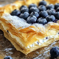 To create a delicious Blueberry Cheesecake Fillo Galette, gather these key ingredients: - 8 sheets of fillo dough - 1 cup ricotta cheese - 1 cup cream cheese, softened - 1/2 cup powdered sugar - 1 teaspoon vanilla extract - 2 cups fresh blueberries - 1 tablespoon lemon juice - Zest of 1 lemon - 1 egg (for egg wash) - 2 tablespoons melted butter (for brushing) - Pinch of salt - Additional powdered sugar for dusting (optional) These ingredients come together to form a creamy filling and a crispy crust. The blueberries add a sweet and tangy flavor that brightens the dish. You can elevate your galette with various toppings: - Whipped cream for a light touch - A drizzle of honey for extra sweetness - Fresh mint leaves for color and taste - A sprinkle of cinnamon for warmth These options can enhance your dessert and provide a lovely presentation. If you have allergies or preferences, consider these substitutions: - Use dairy-free cream cheese for a vegan option. - Swap out ricotta for a nut-based cheese if you're vegan. - Replace blueberries with raspberries or strawberries if desired. These adjustments keep the recipe flexible while ensuring everyone can enjoy this delightful dessert. Check out the Full Recipe for more guidance on making this treat your own! First, let's get ready to make this tasty treat. Preheat your oven to 375°F (190°C). Line a baking sheet with parchment paper to prevent sticking. Next, take one sheet of fillo dough and lay it flat on your clean surface. Brush it lightly with melted butter. Repeat this process with the remaining sheets, stacking them on top of each other. Each layer gets its own brush of butter. This helps the dough become crispy and golden. Now, let's make the cheesecake filling. In a bowl, mix the ricotta cheese, cream cheese, powdered sugar, vanilla extract, lemon juice, lemon zest, and a pinch of salt. Use a mixer or whisk until everything is smooth and creamy. This step is key for a tasty filling. Now it’s time to put everything together. Place the stack of fillo layers in the center of your baking sheet. Leave a large border around the edges. Spoon the cheesecake mixture into the middle. Spread it out evenly. Be sure to leave space around the edges for folding. Next, gently fold the edges of the fillo dough over the filling. It should create a rustic, open shape. Don’t worry if it looks imperfect; that’s the charm of a galette! Pinch the folds to keep everything secure. For a golden finish, beat an egg in a small bowl and brush it over the edges of the fillo. This will give it a lovely shine. Finally, scatter the remaining fresh blueberries over the cheesecake mixture for a pop of color and flavor. Place your galette in the preheated oven. Bake it for 25 to 30 minutes. You want it to be golden brown and crispy. Keep an eye on it to avoid burning. Once done, take it out and let it cool for a few minutes. Before serving, you can dust it with extra powdered sugar for a sweet touch. Now, slice it into pieces and enjoy this delightful blueberry cheesecake fillo galette. It’s sure to impress your friends and family! To get great fillo dough, keep it cool. Fillo dries out fast. Always cover the sheets with a damp towel while you work. This keeps them soft and easy to handle. Use at least eight layers for a nice, crunchy crust. Brush each layer with melted butter. This adds flavor and helps them stick together. For a smooth cheesecake, mix your cheeses well. Use a hand mixer for the best results. Start with room temperature cream cheese. This helps it blend easily with ricotta. Add the powdered sugar slowly. This way, it mixes in smoothly. Don’t overmix once you add the blueberries. You want to keep their shape and texture. Serve your Blueberry Cheesecake Fillo Galette warm or at room temperature. A scoop of vanilla ice cream pairs well with it. You can also serve it with fresh whipped cream. For a twist, add a drizzle of lemon glaze. It brightens the flavors. If you like, sprinkle some extra powdered sugar on top for a sweet touch. Enjoy your galette with a cup of herbal tea or coffee for a delightful treat. For the complete process, check the Full Recipe. {{image_2}} You can swap blueberries for other fruits. Raspberries, strawberries, or peaches work well. When using different fruits, adjust the sugar. Some fruits are sweeter than others. This keeps the balance right in your galette. For a fun twist, mix fruits. This adds color and flavor. Want to add some flair? Try mixing in chocolate or spices. A touch of cinnamon gives warmth. You can also use lemon zest for brightness. If you love chocolate, add cocoa powder to the filling. This creates a rich, creamy mix. You can sprinkle chocolate chips on top too! If you're gluten-free, look for gluten-free fillo dough. Many brands offer this option now. For a vegan version, swap cream cheese with cashew cream. Blend soaked cashews, lemon juice, and a touch of maple syrup. This creates a creamy filling without dairy. You can use a plant-based egg wash or skip it for a crispier finish. For the full recipe, refer to the ingredients and steps outlined above. To keep your Blueberry Cheesecake Fillo Galette fresh, place leftovers in an airtight container. Store it in the fridge for up to three days. Make sure it cools down completely before sealing it. This helps keep the fillo dough crisp as long as possible. When you're ready to enjoy your galette again, preheat your oven to 350°F (175°C). Place the galette on a baking sheet and cover it loosely with foil. Heat for about 10-15 minutes. This will warm it up and help restore some crispness to the fillo dough. You can freeze the Blueberry Cheesecake Fillo Galette if you want to save it for later. Wrap it tightly in plastic wrap and then in aluminum foil. It can last up to two months in the freezer. When you want to eat it, thaw it in the fridge overnight. Then, reheat it in the oven as mentioned above. This way, you can enjoy this delightful treat anytime! Making a Blueberry Cheesecake Fillo Galette takes about 50 minutes. This time includes 20 minutes for prep and 30 minutes for baking. You will love how fast and easy this dessert comes together! Yes, you can make this dessert ahead of time. You can prepare the cheesecake filling and the fillo dough. Store each in the fridge for up to two days. When ready to serve, assemble and bake the galette. It stays fresh and tastes great! This galette pairs well with whipped cream or vanilla ice cream. You can also serve it with fresh berries or a drizzle of chocolate sauce. These toppings add flavor and make it look even more appealing. Enjoy every bite of this tasty treat! You’ve learned all about creating a delicious Blueberry Cheesecake Fillo Galette. We covered essential ingredients, from primary components to tasty toppings. You now know the steps to prepare, assemble, and bake your dessert perfectly. I shared tips for great texture and how to store leftovers. Remember, you can explore variations to fit your taste or dietary needs. This dessert is both rewarding and fun to make. So, grab your ingredients and enjoy the process. Happy baking!