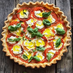 - 2 cups fresh ripe tomatoes, sliced - 1 cup mozzarella cheese, shredded - 1 cup ricotta cheese - 1/2 cup grated Parmesan cheese - 1/4 cup fresh basil, chopped - 1 garlic clove, minced - 1 teaspoon dried oregano - 1 teaspoon salt - 1/2 teaspoon black pepper - 1 pre-made pie crust (store-bought or homemade) - 2 tablespoons olive oil For this savory tomato pie, fresh ingredients make a big difference. Use ripe tomatoes for the best flavor. The mozzarella and ricotta cheeses create a creamy base. The Parmesan adds a nice salty touch. Fresh basil gives a bright and fragrant note, while garlic adds depth. When you choose your spices, consider their quality. Fresh herbs always win over dried ones. The olive oil helps everything blend and adds richness. The pre-made pie crust saves time, but feel free to make your own if you prefer. This dish combines all these flavors in a way that feels special yet easy to prepare. For the complete recipe, check out the Full Recipe section. Happy cooking! - Preheat your oven to 375°F (190°C). - Prepare the pie crust in a 9-inch pie dish. - Combine the ricotta, mozzarella, Parmesan, basil, garlic, oregano, salt, and pepper. - Layer half the tomatoes at the bottom of the pie crust. - Spread all of the cheese mixture evenly on top. - Top with the remaining tomatoes and sprinkle the rest of the mozzarella. - Drizzle with olive oil for added flavor. - Bake for 30-35 minutes until golden brown and bubbly. - Let it cool for 10 minutes before slicing. This pie is easy to make and packs a big flavor punch. You can follow the Full Recipe for detailed steps and tips to enhance your dish! - Look for fresh, ripe tomatoes for maximum flavor. - I love using heirloom or beefsteak tomatoes. Their taste is rich and sweet. - Inspect the skin; it should be smooth and bright. - Smell them! Fresh tomatoes have a lovely, earthy aroma. - Add caramelized onions for a sweet, rich taste. - Fresh herbs like thyme or rosemary can boost flavor. - Try a mix of cheeses! Blend mozzarella with feta for a tangy twist. - A hint of smoked paprika can add depth and warmth. - Serve it warm, garnished with fresh basil. It looks and tastes great! - Drizzle balsamic glaze around the pie for a beautiful finish. - Use a colorful plate to really make your pie stand out. - Slice it into wedges for easy serving at parties or dinners. For the full recipe, check out the instructions above and enjoy making this dish! {{image_2}} You can easily make this savory tomato pie more veggie-friendly. Consider adding spinach or other seasonal vegetables to boost flavor and nutrition. If you want a dairy-free version, simply replace cheese with vegan alternatives. This keeps the dish creamy and delicious without any dairy. Want to spice things up a bit? Add cooked bacon or sausage for a meaty twist. These flavors blend well with the tomatoes and cheese. You can also incorporate different herbs like thyme and rosemary for added depth. These herbs bring out the natural sweetness in the tomatoes. If you're looking for a gluten-free option, use a cauliflower crust. It adds a nice flavor and is lighter than traditional crusts. Another fun twist is to try a savory biscuit topping instead of pie crust. This gives you a unique texture and a comforting taste. Each variation lets you enjoy savory tomato pie in new ways. Feel free to mix and match to find your favorite! - Store any leftovers in an airtight container. - It can last in the fridge for 3-4 days. Keeping your savory tomato pie fresh is easy. Just remember to seal it well. This way, you can enjoy it again without losing flavor. - Wrap tightly and freeze for up to 2 months. - Thaw overnight in the refrigerator before reheating. Freezing works great if you want to save some pie for later. Just make sure it’s wrapped well to avoid freezer burn. Thawing overnight helps keep the texture nice. - Warm in the oven at 350°F (175°C) for best results. - Microwave for a quick reheat option, though crust may lose crispiness. For the best taste, I suggest reheating in the oven. It brings back that lovely crisp crust. If you're in a rush, the microwave works, but the crust may not be as good. Check out the Full Recipe to create your own savory tomato pie and enjoy! To make a flaky pie crust, start with cold ingredients. Use: - 1 1/4 cups all-purpose flour - 1/2 cup unsalted butter, chilled and diced - 1/4 teaspoon salt - 2-4 tablespoons ice water 1. In a bowl, mix flour and salt. 2. Cut in butter until it looks like crumbs. 3. Add ice water, one tablespoon at a time, until the dough holds together. 4. Shape into a disk, wrap in plastic, and chill for 30 minutes. 5. Roll out on a floured surface until it fits your pie dish. This crust is tasty and easy, perfect for Savory Tomato Pie. Yes, you can use canned tomatoes. They are convenient and save time. Here are some pros and cons: Pros: - Canned tomatoes are often picked at peak ripeness. - They are available year-round, so you can make this dish anytime. - They are already cooked, which can save cooking time. Cons: - Canned tomatoes can be softer, which may change the texture. - They might have added salt or preservatives, which can affect flavor. If using canned tomatoes, drain them well to avoid a soggy pie. Yes, you can prepare Savory Tomato Pie ahead of time. Here’s how: 1. Prepare the pie: Assemble the pie as directed. 2. Storage: Cover it tightly with plastic wrap and refrigerate. 3. Baking: You can bake it later. Just add 5-10 extra minutes to the baking time. Making it ahead of time can help you enjoy a stress-free dinner. This blog post covered a tasty tomato pie recipe, including essential ingredients and step-by-step instructions. You learned about adding spices, variations, and storage tips. Remember to choose fresh ingredients for the best flavor. Don't shy away from experimenting with additions or substitutes to make the dish your own. Enjoy cooking and sharing this pie with others!